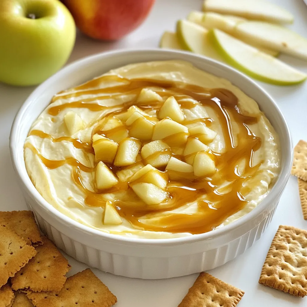 - 8 oz cream cheese, softened - 1/4 cup powdered sugar - 1/2 cup sour cream The base of this dip is the cream cheese. It gives the dip its rich and creamy texture. Powdered sugar adds sweetness without any graininess. Sour cream brings a nice tang that balances the flavors. - 1/2 teaspoon vanilla extract - 1 teaspoon lemon juice - 1/2 teaspoon ground cinnamon Vanilla extract adds a warm, sweet note. Lemon juice brightens the dip and keeps the apples fresh. Ground cinnamon gives that cozy fall flavor, making every bite special. - 1/2 cup caramel sauce (plus extra for drizzling) - 1 medium apple, diced - Optional dippers: graham crackers, apple slices, or pretzels Caramel sauce is a must. It gives a sweet finish and a beautiful drizzle. Apples provide crunch and sweetness. For fun, use graham crackers, pretzels, or more apple slices to dip into the creamy goodness. {{ingredient_image_1}} 1. Start by taking 8 ounces of softened cream cheese. Place it in a mixing bowl. 2. Use an electric mixer to beat the cream cheese until it becomes smooth and creamy. This step is key for a great dip. 3. Gradually add in 1/4 cup of powdered sugar and 1/2 teaspoon of vanilla extract. Mix until the mixture is fluffy and well combined. 4. Next, mix in 1/2 cup of sour cream. This adds a nice tang and keeps the dip smooth. 1. In a separate bowl, take one medium apple, diced into small pieces. 2. Squeeze in 1 teaspoon of lemon juice. This helps keep the apples fresh and bright. 3. Add 1/2 teaspoon of ground cinnamon. Stir well to coat the apples evenly. The cinnamon adds warmth and flavor. 1. Now, gently fold the caramel sauce into the cream cheese mixture. Use about 1/2 cup of caramel sauce, reserving some for later. 2. Add the diced apples with cinnamon. Fold everything together until it's evenly mixed. 3. Transfer the dip to a serving bowl. Drizzle extra caramel sauce on top for a beautiful finish. 4. Serve the dip with graham crackers, apple slices, or pretzels for dipping. Enjoy this sweet treat! To make this dip smooth, beat the cream cheese well. Start with softened cream cheese. Use an electric mixer to blend it until it's creamy. This step helps prevent lumps in your dip. After that, mix in the powdered sugar and vanilla extract. Blend until fluffy. When adding sour cream, fold it in gently. This keeps the texture light and smooth. Spices can boost the flavor of your dip. Ground cinnamon adds warmth and depth. You can also try nutmeg or ginger for a twist. For apples, choose a sweet and crisp variety. Honeycrisp or Fuji apples work well. These apples add extra flavor and crunch. Make your dip shine by using a nice serving bowl. A clear bowl shows the beautiful layers. Drizzle caramel sauce on top for a sweet touch. You can also use fresh apple slices or graham crackers for dipping. Arrange them around the bowl for a fun display. Use colorful plates or platters to catch the eye. Pro Tips Choose the Right Apple: For a balance of sweetness and tartness, opt for Granny Smith or Honeycrisp apples, which complement the creaminess of the dip. Keep Apples Fresh: Tossing the diced apples in lemon juice not only enhances flavor but also prevents browning, keeping your dip vibrant. Chill Before Serving: For the best flavor and texture, chill the dip in the refrigerator for about 30 minutes before serving to allow the flavors to meld. Experiment with Dippers: While graham crackers and apple slices are classic, try using pretzels for a salty contrast, or even cookies for a sweet twist! {{image_2}} You can make this dip healthier with a few easy swaps. First, try using Greek yogurt instead of sour cream. This change adds protein and reduces calories. Greek yogurt gives a nice creaminess too. Next, consider sugar substitutes. Options like stevia or monk fruit sweetener work well. These swaps keep the sweet taste without the extra calories. Add some fun by mixing in nuts. Chopped pecans or walnuts give a nice crunch. They also add healthy fats. You can also mix in chocolate or toffee bits. This gives a sweet surprise in every bite. It makes the dip even more delicious and exciting. For a fun twist, serve the dip with seasonal fruits. Slices of pear or fresh berries add color and flavor. You can also use this dip on a charcuterie board. Pair it with crackers, cheeses, and meats. This makes for a great party snack or dessert that everyone will love. To keep your caramel apple cheesecake dip fresh, refrigerate any leftovers. Place it in an airtight container. This helps prevent any strong odors from mixing with your dip. I recommend using a glass or plastic container with a tight seal. It keeps the dip creamy and delicious. In the fridge, this dip lasts about 3 to 5 days. If you see any change in color or smell, it may be spoiled. Always trust your senses. If it looks off or smells bad, throw it away. It's better to be safe than sorry! Yes, you can freeze the dip! However, the texture may change slightly after thawing. To freeze, scoop the dip into a freezer-safe container. Leave some space at the top for expansion. When you're ready to enjoy it, thaw it in the fridge overnight. Stir it well before serving to regain some creaminess. Caramel Apple Cheesecake Dip is a sweet treat that mixes flavors of apple and caramel. It has a creamy base made from cream cheese and sour cream. The dip is light and fluffy, with a sweet touch from powdered sugar and vanilla. Diced apples add a fresh crunch, while ground cinnamon brings warmth. Drizzling caramel on top adds a beautiful finish, making it hard to resist. Yes, you can make this dip ahead of time. Prepare it and store it in an airtight container in the fridge. This helps the flavors blend well. I suggest making it up to two days in advance for best results. Just add the caramel drizzle just before serving to keep it looking fresh. If you're looking for a cream cheese substitute, try using Greek yogurt or cottage cheese for a lighter option. These alternatives keep a creamy texture while offering different flavors. For a dairy-free choice, use cashew cream or a dairy-free cream cheese. These options fit various dietary needs while still tasting great. This caramel apple cheesecake dip is simple and fun to make. You combine cream cheese, sour cream, and flavor enhancers like vanilla and cinnamon. Just follow the steps to mix, prep, and assemble. You can even customize your dip with unique flavors or healthier swaps. Proper storage keeps your dip fresh for longer. Enjoy this delicious treat at your next gathering, and impress your friends with your skills!