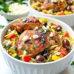 - 1 pound boneless, skinless chicken thighs, cut into bite-sized pieces - 1 cup orzo pasta - 1 medium onion, finely chopped - 3 cloves garlic, minced - 1 red bell pepper, diced - 1 zucchini, diced - 1 can (14 ounces) diced tomatoes, with juice - 2 cups chicken broth - 1 teaspoon dried oregano - 1 teaspoon dried thyme - 1 teaspoon smoked paprika - 1/2 cup feta cheese, crumbled - 1/4 cup Kalamata olives, pitted and halved - 2 tablespoons olive oil - Salt and pepper to taste - Fresh parsley, chopped (for garnish) Fresh ingredients make this dish shine. Always choose bright vegetables, like bell peppers and zucchini. Look for chicken that feels firm and has no discoloration. Use high-quality feta cheese for a richer taste. Fresh herbs also bring out the best flavor. The better your ingredients, the better your meal will be. You can swap chicken thighs for chicken breasts if you prefer leaner meat. If you want a vegetarian option, use chickpeas or lentils instead of chicken. For the orzo, other small pasta shapes like ditalini or farfalle work well. If you can’t find Kalamata olives, any pitted olives will do. Use vegetable broth instead of chicken broth for a lighter flavor. {{ingredient_image_1}} Making One Pot Greek Chicken Orzo is easy and fun. You cook everything in one pot, which cuts down on dishes. This dish is full of flavor and colorful veggies. You start by browning the chicken, then add the veggies and orzo. Finally, you let it simmer until the orzo is tender. 1. Heat olive oil in a large pot over medium-high heat. 2. Season the chicken pieces with salt and pepper. Add them to the pot. 3. Sauté the chicken until it turns brown, about 5 minutes. 4. Remove the chicken from the pot and set it aside. 5. Add chopped onion and minced garlic to the pot. Sauté until the onion is soft, about 3-4 minutes. 6. Stir in diced bell pepper and zucchini. Cook for another 3-4 minutes until they soften. 7. Add orzo pasta to the pot. Toast it for 1-2 minutes while stirring. 8. Pour in diced tomatoes, chicken broth, oregano, thyme, and smoked paprika. Stir to mix it all. 9. Return the chicken to the pot and bring the mix to a boil. 10. Reduce the heat to low and cover the pot. Let it simmer for 15-20 minutes. 11. Check the orzo to see if it's cooked and has absorbed most of the liquid. 12. Remove from heat and stir in crumbled feta cheese and Kalamata olives. 13. Taste and adjust seasoning with more salt and pepper if needed. 14. Garnish with chopped parsley before serving. Keep an eye on the heat. Too high, and the orzo may stick or burn. Stir often when toasting the orzo to avoid burning. Use a timer when simmering. This way, you’ll get perfect orzo every time. If you want extra flavor, let it simmer a little longer, but check the liquid level. You want a creamy texture, not dry. To make sure your orzo is just right, follow these tips. First, use enough water or broth when cooking. Orzo needs liquid to cook evenly. Stir the pasta often as it cooks. This helps it not stick together. When the orzo looks soft and the liquid is mostly gone, it’s ready. Remove it from heat quickly. This keeps it from getting mushy. To boost the flavor of your One Pot Greek Chicken Orzo, try these ideas. Add a squeeze of fresh lemon juice right before serving. This adds a bright taste. You can also mix in fresh herbs like basil or dill for extra aroma. If you want more spice, sprinkle in some red pepper flakes. The feta cheese adds creaminess, so don’t skip it! If you need a gluten-free meal, use gluten-free orzo. Many stores sell it now. You can also swap the chicken for chickpeas or lentils for a plant-based meal. Keep the same seasonings to maintain that Greek flavor. Always check labels on canned items like tomatoes and broth to ensure they are gluten-free. These adjustments let everyone enjoy this dish! Pro Tips Use Fresh Herbs: Fresh herbs like parsley or dill can elevate the dish's flavor profile. Add them just before serving for a burst of freshness. Choose Quality Olives: Opt for high-quality Kalamata olives for a richer taste. They can make a significant difference in the overall flavor of the dish. Don't Overcook the Orzo: Keep an eye on the orzo while it cooks; overcooking can lead to a mushy texture. Aim for al dente for the best bite. Add a Citrus Zing: A squeeze of fresh lemon juice just before serving can brighten the flavors and add a wonderful acidity to balance the richness of the dish. {{image_2}} If you want a vegetarian twist, swap the chicken for chickpeas or lentils. Both options add protein and fiber. Use one can of chickpeas or one cup of cooked lentils. Just sauté them the same way you would the chicken. This keeps the dish hearty and filling. You can also change up the veggies based on the season. In spring, try adding asparagus or peas. In the summer, fresh corn or tomatoes work well. In the fall, consider adding spinach or kale for extra nutrition. These choices add color and flavor to the dish. Feta cheese is a classic choice, but you can mix it up! Try goat cheese for a tangy touch. Mozzarella gives a creamy texture, while Parmesan adds a salty kick. Each cheese changes the taste and feel of the dish. Choose your favorite, or mix several for a unique blend. After you enjoy your One Pot Greek Chicken Orzo, let it cool first. Place the leftovers in an airtight container. This keeps the meal fresh. Make sure to eat the leftovers within three to four days. If you want to keep it longer, freezing is a good option. You can freeze One Pot Greek Chicken Orzo for up to three months. Use a freezer-safe container or a heavy-duty freezer bag. Be sure to squeeze out as much air as you can. To reheat, let it thaw in the fridge overnight. Then, warm it in a pot over low heat. Add a splash of chicken broth or water to keep it moist. Cooked One Pot Greek Chicken Orzo will stay good for about four days in the fridge. If you freeze it, it can last for about three months. Always check for signs of spoilage, like off smells or changes in texture. Trust your senses to keep your meals safe and tasty! Yes, you can use other small pasta, like ditalini or couscous. Just adjust the cooking time. For example, ditalini takes about 8-10 minutes to cook. Couscous cooks even faster. If you use larger pasta, like penne, you’ll need to add more liquid. You can prepare this dish up to 24 hours in advance. Cook it as directed, then cool it and store it in a sealed container. When you are ready to eat, reheat it on the stove. Add a splash of broth to keep it moist. Serve this dish with a fresh Greek salad for a light touch. You can also pair it with crusty bread to soak up the sauce. Roasted vegetables like zucchini or bell peppers make a great side too. For a refreshing drink, try lemonade or iced tea. This blog post covered key ingredients and their importance in making One Pot Greek Chicken Orzo. I explained cooking steps in detail, with tips on timing and temperature. You learned how to adjust flavors and texture to suit your taste and diet. In summary, this dish offers flexibility and comfort. Try various ingredients and enjoy the process. Your kitchen can become a place for delicious meals and happy moments. Remember, cooking is about creativity and having fun. Happy cooking!