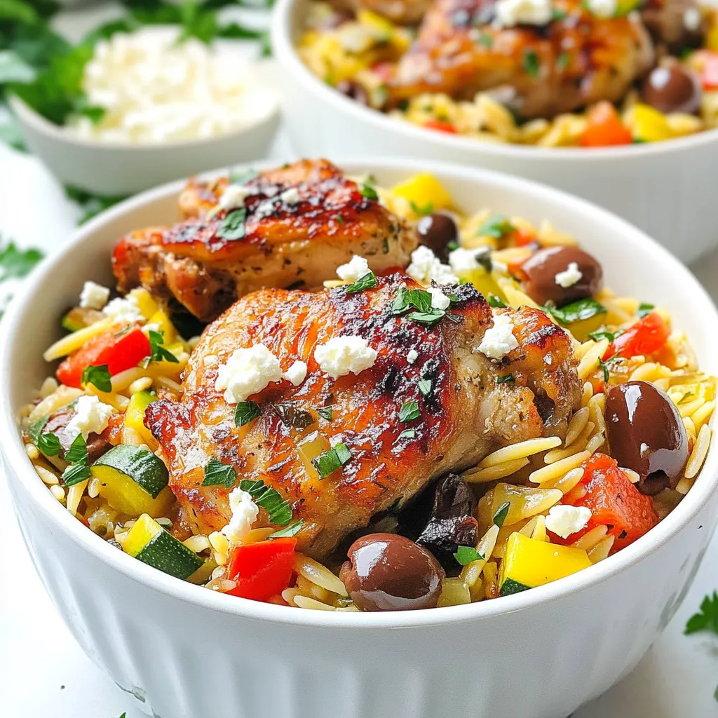 - 1 pound boneless, skinless chicken thighs, cut into bite-sized pieces - 1 cup orzo pasta - 1 medium onion, finely chopped - 3 cloves garlic, minced - 1 red bell pepper, diced - 1 zucchini, diced - 1 can (14 ounces) diced tomatoes, with juice - 2 cups chicken broth - 1 teaspoon dried oregano - 1 teaspoon dried thyme - 1 teaspoon smoked paprika - 1/2 cup feta cheese, crumbled - 1/4 cup Kalamata olives, pitted and halved - 2 tablespoons olive oil - Salt and pepper to taste - Fresh parsley, chopped (for garnish) Fresh ingredients make this dish shine. Always choose bright vegetables, like bell peppers and zucchini. Look for chicken that feels firm and has no discoloration. Use high-quality feta cheese for a richer taste. Fresh herbs also bring out the best flavor. The better your ingredients, the better your meal will be. You can swap chicken thighs for chicken breasts if you prefer leaner meat. If you want a vegetarian option, use chickpeas or lentils instead of chicken. For the orzo, other small pasta shapes like ditalini or farfalle work well. If you can’t find Kalamata olives, any pitted olives will do. Use vegetable broth instead of chicken broth for a lighter flavor. {{ingredient_image_1}} Making One Pot Greek Chicken Orzo is easy and fun. You cook everything in one pot, which cuts down on dishes. This dish is full of flavor and colorful veggies. You start by browning the chicken, then add the veggies and orzo. Finally, you let it simmer until the orzo is tender. 1. Heat olive oil in a large pot over medium-high heat. 2. Season the chicken pieces with salt and pepper. Add them to the pot. 3. Sauté the chicken until it turns brown, about 5 minutes. 4. Remove the chicken from the pot and set it aside. 5. Add chopped onion and minced garlic to the pot. Sauté until the onion is soft, about 3-4 minutes. 6. Stir in diced bell pepper and zucchini. Cook for another 3-4 minutes until they soften. 7. Add orzo pasta to the pot. Toast it for 1-2 minutes while stirring. 8. Pour in diced tomatoes, chicken broth, oregano, thyme, and smoked paprika. Stir to mix it all. 9. Return the chicken to the pot and bring the mix to a boil. 10. Reduce the heat to low and cover the pot. Let it simmer for 15-20 minutes. 11. Check the orzo to see if it's cooked and has absorbed most of the liquid. 12. Remove from heat and stir in crumbled feta cheese and Kalamata olives. 13. Taste and adjust seasoning with more salt and pepper if needed. 14. Garnish with chopped parsley before serving. Keep an eye on the heat. Too high, and the orzo may stick or burn. Stir often when toasting the orzo to avoid burning. Use a timer when simmering. This way, you’ll get perfect orzo every time. If you want extra flavor, let it simmer a little longer, but check the liquid level. You want a creamy texture, not dry. To make sure your orzo is just right, follow these tips. First, use enough water or broth when cooking. Orzo needs liquid to cook evenly. Stir the pasta often as it cooks. This helps it not stick together. When the orzo looks soft and the liquid is mostly gone, it’s ready. Remove it from heat quickly. This keeps it from getting mushy. To boost the flavor of your One Pot Greek Chicken Orzo, try these ideas. Add a squeeze of fresh lemon juice right before serving. This adds a bright taste. You can also mix in fresh herbs like basil or dill for extra aroma. If you want more spice, sprinkle in some red pepper flakes. The feta cheese adds creaminess, so don’t skip it! If you need a gluten-free meal, use gluten-free orzo. Many stores sell it now. You can also swap the chicken for chickpeas or lentils for a plant-based meal. Keep the same seasonings to maintain that Greek flavor. Always check labels on canned items like tomatoes and broth to ensure they are gluten-free. These adjustments let everyone enjoy this dish! Pro Tips Use Fresh Herbs: Fresh herbs like parsley or dill can elevate the dish's flavor profile. Add them just before serving for a burst of freshness. Choose Quality Olives: Opt for high-quality Kalamata olives for a richer taste. They can make a significant difference in the overall flavor of the dish. Don't Overcook the Orzo: Keep an eye on the orzo while it cooks; overcooking can lead to a mushy texture. Aim for al dente for the best bite. Add a Citrus Zing: A squeeze of fresh lemon juice just before serving can brighten the flavors and add a wonderful acidity to balance the richness of the dish. {{image_2}} If you want a vegetarian twist, swap the chicken for chickpeas or lentils. Both options add protein and fiber. Use one can of chickpeas or one cup of cooked lentils. Just sauté them the same way you would the chicken. This keeps the dish hearty and filling. You can also change up the veggies based on the season. In spring, try adding asparagus or peas. In the summer, fresh corn or tomatoes work well. In the fall, consider adding spinach or kale for extra nutrition. These choices add color and flavor to the dish. Feta cheese is a classic choice, but you can mix it up! Try goat cheese for a tangy touch. Mozzarella gives a creamy texture, while Parmesan adds a salty kick. Each cheese changes the taste and feel of the dish. Choose your favorite, or mix several for a unique blend. After you enjoy your One Pot Greek Chicken Orzo, let it cool first. Place the leftovers in an airtight container. This keeps the meal fresh. Make sure to eat the leftovers within three to four days. If you want to keep it longer, freezing is a good option. You can freeze One Pot Greek Chicken Orzo for up to three months. Use a freezer-safe container or a heavy-duty freezer bag. Be sure to squeeze out as much air as you can. To reheat, let it thaw in the fridge overnight. Then, warm it in a pot over low heat. Add a splash of chicken broth or water to keep it moist. Cooked One Pot Greek Chicken Orzo will stay good for about four days in the fridge. If you freeze it, it can last for about three months. Always check for signs of spoilage, like off smells or changes in texture. Trust your senses to keep your meals safe and tasty! Yes, you can use other small pasta, like ditalini or couscous. Just adjust the cooking time. For example, ditalini takes about 8-10 minutes to cook. Couscous cooks even faster. If you use larger pasta, like penne, you’ll need to add more liquid. You can prepare this dish up to 24 hours in advance. Cook it as directed, then cool it and store it in a sealed container. When you are ready to eat, reheat it on the stove. Add a splash of broth to keep it moist. Serve this dish with a fresh Greek salad for a light touch. You can also pair it with crusty bread to soak up the sauce. Roasted vegetables like zucchini or bell peppers make a great side too. For a refreshing drink, try lemonade or iced tea. This blog post covered key ingredients and their importance in making One Pot Greek Chicken Orzo. I explained cooking steps in detail, with tips on timing and temperature. You learned how to adjust flavors and texture to suit your taste and diet. In summary, this dish offers flexibility and comfort. Try various ingredients and enjoy the process. Your kitchen can become a place for delicious meals and happy moments. Remember, cooking is about creativity and having fun. Happy cooking!