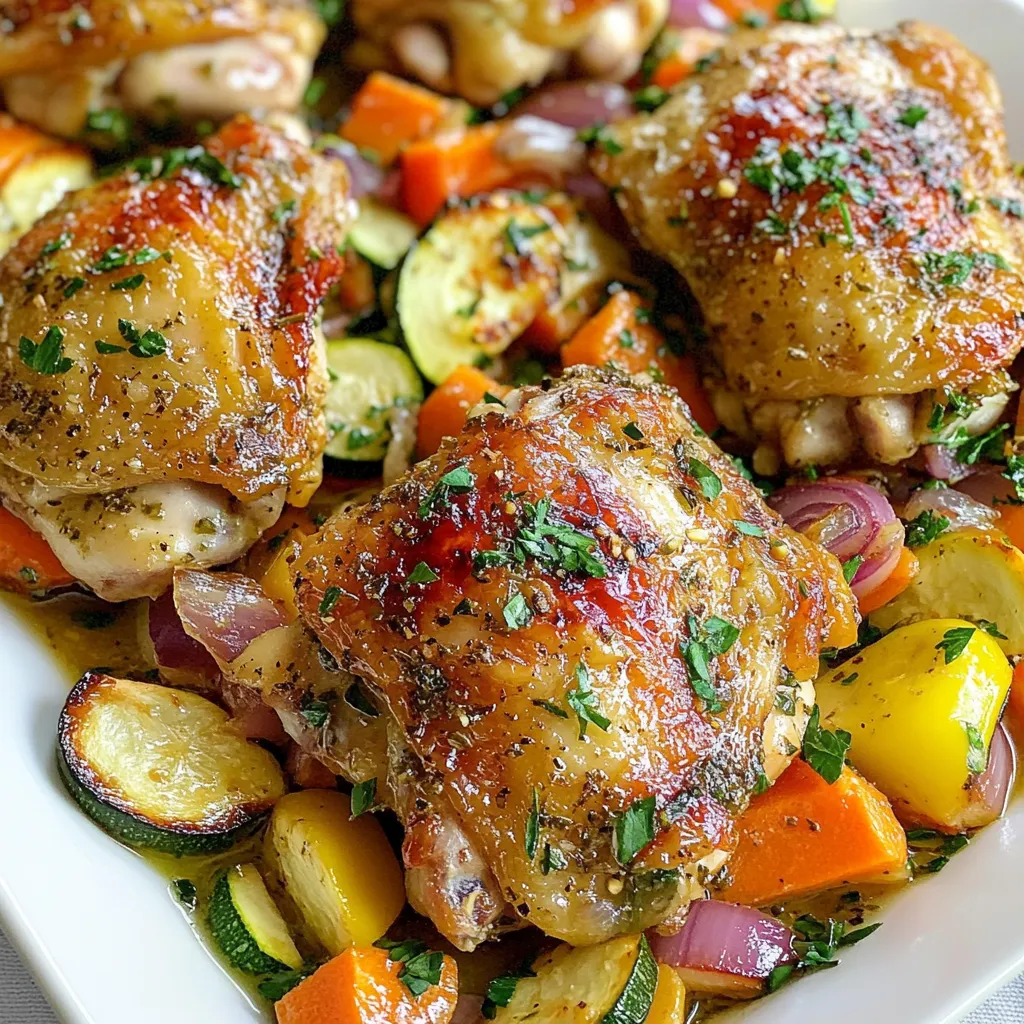 - 4 chicken thighs (bone-in, skin-on) - 1 tablespoon olive oil - 2 teaspoons dried oregano - 2 teaspoons dried thyme - 1 teaspoon garlic powder - Salt and pepper, to taste - 2 carrots, sliced - 1 zucchini, cut into half-moons - 1 red bell pepper, chopped - 1 small red onion, cut into wedges - 4 cloves garlic, whole and peeled - Juice of 1 lemon - Fresh parsley, for garnish For this dish, I use chicken thighs because they stay juicy and tender. The skin adds great flavor during roasting. Olive oil helps the herbs stick to the chicken and gives it a nice golden color. I like to use dried oregano and thyme for a classic taste. Garlic powder adds depth, while salt and pepper enhance the flavors. The vegetables are just as important. Carrots add sweetness and crunch. Zucchini provides a lovely texture, and red bell pepper brings a pop of color. The red onion gives a sweet, mild flavor, and whole garlic cloves roast beautifully. Finally, a squeeze of lemon juice brightens the dish. Fresh parsley on top makes it look fresh and inviting. This mix of ingredients makes herb roasted chicken and veggies a simple, hearty meal. {{ingredient_image_1}} Preheating the Oven First, set your oven to 425°F (220°C). This high heat helps the chicken and veggies roast perfectly. Preparing the Herb Mixture In a small bowl, mix 1 tablespoon of olive oil, 2 teaspoons of dried oregano, 2 teaspoons of dried thyme, and 1 teaspoon of garlic powder. Add a good pinch of salt and pepper. This blend packs a lot of flavor. Coating the Chicken Take four chicken thighs and pat them dry with paper towels. Rub the herb mixture all over the chicken. Make sure to get it under the skin. This method gives you juicy, tasty chicken. Arranging Vegetables and Chicken In a big bowl, toss together 2 sliced carrots, 1 sliced zucchini, 1 chopped red bell pepper, 1 small red onion cut into wedges, and 4 whole garlic cloves. Drizzle with olive oil, and add salt and pepper. Spread the veggies on a roasting pan. Place the chicken on top. Adding Flavor with Lemon Juice Squeeze the juice of 1 lemon over the chicken and veggies. This adds a fresh, zesty flavor that brightens the dish. Roasting Time and Temperature Roast everything in the oven for 35 to 40 minutes. The chicken should be golden brown and reach 165°F (75°C) inside. The veggies should be nice and tender. Let it rest for 5 minutes before serving. Enjoy your meal! Drying chicken is key. Moisture can prevent crispy skin. Use paper towels to pat the chicken thighs dry. This step helps the skin crisp and brown nicely. Getting seasoning under the skin is a game changer. After drying, rub your herb mix all over the chicken. Make sure to gently lift the skin and press in the herbs. This method lets the flavors soak in, giving you a tasty bite every time. Using a meat thermometer is the best way to check if your chicken is done. Insert it into the thickest part of the thigh. The internal temperature should reach 165°F (75°C). This ensures the chicken is safe to eat and juicy. Look for visual cues as well. The skin should be golden brown. The juices should run clear when you cut into it. If the juice is pink, cook it a bit longer. These signs help you serve perfectly roasted chicken every time. Pro Tips Dry the Chicken: Patting the chicken thighs dry with paper towels helps achieve a crispy skin when roasted. Use Fresh Herbs: If possible, substitute dried herbs with fresh ones for a more vibrant flavor. Mix Veggies: Feel free to add other seasonal vegetables like asparagus or Brussels sprouts for variety. Rest Before Serving: Letting the chicken rest for a few minutes after roasting allows the juices to redistribute, ensuring moist meat. {{image_2}} You can switch out vegetables to fit your taste. Here are some ideas: - Alternative Vegetables - Use broccoli instead of zucchini. - Swap bell peppers for asparagus. - Try sweet potatoes for a different flavor. - Add green beans for extra crunch. - Seasoning Variations - Instead of oregano, try basil or rosemary. - Use Italian seasoning for a quick flavor boost. - Add a splash of balsamic vinegar for depth. Herbs can change the whole dish. Here’s how to mix it up: - Fresh Herbs vs. Dried Herbs - Fresh herbs give a bright taste. - Use three times more fresh herbs than dried. - Mix fresh parsley or cilantro for a twist. - Adding Heat with Spices - Add red pepper flakes for a kick. - Use smoked paprika for a warm flavor. - Try curry powder for an exotic touch. To keep your herb roasted chicken and veggies fresh, start with proper cooling. Allow the dish to cool at room temperature for about 30 minutes. This step helps prevent moisture buildup. After cooling, use airtight containers for storage. Airtight containers keep your food fresh and tasty. Store the chicken and veggies together or separately, depending on your preference. Leftovers can last in the fridge for up to three days. You can also freeze them for longer storage. Just be sure to use freezer-safe bags or containers. You can reheat leftovers in either the oven or microwave. The oven gives the best results. Preheat your oven to 350°F (175°C). Place the chicken and veggies in a baking dish, then cover with foil. Heat for about 20-25 minutes, or until warmed through. The microwave is faster but can dry out the chicken. If you use the microwave, set it to medium power and heat for short bursts. Always check the chicken’s temperature. To keep it moist, add a splash of broth or water before reheating. Can I use chicken breasts instead of thighs? Yes, you can use chicken breasts. They will cook faster than thighs. I suggest checking them at 25-30 minutes. Make sure they reach 165°F for safety. The flavor will be different, but still delicious! How long does it take to cook chicken at 425°F? It takes about 35-40 minutes to cook chicken thighs at this temperature. The chicken should be golden brown and juicy. Always check the internal temperature to ensure it's safe to eat. Can this recipe be made gluten-free? Yes, this recipe is naturally gluten-free! All the ingredients used are safe. Just ensure your seasoning mixes are gluten-free. This way, you can enjoy it without worry. What are the nutritional benefits of this dish? This dish offers a balanced meal. Chicken thighs provide protein and healthy fats. The veggies add vitamins and minerals. Carrots bring beta-carotene, while bell peppers add vitamin C. This dish is colorful and good for you! Herb roasted chicken is simple and tasty. We covered the key ingredients, like chicken thighs and veggies, and shared step-by-step instructions for roasting. Tips helped maximize flavor and check doneness. Variations allowed for easy swaps in veggies and herbs. Lastly, proper storage keeps leftovers fresh and tasty. As you try this recipe, remember that the joy of cooking comes from experimenting. Enjoy your meal and make it your own!