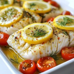 To make Lemon Dill Baked Cod, you need a few simple ingredients. Here’s what you will need: - 4 cod fillets (about 6 ounces each) - 2 tablespoons olive oil - 2 lemons (1 juiced and 1 sliced) - 2 tablespoons fresh dill, chopped - 2 cloves garlic, minced - Salt and pepper to taste - 1 teaspoon paprika - 1 cup cherry tomatoes, halved - Fresh dill sprigs for garnish You can swap out some ingredients if you prefer. For olive oil, use melted butter for a richer flavor. If you can’t find fresh dill, dried dill works too, but use less. You can also replace cherry tomatoes with bell peppers or zucchini. For lemon juice, lime juice can be a good alternative as well. When buying cod, look for fillets that are firm and moist. They should not have a strong fishy smell. Fresh lemons should feel heavy and have a bright, smooth skin. For dill, choose vibrant green sprigs without yellow or brown spots. These tips help you get the best flavor in your dish. {{ingredient_image_1}} First, gather your cod fillets. You want about four fillets, each weighing six ounces. Make sure they are fresh and firm to the touch. Rinse the fillets under cold water. Pat them dry with paper towels. This helps the marinade stick well. Lay the fillets in a baking dish. Now, it’s time to make the marinade. In a small bowl, combine two tablespoons of olive oil, the juice of one lemon, and two minced garlic cloves. Add two tablespoons of chopped fresh dill, a teaspoon of paprika, and salt and pepper to taste. Whisk this mixture until it blends well. This marinade brings a bright flavor to the cod. Pour the marinade over the cod fillets. Use a spoon to ensure they are covered well. Next, slice the second lemon and place the slices on top of the fillets. Scatter one cup of halved cherry tomatoes around the fish in the dish. Preheat your oven to 400°F (200°C). Bake the cod for 15 to 20 minutes. The fish should turn opaque and flake easily with a fork. Once done, let it rest for a minute. Garnish with fresh dill sprigs before serving. Enjoy your meal! To get the best flavor from cod, use a good marinade. I mix olive oil, lemon juice, garlic, dill, paprika, salt, and pepper. This blend adds zest and depth. The key is to coat the fish well. Let it sit for at least 15 minutes. This allows the flavors to soak in. If you have time, marinate it longer for even more taste. Cooking time can change based on your oven and cod fillet thickness. Typically, cod takes about 15-20 minutes at 400°F. Check for doneness by looking for opaque fish. It should flake easily with a fork. If your pieces are thicker, add a few extra minutes. Always keep an eye on them to avoid overcooking. One mistake is not using enough seasoning. Cod can taste bland if you skip the marinade. Another is crowding the baking dish. Give each fillet space to cook evenly. Lastly, don’t skip the resting time after baking. Letting it sit for a minute keeps the fish juicy and enhances the flavors. Pro Tips Tip for Freshness: Use the freshest cod fillets you can find for the best flavor and texture. Tip for Marinade: Allow the cod to marinate for at least 15 minutes before baking to enhance the flavors. Tip for Cooking: Avoid overcooking the cod; it should be opaque and flake easily when done. Tip for Serving: Serve with a side of steamed vegetables or a fresh salad for a complete meal. {{image_2}} You can add vegetables to your Lemon Dill Baked Cod for extra flavor and nutrition. Try using zucchini, bell peppers, or asparagus. Simply chop the veggies and place them in the baking dish with the cod. This mix will absorb the lemon and dill flavors. Bake as usual. Your dish will be colorful and tasty! If you want to switch things up, you can use other herbs. Fresh parsley or thyme can work well with cod. For a spicy kick, add red pepper flakes. Each herb gives a new twist to the dish. Feel free to experiment with your favorites. Your taste buds will thank you! Both grilling and baking bring out great flavors in cod. Baking gives you a moist fish with easy cleanup. Grilling adds a nice smoky flavor and crispy edges. If you grill, preheat your grill and oil the grates. Cook for about 4-5 minutes per side. Choose the cooking method that fits your style. Either way, you will enjoy a delicious meal! To keep your Lemon Dill Baked Cod fresh, store it in an airtight container. Make sure the cod is cool before putting it away. It will last in the fridge for up to three days. If you want to enjoy it later, freezing is a great option. When you are ready to eat your leftovers, preheat your oven to 350°F (175°C). Place the cod in a baking dish. Cover it with foil to keep it moist. Heat for about 10 to 15 minutes. Check if it's warm throughout. You can also use a microwave, but it may make the cod less flaky. If you want to freeze your Lemon Dill Baked Cod, wrap each fillet tightly in plastic wrap. Then place them in a freezer bag. Remove as much air as possible to avoid freezer burn. It will stay fresh for up to three months. When you want to eat it, thaw it overnight in the fridge before reheating. You can enjoy Lemon Dill Baked Cod with many sides. Here are some tasty options: - Steamed broccoli or green beans - Lightly seasoned rice or quinoa - A fresh green salad with lemon vinaigrette - Roasted potatoes for a hearty touch - Couscous with herbs for a fluffy side These sides balance the flavors of the cod. They add color and nutrition to your meal. Yes, you can use frozen cod. Just remember a few tips: - Thaw the cod in the fridge overnight. - You can also thaw it under cold running water for faster results. - Make sure to pat the fish dry before marinating. Frozen cod works well. It stays fresh and is often easy to find. You can tell cod is cooked when it looks opaque. Here are some signs to look for: - The fish should flake easily with a fork. - The internal temperature should reach 145°F (63°C). - The color should change from translucent to white. If you see these signs, your cod is ready to enjoy! You learned about essential ingredients, cooking steps, and smart tips for cod. These details help you make tasty Lemon Dill Baked Cod. Remember to swap ingredients wisely and check for quality. Avoid common mistakes to get the best results. Store leftovers correctly and use the reheating tips for a great meal later. Enjoy your delicious cod dish with fresh sides, making every bite special. With these simple methods, you can cook with confidence!