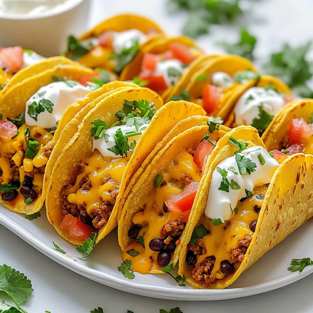 To make delicious oven baked cheesy tacos, you need some key ingredients. Here’s what you’ll need: - 12 taco shells - 1 lb ground beef or turkey - 1 tablespoon taco seasoning - 1 can (15 oz) black beans, drained and rinsed - 1 cup corn kernels (fresh or frozen) - 2 cups shredded cheddar cheese - 1 cup diced tomatoes - 1 jalapeño, finely chopped (optional) - 1 cup shredded lettuce - ½ cup sour cream (for serving) - Fresh cilantro, chopped (for garnish) These ingredients come together to create a tasty, cheesy delight. The taco shells hold all the goodness inside. The ground beef or turkey provides protein. Taco seasoning adds flavor. Black beans and corn give texture and nutrition. Shredded cheddar cheese makes everything creamy. Diced tomatoes add freshness, and the jalapeño gives a kick if you like spice. Toppings like shredded lettuce, sour cream, and cilantro complete the dish. Enjoy preparing these tasty tacos! {{ingredient_image_1}} Set your oven to 375°F (190°C). This step helps the tacos cook evenly. In a large skillet, cook 1 pound of ground beef or turkey over medium heat. Brown the meat, stirring often. Drain extra fat when it’s done cooking. Add 1 tablespoon of taco seasoning and ¼ cup of water. Stir well and cook for 2-3 minutes. The mix should thicken a little. In a large bowl, mix the cooked meat with 1 can of black beans, 1 cup of corn, and 1 cup of diced tomatoes. Add half of the shredded cheddar cheese into the bowl too. Stir the mixture until everything is well combined. Stand 12 taco shells upright in a baking dish. Spoon the meat and bean mixture evenly into each shell. Make sure to fill them well. Then, top each taco with the rest of the cheddar cheese and sprinkle chopped jalapeño on top if you like some heat. Cover the dish with aluminum foil and place it in the oven. Bake for 15 minutes. After that, remove the foil and bake for an extra 10-15 minutes. The cheese should be bubbly and turn a golden color. After baking, take the tacos out of the oven. Let them cool for a few minutes. Top them with shredded lettuce and the rest of the diced tomatoes. Finally, add fresh cilantro for a nice touch. Serve with sour cream on the side for dipping. Enjoy your tasty creation! For this recipe, I suggest using either ground beef or turkey. Ground beef gives a rich flavor, while turkey is leaner. You can also use a mix of both for a balanced taste. Choose a meat with around 80% lean to keep it juicy. To get that perfect cheese melt, use shredded cheddar cheese. It melts well and gives a nice, gooey texture. For extra flavor, mix in some Monterey Jack cheese. Make sure to sprinkle cheese on top before baking. This helps create a golden crust that everyone loves. When serving these tacos, add fresh toppings for a burst of flavor. I like to include shredded lettuce, diced tomatoes, and chopped cilantro. You can also add jalapeños for a kick. Serve with a side of sour cream to cool down the spice. Arrange the tacos on a platter and add lime wedges for a zesty touch. Enjoy! Pro Tips Use Fresh Ingredients: For the best flavor, opt for fresh vegetables and high-quality meat. Fresh ingredients enhance the overall taste of your cheesy tacos. Customize Your Spice Level: Adjust the amount of taco seasoning and jalapeño based on your preferred spice level. You can even add hot sauce for an extra kick! Experiment with Cheese: While cheddar is classic, feel free to mix in other cheeses like Monterey Jack or pepper jack for a unique twist on flavor. Make Ahead: You can prepare the filling a day in advance and store it in the refrigerator. Just assemble and bake when you’re ready to serve! {{image_2}} You can easily make these tacos vegetarian. Swap the meat for a mix of veggies. Use diced bell peppers, zucchini, and mushrooms. Black beans add protein and flavor. You can also add some cooked quinoa for extra texture. This mix keeps the dish hearty and filling. Don’t forget the cheese for that melty goodness! You have many choices for the protein in these tacos. Ground turkey and ground chicken are great alternatives. You can also use shredded rotisserie chicken for a quick option. For a richer taste, try chorizo. It adds a spicy kick and lots of flavor. Just remember to adjust the seasoning based on your choice. Adjusting the spice level is easy and fun. If you like it hot, add more jalapeños or some diced chipotle peppers. For a mild version, skip the jalapeños and use sweet bell peppers. You can also reduce the taco seasoning for less heat. Consider serving with a side of hot sauce for those who crave it! You can store leftover tacos in the fridge. Place them in an airtight container. They will stay fresh for up to three days. When you’re ready to eat them, just reheat. This method keeps the flavors intact. If you want to save them longer, freezing is a great option. Wrap each taco tightly in plastic wrap. Then, place them in a freezer bag. They will last for up to three months in the freezer. To eat, just thaw in the fridge overnight before reheating. To reheat, place the tacos in the oven. Set the oven to 350°F (175°C). Bake them for about 10-15 minutes. This keeps the shells crispy and the cheese melty. You can also use a microwave, but the shells may get soft. Enjoy your delicious tacos again! Yes, you can prepare the filling ahead of time. Cook the ground beef or turkey, then mix it with the black beans, corn, and spices. Store this mixture in the fridge for up to two days. When you're ready to bake, just fill the taco shells and add cheese. This saves time and makes dinner easier! You can get creative with toppings! Here are some ideas: - Shredded lettuce - Diced tomatoes - Chopped jalapeños - Sliced olives - Avocado or guacamole - Sour cream - Fresh cilantro These toppings add flavor and color. Pick your favorites to make your tacos shine! To make these tacos gluten-free, choose gluten-free taco shells. Many brands offer great options. Also, check your taco seasoning for gluten. Make sure it is labeled gluten-free. This way, everyone can enjoy these tasty tacos! You learned how to make oven-baked cheesy tacos with simple steps. We covered must-have ingredients and cooking tips. You can adjust flavors or switch proteins to fit your taste. Don’t forget to store leftovers or freeze them for later. Tacos are fun and easy to customize. Enjoy sharing them with friends and family. Making these tacos is sure to impress. Now, gather your ingredients and start baking! You'll love the results.