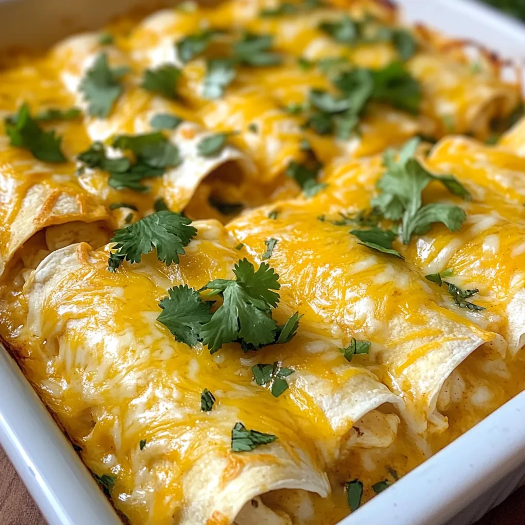 - 2 cups shredded cooked chicken - 1 cup Pepper Jack cheese, grated - 1 cup cheddar cheese, grated - 1 can (10 oz) enchilada sauce - 8 flour tortillas (8-inch size) - 1 small onion, finely chopped - 2 cloves garlic, minced - 1 teaspoon cumin - 1 teaspoon chili powder - 1 tablespoon olive oil - Salt and pepper to taste - Fresh cilantro, for garnish The key to great Pepper Jack chicken enchiladas lies in the ingredients. I use tender, shredded cooked chicken for a hearty filling. Pepper Jack cheese adds a nice kick, while cheddar gives that classic taste. The enchilada sauce ties everything together, so pick a brand you love. Flour tortillas are soft and easy to roll, making them perfect for this dish. I also add chopped onion and minced garlic for flavor depth. The spices, cumin and chili powder, bring warmth. A dash of salt and pepper rounds out the taste. For the final touch, fresh cilantro adds brightness when you serve. - Shredded rotisserie chicken - Different cheese alternatives - Whole wheat tortillas If you want to switch things up, use shredded rotisserie chicken for speed. You can try different cheeses too, like Monterey Jack or mozzarella. Whole wheat tortillas are a great choice if you prefer that option. - Medium skillet - Large baking dish - Mixing bowls - Cooking utensils Gather your tools before you start. A medium skillet helps cook the filling, while a large baking dish holds all those tasty enchiladas. Mixing bowls make it easy to combine ingredients. Have some cooking utensils ready for stirring and rolling. {{ingredient_image_1}} 1. Preheat your oven to 350°F (175°C). This is key for even cooking. 2. In a medium skillet, heat 1 tablespoon of olive oil over medium heat. Add 1 small chopped onion. Sauté for about 3-4 minutes until the onion turns translucent. 3. Add 2 minced garlic cloves to the skillet. Cook for an additional minute until you smell the garlic. 1. In the same skillet, stir in 2 cups of shredded cooked chicken, 1 teaspoon of cumin, and 1 teaspoon of chili powder. Add half of your enchilada sauce. Season with salt and pepper. Mix well and remove from heat. 2. In a separate bowl, combine 1 cup of grated Pepper Jack cheese and 1 cup of grated cheddar cheese. This mix adds creaminess to the dish. 3. Take an 8-inch flour tortilla. Spoon about 1/4 cup of the chicken mixture into the center. Sprinkle with a tablespoon of the cheese mixture. Roll it up tightly and place it seam-side down in a greased 9x13 inch baking dish. Repeat for all tortillas. 1. Once all tortillas are rolled, pour the remaining enchilada sauce over the top. Sprinkle with the remaining cheese. 2. Cover the baking dish with foil. Bake for 20 minutes. After this, remove the foil and bake for an extra 10 minutes. Look for bubbly and slightly golden cheese. 3. After baking, take it out and let it sit for a few minutes. This helps the flavors settle. Garnish with fresh cilantro before serving. To avoid soggy tortillas, heat them briefly before filling. This makes them more flexible and less likely to absorb too much sauce. You can warm them in a dry skillet for about 30 seconds on each side. Ensure even cheese melting by mixing both cheeses together. This blend helps them melt uniformly across the enchiladas. Sprinkle cheese on top right before baking for a nice, bubbly finish. For garnishing, fresh cilantro adds a pop of color and flavor. You can also add a dollop of sour cream or a slice of avocado. These toppings make the dish look more appealing and add creaminess. Serve the enchiladas in the baking dish or transfer them to a nice platter. If you use a platter, drizzle some extra enchilada sauce over the top for a beautiful finish. To kick up the flavor, try adding extra spices like smoked paprika or cayenne pepper. You can also mix in black beans or corn for added texture and taste. For toppings, consider sliced jalapeños for heat or fresh lime wedges for tang. These additions make the meal even more exciting and flavorful. Pro Tips Use Leftover Chicken: Shredded rotisserie chicken works perfectly for this recipe, saving you time and adding great flavor. Customize the Heat: Feel free to add diced jalapeños or a pinch of cayenne pepper to the chicken mixture for extra spice. Cheese Variations: Experiment with different cheeses like Monterey Jack or mozzarella for a unique flavor twist. Make Ahead: You can assemble the enchiladas a day in advance and store them in the refrigerator before baking for an easy meal prep option. {{image_2}} You can switch up the protein in these enchiladas. Ground beef or turkey works great. Just cook the meat in the skillet and follow the same steps. For a vegetarian twist, consider using beans. Black beans or pinto beans add a nice texture and flavor. Simply mash or mix them into the chicken filling for a hearty meal. If you love heat, add jalapeños or your favorite hot sauce. Just chop the jalapeños and mix them into the filling. You can also use Spicy Pepper Jack cheese for an extra kick. This cheese melts well and adds a delightful flavor that enhances each bite. You can change the sauce to suit your taste. Try using green enchilada sauce for a fresh, tangy flavor. For a homemade touch, make your own enchilada sauce. Combine crushed tomatoes, chili powder, and cumin in a pot. Cook it until thick, and pour it over your enchiladas. This adds a personal flair to your dish. To store your leftover Pepper Jack chicken enchiladas, let them cool first. Then, place them in an airtight container. You can keep them in the fridge for up to 3 days. Make sure to cover them well to prevent drying out. If you want to keep them longer, freeze the enchiladas. Wrap them tightly in plastic wrap and then place them in a freezer-safe bag. They will last for about 2 to 3 months in the freezer. When reheating, you have two great options: the oven or the microwave. The oven is best for keeping the enchiladas crispy. Preheat the oven to 350°F (175°C). Place the enchiladas in a baking dish and cover them with foil. Bake for about 20 minutes or until heated through. The microwave is faster but can make them soggy. If you choose this method, heat them in short bursts. Check every minute to avoid overcooking. In the fridge, your enchiladas will stay fresh for about 3 days. If you freeze them, they can last 2 to 3 months. Just remember that the longer they sit, the more the texture may change. Enjoy your meal while it's fresh for the best taste! Yes, you can prepare enchiladas a day ahead. Simply follow the steps up to baking. After filling the tortillas, cover the dish and store it in the fridge. When ready, bake them straight from the fridge, adding a few extra minutes to the cooking time. This method keeps the flavors fresh and makes dinner easy. To make these enchiladas gluten-free, swap the flour tortillas for corn tortillas. They work well and add a nice flavor. Also, check the enchilada sauce label to ensure it is gluten-free. Most brands do offer gluten-free options. Serve these enchiladas with simple sides like: - Mexican rice - Refried beans - Corn salad - Avocado slices - Fresh salsa These sides add balance and flavor to your meal. Absolutely! You can mix and match cheeses. Some great options include: - Monterey Jack - Mozzarella - Queso Blanco Feel free to get creative with flavors that you enjoy. Enchiladas are done when the cheese is bubbly and lightly golden. You will also notice the sauce is simmering around the edges. If you're unsure, you can use a food thermometer; the center should reach 165°F (74°C). In this post, I shared a simple recipe for Pepper Jack Chicken Enchiladas. You learned about the key ingredients, easy steps, and useful tips to enhance flavor. Remember, you can adjust the recipe to fit your taste with substitutions or variations. Don't hesitate to experiment with different proteins or spices. Whether you're making these for dinner or a gathering, they'll surely impress. Enjoy creating a dish that warms hearts and satisfies hunger. Happy cooking!