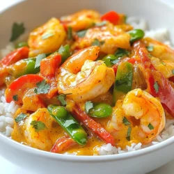 To make spicy coconut curry shrimp, you need the following ingredients: - 1 pound large shrimp, peeled and deveined - 1 can (14 oz) coconut milk - 2 tablespoons red curry paste - 1 tablespoon ginger, grated - 2 garlic cloves, minced - 1 medium onion, finely chopped - 1 bell pepper (red or yellow), sliced - 1 cup snap peas, trimmed - 1 tablespoon lime juice - 1 tablespoon fish sauce (or soy sauce for a vegetarian option) - 2 tablespoons vegetable oil - Fresh cilantro, for garnish - Salt and pepper to taste If you don’t have an ingredient, don’t worry! Here are some easy swaps: - Use shrimp of any size; just adjust cooking time. - Coconut cream can replace coconut milk for a thicker sauce. - If you lack red curry paste, yellow or green curry paste works too. - Instead of snap peas, try green beans or broccoli. - Lime juice can be swapped with lemon juice for a different zest. - Use tamari for a gluten-free option in place of fish sauce. Choosing fresh shrimp is crucial for a great dish. Here’s how to pick the best: - Look for shrimp that are firm and have a slight bounce. - Fresh shrimp should smell like the ocean, not fishy. - Check for a shiny shell; dull shells may indicate age. - If buying frozen, ensure they are still frozen solid. - Choose shrimp that are sustainably sourced for the best quality. {{ingredient_image_1}} First, gather your ingredients. You will need one pound of large shrimp, peeled and deveined. Next, chop one medium onion and slice one bell pepper. I like to use red or yellow bell peppers for the color. Trim one cup of snap peas. In a large skillet, heat two tablespoons of vegetable oil over medium heat. Add the chopped onion and sliced bell pepper. Sauté them for about four to five minutes. You want them to become soft and fragrant. Then, add two minced garlic cloves and one tablespoon of grated ginger. This adds a nice kick and flavor. Once your vegetables are soft, stir in two tablespoons of red curry paste. Cook this for about two minutes. This step helps to deepen the flavor. Now pour in one can of coconut milk. Bring this mixture to a gentle simmer. Stir well to combine everything. This is where the magic begins! Next, add the shrimp to the skillet. Cook them for about three to four minutes. They will turn pink and opaque when done. After that, toss in the trimmed snap peas, one tablespoon of lime juice, and one tablespoon of fish sauce. Cook for an additional two to three minutes. You want the peas to be tender-crisp. When everything is cooked, season with salt and pepper to taste. Remove the skillet from heat. Serve your spicy coconut curry shrimp over cooked rice or noodles. I like to garnish with fresh cilantro for a nice touch. Enjoy the vibrant colors and flavors! To change the heat in your spicy coconut curry shrimp, you have options. Use less red curry paste for milder flavor. You can also add sugar or coconut milk to tone down the heat. For more spice, add chili flakes or fresh chili peppers. Always taste as you go. This way, you find the right balance for your taste buds. To make this dish even more flavorful, consider adding a squeeze of lime juice right before serving. Fresh herbs like basil or mint can brighten the dish too. You can also try adding a dash of soy sauce or fish sauce for depth. Use fresh ginger and garlic for the best flavor. They bring a nice zing that makes your curry pop. Sautéing is key for good flavor. Always heat your pan before adding oil. This helps the oil coat the pan evenly. Start with onions and bell peppers. Cook them until soft and fragrant. Stir often to avoid burning. When you add garlic and ginger, keep an eye on them. They can burn quickly. A good sauté makes the base of your curry rich and delicious. Pro Tips Fresh Shrimp: Always use fresh shrimp for the best flavor and texture. If using frozen shrimp, ensure they are fully thawed and pat them dry before cooking. Adjusting Spice Level: Feel free to adjust the amount of red curry paste according to your spice preference. Start with less and add more to taste. Vegetable Variations: You can customize the vegetables in this dish. Broccoli, zucchini, or carrots can be excellent additions or substitutes for the snap peas. Serving Suggestions: This curry pairs beautifully with jasmine rice or quinoa. For a low-carb option, serve it over cauliflower rice or zoodles (zucchini noodles). {{image_2}} You can easily make this dish vegetarian or vegan. Replace the shrimp with tofu or chickpeas. Tofu adds a nice texture. Chickpeas provide protein and fiber. Use soy sauce instead of fish sauce for flavor. This change keeps it tasty and plant-based. Feel free to get creative with your veggies. You can add broccoli, carrots, or zucchini. Each option brings a unique flavor. For added protein, consider using scallops or fish. These can replace shrimp or complement it well. You can mix and match based on your taste. If you want to try different cooking methods, you can use a slow cooker or an Instant Pot. For a slow cooker, prepare all ingredients and cook on low for 4-6 hours. The flavors will blend beautifully. In an Instant Pot, sauté first, then cook on high for 3 minutes. Both methods save time and enhance flavor. To store your spicy coconut curry shrimp, let it cool first. Then, place it in an airtight container. Keep it in the fridge for up to 3 days. This way, it stays fresh and tasty. Make sure to store it separately from your rice or noodles. This keeps everything from getting soggy. To reheat, you can use a skillet or microwave. If using a skillet, heat it on medium-low. Add a splash of water or coconut milk to keep it moist. Stir often until hot. If using a microwave, cover the dish with a lid or microwave-safe wrap. Heat in 30-second bursts, stirring in between, until it’s warm. This helps avoid hot spots. You can freeze spicy coconut curry shrimp, but it’s best to do this before adding the snap peas. They may lose their crunch when frozen. Use a freezer-safe container or bag. Remove as much air as possible. It can last in the freezer for up to 3 months. When ready to eat, thaw it overnight in the fridge before reheating. Yes, you can use frozen shrimp. Just make sure to thaw them first. To do this, place the shrimp in the fridge overnight or run them under cold water. Once thawed, peel and devein them if needed. Using frozen shrimp is a great time-saver and works well in this spicy coconut curry shrimp dish. This dish pairs well with many sides. Here are some great options: - Steamed jasmine rice - Coconut rice for added flavor - Noodles tossed with lime and herbs - A fresh green salad for crunch - Roasted vegetables for a hearty touch These options balance the rich flavors of the curry. To tone down the heat, try these tips: - Use less red curry paste. Start with half and taste. - Add more coconut milk to cool the spice. - Include a tablespoon of sugar to balance the heat. - Serve it with a side of yogurt to calm the spice. These steps will help you adjust the heat to your taste. This blog post covered key steps to make a delicious coconut curry shrimp. We looked at ingredients, cooking methods, and tips for freshness. You can adjust spice levels and even explore vegetarian options. Storing leftovers properly helps you enjoy your meal later. Remember, use frozen shrimp if fresh ones aren't available. With these ideas, you’ll create a flavorful meal everyone will love. Cooking can be fun, so enjoy each step and share your tasty results!