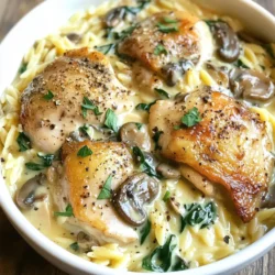 For this One Pot Chicken Mushroom Orzo, you will need: - 1 lb (450 g) boneless, skinless chicken thighs, cut into bite-sized pieces - 1 cup orzo pasta - 2 cups chicken broth - 1 cup mushrooms, sliced (cremini or button) - 1 medium onion, finely chopped - 3 cloves garlic, minced - 1 cup baby spinach - 1/2 cup heavy cream - 1 teaspoon dried thyme - 1 teaspoon paprika - Salt and pepper to taste - 2 tablespoons olive oil - Fresh parsley, chopped for garnish These ingredients come together to create a rich and creamy dish. The chicken adds protein, while the orzo serves as a comforting base. The mushrooms and spinach bring in color and nutrients, making this meal both tasty and healthy. You can easily swap some ingredients based on your taste or what you have on hand: - Instead of chicken thighs, use chicken breast for a leaner option. - You can replace orzo with any small pasta you like, such as couscous or ditalini. - If you want a dairy-free version, use coconut milk in place of heavy cream. - Swap baby spinach for kale or Swiss chard for different greens. - Use vegetable broth instead of chicken broth for a vegetarian version. These substitutions keep the dish delicious while catering to your needs. Feel free to be creative! Each serving of this One Pot Chicken Mushroom Orzo offers balanced nutrition: - Calories: Approximately 450 - Protein: 30 g - Carbohydrates: 40 g - Fiber: 3 g - Fat: 20 g This dish is a great source of protein and carbs, perfect for a filling meal. The vegetables add vitamins and minerals, making it a well-rounded choice. Enjoy your cooking! {{ingredient_image_1}} Start by gathering all your ingredients. You need chicken, orzo, broth, and veggies. Chop the onion and garlic. Slice the mushrooms, and cut the chicken into small pieces. This makes cooking easier. Heat two tablespoons of olive oil in a large pot. Use medium heat. Add the chopped onion. Sauté it for about three to four minutes. You want it soft and clear. Then, add the minced garlic. Cook for one more minute until it smells great. Now, it’s time to add the chicken. Toss in the bite-sized pieces. Season them with salt, pepper, paprika, and thyme. Cook the chicken for about five to six minutes. Make sure it turns brown on all sides. This adds flavor. Next, stir in the sliced mushrooms. Cook for another three to four minutes. You want them soft but still firm. This mix is full of flavor now. Pour in two cups of chicken broth. Add one cup of orzo pasta. Stir everything well. Bring the mix to a boil. Once it boils, reduce the heat to low. Cover the pot and let it simmer for about ten to twelve minutes. Stir it occasionally. When the orzo is soft, add half a cup of heavy cream. Toss in one cup of baby spinach. Cook for an extra two to three minutes. The spinach should wilt and the dish will become creamy. Taste it and adjust the salt and pepper if needed. Remove from heat and let it cool for a few minutes. Serve it in deep bowls. Garnish with fresh parsley for a pop of color. Enjoy your meal! To make your One Pot Chicken Mushroom Orzo shine, focus on seasoning. Salt and pepper are key. Add them in layers. Start with the chicken and then season the broth. This builds flavor. Use fresh herbs if you can. Fresh parsley adds a nice touch. Thyme and paprika work well too. They give warmth and depth. The heavy cream adds creaminess, so don’t skip it. It brings all the flavors together. One common mistake is overcooking the orzo. It should be tender but still firm. Stir often while it cooks. This prevents sticking. Another mistake is not sautéing the onions and garlic enough. This step builds a strong base for your dish. If you rush it, you miss out on flavor. Lastly, don’t forget to taste as you go. Adjust seasonings based on your preference. For this recipe, use a large pot or deep skillet. A heavy-bottomed pot cooks evenly and prevents burning. A wooden spoon is great for stirring. It won’t scratch your pot. Keep a measuring cup handy for the broth and orzo. Also, have a sharp knife for chopping the onions and garlic. A cutting board is a must for safe prep. Finally, don’t forget your favorite serving bowls. They make the meal feel special! Pro Tips Use Fresh Herbs: Fresh thyme can enhance the flavor of the dish. If you have access to fresh herbs, consider substituting dried thyme with fresh for a more vibrant taste. Perfect Orzo Texture: To prevent the orzo from becoming mushy, keep an eye on it as it cooks. Stir occasionally and taste for doneness a couple of minutes before the suggested cooking time. Customize Your Veggies: Feel free to add other vegetables like bell peppers or zucchini. Just ensure they are chopped into small pieces to cook evenly with the orzo. Make It Ahead: This dish can be made ahead of time and reheated. Just add a splash of chicken broth or cream when reheating to restore its creaminess. {{image_2}} You can make a tasty mushroom orzo dish without chicken. Just skip the chicken and use more mushrooms. I love using a mix of cremini and button mushrooms. They add great flavor and texture. Replace chicken broth with vegetable broth for a full vegetarian meal. The creamy sauce still shines with heavy cream or coconut milk for a vegan twist. Want to boost the nutrition? Add more veggies! You can toss in bell peppers, zucchini, or carrots. Chop them small so they cook well. Add them when you put in the mushrooms. You can also mix in frozen peas or corn for a pop of color and sweetness. This makes the dish even more vibrant and fun. Looking to spice things up? Add a pinch of red pepper flakes for heat. You can also try using Italian seasoning or a dash of lemon zest for brightness. Experiment with herbs like fresh basil or oregano. These add depth and freshness to your meal. Each tweak can change the dish in exciting ways. Enjoy the journey of flavor! After you enjoy your meal, let the One Pot Chicken Mushroom Orzo cool down. Use an airtight container to keep the dish fresh. Store it in the fridge for up to three days. This way, you can enjoy a quick meal later on. Reheating is easy! Place the leftovers in a pot over low heat. Add a splash of chicken broth or water to keep it moist. Stir it often until it's hot. You can also use a microwave. Heat it in short bursts, stirring in between. This helps it heat evenly and stay creamy. If you want to save some for later, freezing works well. Let the dish cool completely before you freeze it. Use a freezer-safe container or bag. It will keep for about two to three months. When you're ready to eat it, thaw it in the fridge overnight. Reheat it as mentioned before. Enjoy your meal without the wait! Yes, you can use other types of pasta. While orzo works well, you might try small shapes like ditalini or even farfalle. Just remember that cooking times may differ. You should adjust the amount of broth based on the pasta type used. Keep an eye on it as it cooks. You can tell orzo is cooked when it is tender. It should not be hard or chewy. Taste a small spoonful to check. If it feels soft and creamy, it is ready to mix in the cream and spinach. Stir it often to make sure it cooks evenly. This dish pairs well with a light salad or crusty bread. A fresh green salad can balance the creaminess. You can also add some roasted veggies for more flavor and color. For drinks, try a crisp white wine or sparkling water. This makes the meal feel special. This blog post covered everything you need for a tasty One Pot Chicken Mushroom Orzo. We looked at the key ingredients, how to prepare the dish, and tips for perfect flavor. You learned about fun variations and how to store leftovers properly. Cooking can be easy and fun with the right steps. Enjoy making your dish, and don’t be afraid to try new flavors. Cooking is all about exploring, so have fun in your kitchen!