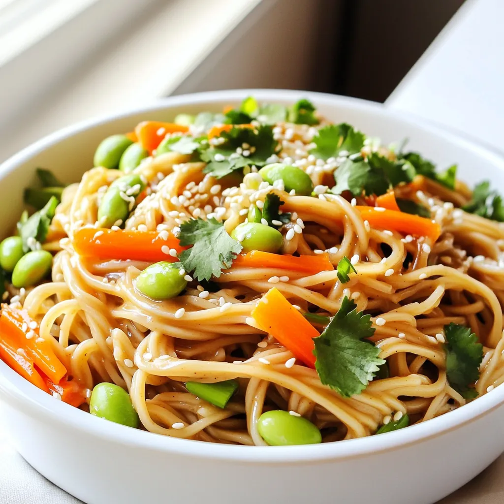 - 200g soba noodles - 2 tablespoons sesame oil - 1 tablespoon soy sauce - 1 tablespoon chili paste - 1 tablespoon rice vinegar - 1 clove garlic, minced - 1 teaspoon freshly grated ginger - 2 spring onions, sliced (white and green parts separated) - 1 small carrot, julienned - 1 cup edamame (shelled) - Sesame seeds - Fresh cilantro - Salt and pepper Gather these ingredients before you start cooking. Having everything ready makes the process smooth. Soba noodles are the star here. They bring a nutty flavor and a fun texture. Sesame oil adds richness. Soy sauce gives depth, and chili paste adds heat. Adjust the chili to fit your taste. Rice vinegar adds a nice tang. The garlic and ginger pack a punch! They bring fresh, bold flavors. Spring onions add crunch and color. Carrots give a sweet touch, while edamame boosts protein and texture. For garnishes, sesame seeds add a nice crunch. Fresh cilantro brightens the dish. Don't forget salt and pepper for seasoning. With these ingredients, your dish will be vibrant and tasty! First, bring a pot of water to a boil. This step is quick but key. Once the water bubbles, add 200g of soba noodles. Cook these noodles for about 4-5 minutes. Check the package for exact cooking times. When they are ready, drain them in a colander. Rinse under cold water to stop the cooking. This keeps them from getting mushy. Set the noodles aside for later. Now, let’s make the sauce. In a small bowl, mix 2 tablespoons of sesame oil, 1 tablespoon of soy sauce, and 1 tablespoon of chili paste. Adjust the chili paste to your heat level. Add 1 tablespoon of rice vinegar, 1 minced clove of garlic, and 1 teaspoon of freshly grated ginger. Whisk these together well. This sauce gives our dish its zesty kick. Grab a large pan and heat it over medium heat. Add a drizzle of sesame oil to the pan. Next, add the white parts of the 2 sliced spring onions. Sauté them for about 1 minute. Then, toss in 1 small julienned carrot and 1 cup of shelled edamame. Cook for another 2-3 minutes. You want the veggies to soften but still have a nice crunch. Now it’s time to mix everything. Add the cooked soba noodles to the pan with your veggies. Pour the sauce you made over the noodles. Toss everything gently so the noodles get coated. Cook for another minute just to heat it through. This ensures all the flavors blend nicely. Once everything is heated, take the pan off the heat. Taste and adjust the seasoning with salt and pepper if needed. For a nice finish, transfer your noodles to a serving dish. Sprinkle sesame seeds on top and add the green parts of the spring onions. Top it off with fresh cilantro for a burst of flavor. Enjoy your spicy sesame soba noodles! To make the best soba noodles, you need to prevent overcooking. Soba noodles cook fast, usually in just 4-5 minutes. Set a timer to avoid mushy noodles. Once they’re done, drain and rinse them under cold water. This stops the cooking and keeps them firm. You can adjust the chili paste to fit your taste. Start with one tablespoon if you like mild heat. If you want more spice, add a little more chili paste. This way, you control the heat and make the dish just right for you. Chop your veggies ahead of time. Pre-chopping makes cooking quicker. You can cut the spring onions, carrots, and garlic the day before. This saves time on busy days. Keep them in the fridge, so they are ready to use when you are. {{image_2}} To make this dish vegan, you can easily swap a few ingredients. Instead of using regular soy sauce, try tamari. It is gluten-free and still offers a great taste. If you want a bit of creaminess, use peanut butter or tahini in place of sesame oil. This adds a unique twist while keeping it plant-based. Want to add some protein? Chicken, tofu, or shrimp works well. If using chicken, grill or sauté it first. For tofu, press it to remove water, then cube and fry until golden. Shrimp can be cooked quickly in the same pan as the veggies. Just make sure to add them at the right time so they don’t overcook. Feel free to mix in other veggies. Bell peppers add sweetness, while snap peas give crunch. Zucchini or mushrooms can make it heartier. Just cut them into thin slices or small pieces for even cooking. You can also toss in some spinach or kale for extra nutrients. To keep your spicy sesame soba noodles fresh, cool them down first. Place the noodles in an airtight container. Store them in the fridge for up to three days. Make sure to separate the sauce if you like. This keeps the noodles from getting too soggy. You can reheat your noodles in a few ways. The microwave is quick. Just place them in a bowl, and cover it with a damp paper towel. Heat for about one to two minutes. Stir halfway to ensure even heating. If you prefer the stovetop, add a splash of water in a pan. Heat over medium until warm, stirring often. If you want to save some for later, freezing is easy. First, cool the noodles and sauce. Place them in a freezer bag or container. Press out as much air as possible. They can stay in the freezer for up to three months. To eat, thaw them in the fridge overnight and reheat as mentioned above. Enjoy your tasty noodles anytime! It takes only 15 minutes to make spicy sesame soba noodles. This includes 5 minutes for prep and 10 minutes for cooking. You’ll have a tasty meal ready in no time! Yes, you can use other noodles! Here are some good substitutes: - Udon noodles - Rice noodles - Whole wheat spaghetti Each option has a unique taste and texture. Just keep an eye on cooking times. Soba noodles pair well with many dishes. Here are some tasty ideas: - Grilled chicken or tofu - Stir-fried vegetables - A light salad with sesame dressing These sides add flavor and balance to your meal. Enjoy! This blog post showed you how to make spicy sesame soba noodles. We covered main ingredients, cooking steps, and storage tips. You learned to customize your dish with spices and extra veggies. If you want something quick and tasty, this recipe is perfect. Plus, it’s easy to save leftovers for later. Enjoy these noodles as a meal or a side. Your taste buds will thank you!