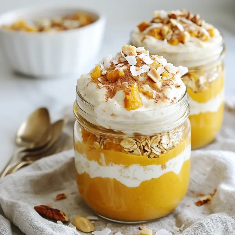 To make pumpkin spice overnight oats, you need a few key ingredients: - 1 cup rolled oats - 1 cup almond milk (or any milk of choice) - 1/2 cup canned pumpkin puree - 1 tablespoon chia seeds - 1 tablespoon maple syrup (or honey) - 1 teaspoon pumpkin pie spice - 1/2 teaspoon vanilla extract - A pinch of salt These ingredients blend together to create a creamy and flavorful base. Rolled oats soak up the milk and flavors overnight. Canned pumpkin adds a rich taste and color. Chia seeds help thicken the mix as they absorb liquid. You can enhance your oats with some tasty toppings: - Chopped nuts - Coconut flakes - Dried fruit These toppings add crunch and sweetness. You can mix and match based on your mood. Try walnuts for a nutty flavor or coconut for a tropical twist. If you have dietary needs, you can make simple swaps: - For gluten-free oats, ensure you use certified gluten-free rolled oats. - Use any milk alternative like oat milk or soy milk. - Replace maple syrup with agave syrup for a vegan option. These substitutions keep the oats delicious while meeting your needs. Feel free to get creative with flavors and textures! {{ingredient_image_1}} To start, gather your ingredients. You need: - 1 cup rolled oats - 1 cup almond milk (or any milk of choice) - 1/2 cup canned pumpkin puree - 1 tablespoon chia seeds - 1 tablespoon maple syrup (or honey) - 1 teaspoon pumpkin pie spice - 1/2 teaspoon vanilla extract - A pinch of salt In a medium bowl, mix the rolled oats and almond milk. Add the pumpkin puree, chia seeds, maple syrup, pumpkin pie spice, vanilla, and salt. Whisk the mixture well. Make sure there are no clumps of pumpkin puree. This step is key to a smooth texture. Now, take two jars or airtight containers. Divide the oat mixture evenly between them. This recipe makes two servings. Seal the containers tightly. Place them in the fridge for at least four hours, but overnight is best. This soaking time helps the oats absorb the flavors and thicken up. When morning comes, take the jars out of the fridge. Give the oats a good stir. If they seem too thick, add a splash of almond milk. This will make them creamier. Now, it’s time to add your toppings. Try chopped nuts, coconut flakes, or dried fruit for a tasty crunch. I love to serve them in clear jars. It shows off the pretty layers and colors. A sprinkle of pumpkin pie spice on top looks great too! To get the best oat texture, use rolled oats. They absorb the liquid well. Combine the oats with milk and pumpkin puree. Let them soak overnight. This gives oats time to soften and thicken. If you want creamier oats, add a bit more milk in the morning. Stir well before serving. To boost flavor, add more spices. Consider cinnamon or nutmeg. These spices add warmth and depth. You can also mix in nuts for crunch. Chopped walnuts or pecans work great. For sweetness, try more maple syrup or honey. This makes each bite delightful and rich. Prep your oats the night before. It only takes ten minutes. Mix all the ingredients in one bowl. Divide them into jars for easy storage. You can even double the recipe for more servings. This makes breakfast quick and easy. In the morning, just stir, top, and enjoy! Pro Tips Use Fresh Pumpkin: For an extra flavor boost, consider using fresh pumpkin instead of canned. Roast and puree your own pumpkin to enhance the taste. Experiment with Milk: Feel free to swap almond milk with any milk of your choice, like oat, coconut, or dairy milk, to match your dietary preferences. Make it Vegan: To keep it vegan, ensure you use maple syrup instead of honey and opt for plant-based milk. Customize Toppings: Get creative with toppings! Try adding seeds, nut butters, or even a dollop of yogurt for added texture and flavor. {{image_2}} If you want nut-free oats, swap almond milk for oat or coconut milk. You can also skip nuts in the toppings. Instead, try seeds like sunflower or pumpkin seeds. These add crunch without any nuts. To keep it vegan, use maple syrup instead of honey. All ingredients in this recipe are naturally gluten-free. Just ensure your oats are labeled gluten-free. You can enjoy this dish without worries about gluten. Want to change it up? Add different spices! Try cinnamon, nutmeg, or ginger. You can also mix in fruits like banana or apple. A spoonful of cocoa powder gives a chocolate twist. Get creative and enjoy new tastes! To keep your pumpkin spice overnight oats fresh, store them in airtight containers. I recommend using glass jars. They help keep the oats safe and easy to grab. Make sure to seal them tightly. This keeps out air and moisture, which can spoil your oats. Always place them in the fridge right after you make them. This keeps them cool and tasty. You can store these oats in the fridge for up to five days. After that, the texture may change. The oats might get too soft and mushy. If you see any signs of mold or off smells, it's best to toss them. Trust your senses—this ensures your meal is safe and yummy. If you prefer warm oats, you can heat them up. Transfer the oats to a microwave-safe bowl. Add a splash of almond milk to keep them creamy. Heat for about 30-60 seconds, then stir. If they seem too thick, add a bit more milk. This method helps maintain that perfect texture. Enjoy them warm, topped with your favorite nuts or dried fruit! Yes, you can use instant oats. They will soften faster. However, rolled oats have a better texture. They hold up well and offer a nice chewiness. Instant oats may become mushy. If you choose instant oats, reduce the soaking time. Check the texture after a few hours. Almond milk works great for this recipe. You can also use oat milk or soy milk. Both options add creaminess and flavor. If you prefer dairy, whole or skim milk works fine. Choose a milk you enjoy. This will make your oats even better. Adding seeds and nuts boosts nutrition. Try adding flaxseeds or walnuts for healthy fats. You can also mix in a scoop of protein powder. Chia seeds add fiber and omega-3s. Fresh fruits like bananas or berries add vitamins. These extras make your oats even more filling and healthy. Now you know how to make pumpkin spice overnight oats. We covered key ingredients, storage tips, and helpful variations. Remember, you can customize the flavors and adapt for any diet. Try different toppings for fun. With the right steps, these oats can be a tasty and healthy choice. Make your mornings easier and delicious with this simple recipe. Enjoy your oats as a healthy breakfast to start your day right!