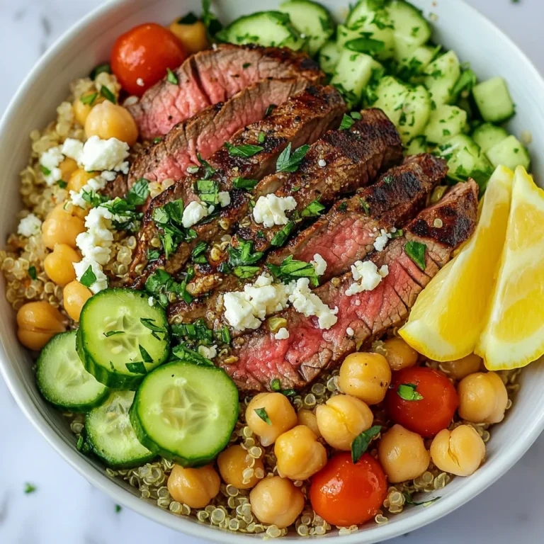 - 1 pound flank steak - 2 tablespoons olive oil - 2 teaspoons smoked paprika - 1 teaspoon garlic powder - 1 teaspoon ground cumin - Salt and pepper to taste - 1 cup quinoa, rinsed - 2 cups vegetable broth (or water) - 1 cucumber, diced - 1 cup cherry tomatoes, halved - 1/2 red onion, finely chopped - 1 cup chickpeas, drained and rinsed - 1/4 cup feta cheese, crumbled - Fresh parsley, chopped (for garnish) - Lemon wedges (for serving) When you gather your ingredients, make sure they are fresh. Fresh produce makes a big difference in flavor. Start with the flank steak. This cut is flavorful and tender when cooked right. Use olive oil to help the spices stick and add richness. For spices, I like smoked paprika, garlic powder, and ground cumin. These give a warm, savory taste. Don’t forget salt and pepper to enhance the flavors. Next, look for fresh vegetables. A crisp cucumber, sweet cherry tomatoes, and a sharp red onion add color and crunch. They balance the rich steak well. Chickpeas bring protein and a creamy texture. Feta cheese adds a salty kick. These toppings make each bite exciting. Quinoa is your base. It’s high in protein and fills you up nicely. Cook it in vegetable broth or water for added flavor. Finally, fresh parsley brightens the dish. Lemon wedges add a zesty touch. As you prepare your ingredients, let your creativity flow. Enjoy the process! {{ingredient_image_1}} To start, gather your marinade ingredients. In a bowl, mix together: - 2 tablespoons olive oil - 2 teaspoons smoked paprika - 1 teaspoon garlic powder - 1 teaspoon ground cumin - Salt and pepper to taste Rub this mixture all over the flank steak. Make sure to cover the steak well. Let it marinate for at least 30 minutes at room temperature. For deeper flavor, marinate it for up to 2 hours in the fridge. Next, rinse 1 cup of quinoa under cold water. This step removes any bitter taste. In a saucepan, combine the rinsed quinoa and 2 cups of vegetable broth (or water). Bring it to a boil, then reduce the heat to low. Cover and simmer for about 15 minutes. You want the quinoa to be fluffy and all the liquid absorbed. Remove it from heat and let it sit covered for 5 minutes. Fluff it with a fork to achieve the right texture. Now, preheat your grill or a stovetop skillet over medium-high heat. Cook the marinated flank steak for about 4-5 minutes on each side for medium-rare. If you prefer it more done, cook it a bit longer. Once cooked, let the steak rest for 5 minutes before slicing it against the grain. This resting time helps keep the steak juicy. In a large mixing bowl, combine: - 1 cucumber, diced - 1 cup cherry tomatoes, halved - 1/2 red onion, finely chopped - 1 cup chickpeas, drained and rinsed Toss these fresh ingredients gently to mix them. Feel free to add a pinch of salt or a squeeze of lemon to enhance the flavors. The combination adds crunch and brightness. To assemble the bowls, divide the cooked quinoa among serving bowls. Top each bowl with sliced steak and the fresh vegetable mix. Sprinkle crumbled feta cheese on top for added richness. Garnish with fresh parsley. Serve with a wedge of lemon on the side for an extra zesty flavor. Enjoy the beautiful layers and colors of your Mediterranean steak bowls! When making Mediterranean steak bowls, flank steak is my top choice. It is tender and full of flavor. You can also use sirloin or ribeye for a different taste. If you prefer a leaner option, go for chicken or turkey. For a plant-based meal, grilled tofu works well too. Herbs and spices can boost the taste of your steak bowls. I love adding fresh parsley, oregano, and basil. They bring a fresh burst to every bite. Smoked paprika and cumin also add depth. For a zesty finish, serve with lemon wedges. Squeeze some juice right before eating for a bright flavor. You can grill or pan-sear your steak. Grilling gives it a smoky taste. Pan-searing is great for a nice crust. Cook your steak for about 4-5 minutes on each side for medium-rare. Use a meat thermometer for best results. Aim for 130°F for medium-rare. Always let the steak rest for 5 minutes before slicing. This keeps it juicy and tender. Pro Tips Marinate for Flavor: Allow the flank steak to marinate for at least 30 minutes, but for the best flavor, try to marinate it for up to 2 hours. This enhances the spices and tenderizes the meat. Perfectly Cooked Quinoa: To achieve fluffy quinoa, ensure you rinse it thoroughly before cooking. This removes any bitterness and helps the grains separate nicely after cooking. Rest Your Steak: After cooking, let the steak rest for 5 minutes before slicing. This allows the juices to redistribute, resulting in a juicier and more flavorful steak. Add Freshness: For an extra layer of flavor, consider adding a splash of red wine vinegar or a drizzle of olive oil over the assembled bowls just before serving. {{image_2}} You can easily make this dish vegetarian. Just swap the flank steak for grilled vegetables or tofu. Grilled zucchini, bell peppers, and eggplant add great flavor. Tofu works well too. Marinate it the same way as the steak. This gives you that tasty Mediterranean seasoning. Want to make your bowl even better? Add extras like olives, avocado, or hummus. Olives bring a salty kick, while avocado adds creaminess. Hummus can serve as a great base or a dip. Each topping makes your bowl more fun and adds new flavors. You can adjust the flavors to your taste. Try different Mediterranean dressings or salsas. A lemon-tahini dressing gives a creamy zing. A fresh salsa with tomatoes and herbs can brighten the dish. Experiment and find what you love most! To keep your Mediterranean steak bowls fresh, store each component separately. Use airtight containers. This method helps maintain flavor and texture. Place the quinoa, vegetables, and steak in their own containers. The steak stays moist, while the veggies remain crisp. Refrigerate them within two hours of cooking. Use leftovers within three days for best taste. When reheating the quinoa, add a splash of water. This will keep it fluffy. Warm it in the microwave or stovetop until hot. For the vegetables, heat them in a pan over medium heat. Stir until warm. To reheat the steak, slice it first. This helps it warm evenly. Use low heat to avoid drying it out. To save time, prepare the quinoa and vegetables in advance. Cook a big batch of quinoa on the weekend. Store it in the fridge for up to five days. Chop your veggies ahead of time too. Mix them in a bowl, and keep them in the fridge. When you are ready to eat, just grill the steak and assemble your bowl. This makes meals quick and easy during the week. You can use skirt steak or sirloin steak instead. Both options work well. For a lighter choice, try grilled chicken or portobello mushrooms. They add great flavor and fit the bowl nicely. To cook quinoa perfectly, rinse it well before cooking. Use a ratio of 1 cup quinoa to 2 cups vegetable broth or water. Bring it to a boil, then reduce the heat. Cover and simmer for about 15 minutes. Let it sit covered for 5 minutes after cooking. Fluff it with a fork before serving. Yes, you can make the components ahead of time. Cook the quinoa and store it in the fridge. Marinate and grill the steak, then slice it shortly before serving. Prepare the vegetable mix in advance too. Just keep everything separate until you are ready to serve. Consider serving a side of roasted vegetables or a fresh Greek salad. You can also add pita bread or hummus for extra flavor. These sides complement the steak bowls and enhance the meal experience. This article covered how to make delicious Mediterranean steak bowls from scratch. You learned about key ingredients, step-by-step cooking methods, and helpful tips. Don’t forget the options to mix things up with flavor or make it vegetarian. With this guide, you can enjoy tasty meals while saving time on prep. Remember, great meals come from fresh ingredients and simple techniques. Now, get cooking and have fun creating your perfect bowl!