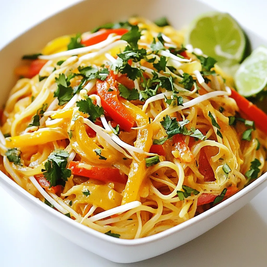 To make Singapore Curry Noodles, gather these tasty items: - 200g rice noodles - 2 tablespoons coconut oil - 1 onion, thinly sliced - 3 cloves garlic, minced - 1 tablespoon ginger, minced - 1 red chili, sliced (adjust to taste) - 2 tablespoons yellow curry powder - 1 can (400ml) coconut milk - 1 tablespoon soy sauce - 1 tablespoon fish sauce (or vegetarian option) - 1 bell pepper, sliced - 150g bean sprouts - 2 spring onions, chopped - Fresh cilantro, for garnish - Lime wedges, for serving These ingredients create a rich, creamy, and spicy dish. The rice noodles soak up the flavors very well. You can swap some ingredients if needed: - Rice noodles: You can use egg noodles or even whole wheat noodles. - Coconut oil: Olive oil or vegetable oil works too. - Fish sauce: You can skip it for a vegetarian option. Use more soy sauce instead. - Cilantro: If you don’t like cilantro, try fresh parsley or green onions. These swaps keep the dish tasty while meeting your needs. Using fresh ingredients gives the best flavor. Fresh garlic, ginger, and vegetables add brightness to your dish. - Fresh vs. dried garlic: Fresh garlic has a sharp taste. Dried garlic is milder and works in a pinch. - Fresh ginger: It has a zing that dried ginger lacks. Use fresh for the best flavor. - Fresh vegetables: Crisp bell peppers and bean sprouts add great texture. Dried vegetables won't provide the same crunch. I recommend using fresh ingredients whenever possible for the best results. They truly make a difference in your Singapore Curry Noodles! {{ingredient_image_1}} To cook rice noodles, start by boiling water in a pot. Once the water boils, add the rice noodles. Cook them according to the package instructions. Usually, this takes about 4-6 minutes. Once cooked, drain and rinse the noodles under cold water. This stops the cooking process and keeps the noodles firm. Set them aside for later. Next, heat 2 tablespoons of coconut oil in a large wok or frying pan over medium heat. Add the sliced onion, minced garlic, minced ginger, and sliced red chili. Sauté these for 3-5 minutes. You want the onions to become soft and see-through. This step brings out all the great flavors in the dish. Now it's time to add the spices. Sprinkle in 2 tablespoons of yellow curry powder. Stir this mixture for about 1 minute. This toasts the spices and wakes up their flavors. Then, pour in 400ml of coconut milk. Stir well to mix the coconut milk with the sautéed aromatics. Next, add 1 tablespoon of soy sauce and 1 tablespoon of fish sauce. Let this simmer for 5-7 minutes. This thickens the sauce and blends the flavors. After that, toss in the sliced bell pepper. Cook for another 3 minutes until they soften. Finally, add the cooked rice noodles to the wok. Gently toss everything together until the noodles are well-coated. Add 150g of bean sprouts and mix for another minute just to warm them through. Remove from heat and stir in chopped spring onions for a fresh touch. Enjoy your flavorful Singapore curry noodles! To get the best flavor, focus on fresh ingredients. Use fresh garlic and ginger for a strong taste. Sauté them with coconut oil until they smell great. This step builds a strong base for your dish. Also, use quality curry powder. Not all curry powders are the same. Find one that you like, as it greatly affects the taste. Lastly, don't rush the simmering time. Letting the sauce thicken allows the flavors to meld. One common mistake is overcooking the noodles. Follow the package instructions and rinse them afterward. This keeps them from sticking together. Another mistake is skipping the toasting step for the curry powder. Failing to toast it can lead to a bland dish. Lastly, don't forget the lime. Adding lime juice before serving brightens the entire dish. To adjust spice levels, start with less chili. You can always add more later. If you want a milder dish, remove the seeds from the chili. For more heat, add sliced chili at the end. You can also add a pinch of chili flakes while cooking. This allows you to customize the spice to your liking. Remember, it’s easier to add than to take away! Pro Tips Adjust Spice Level: If you prefer milder flavors, reduce the amount of red chili or remove the seeds before adding them to the dish. Vegetarian Option: For a vegetarian version, substitute fish sauce with additional soy sauce or a vegetarian fish sauce alternative. Perfectly Cooked Noodles: Make sure not to overcook the rice noodles; they should be al dente as they will continue to cook slightly in the hot curry sauce. Garnish for Freshness: Always garnish with fresh cilantro and lime wedges just before serving for an added burst of flavor and freshness. {{image_2}} You can easily make Singapore curry noodles vegetarian or vegan. Simply swap the fish sauce for more soy sauce or use a plant-based alternative. For a vegan touch, ensure you use coconut milk without additives. You can also add extra vegetables like mushrooms, zucchini, or carrots to boost nutrition and flavor. If you have dietary needs, many ingredients can be swapped. Use gluten-free noodles instead of rice noodles for a gluten-free version. For a lower-carb option, try spiralized zucchini or shirataki noodles. If you want extra protein, consider adding tofu or chickpeas. These swaps keep the dish tasty while meeting your needs. Singapore curry noodles have many regional twists. In some areas, people add seafood like shrimp or fish. Others may include different spices or herbs, changing the flavor. You might find versions that use yellow curry paste instead of powder for a bolder taste. Each region's variation shows the dish's flexibility and global appeal. To keep your Singapore curry noodles fresh, store them in an airtight container. Let the dish cool down to room temperature first. Then, place it in the fridge. Proper storage keeps the flavors intact and makes it safe to eat later. Enjoy leftovers within three days for the best taste. When reheating, use a pan or skillet for even heating. Add a splash of water or coconut milk to prevent drying out. Heat on medium-low, stirring gently until warmed through. You can also use the microwave. Heat in short bursts, stirring in between until hot. This keeps the texture nice and creamy. For meal prep, freeze Singapore curry noodles in single-serving containers. Make sure the dish cools completely before freezing. Use freezer-safe containers to avoid freezer burn. They can last up to two months in the freezer. To reheat, thaw in the fridge overnight and follow the reheating tips above. Enjoy your meal anytime! Singapore Curry Noodles come from Singapore, a melting pot of cultures. This dish mixes flavors from China, India, and Malaysia. It showcases the use of curry spices and coconut milk. You will find this dish in hawker centers and restaurants. Each cook adds their twist, making it unique. Yes, you can switch the rice noodles for other types. Egg noodles or udon noodles work well too. Just be sure to adjust the cooking time. Each noodle type brings a different texture. Experiment to find what you enjoy most! To make it spicier, add more red chili slices. You can also add chili paste or chili flakes. These will enhance the heat without changing the dish’s taste. Start with a little and taste as you go. You control the spice level! This article showed you how to make Singapore Curry Noodles. We covered key ingredients, cooking steps, and smart tips to avoid mistakes. You also learned about variations and how to store your dish. Now, you can create a delicious meal that fits your taste and dietary needs. Experiment with the ingredients and enjoy every bite. Happy cooking!