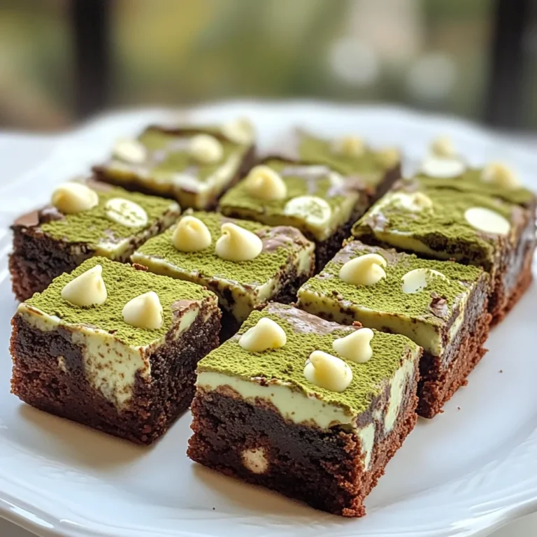 To make these Matcha White Chocolate Brownies, gather these items: - 1 cup unsalted butter, melted - 1 ½ cups granulated sugar - 4 large eggs - 1 teaspoon vanilla extract - 1 cup all-purpose flour - ½ cup unsweetened cocoa powder - 2 tablespoons matcha powder - 1 teaspoon baking powder - ½ teaspoon salt - 1 cup white chocolate chips These ingredients combine to create a rich, fudgy brownie with a lovely green hue. You can enhance your brownies with these extras: - Chopped nuts, like walnuts or pecans - A sprinkle of sea salt on top - A touch of espresso powder for depth - Additional vanilla extract for richness These options can add texture and extra flavor to your treat. If you have dietary needs, consider these swaps: - Use coconut oil instead of butter for a dairy-free option. - Substitute gluten-free flour for all-purpose flour to make them gluten-free. - Choose vegan egg replacers for a vegan option. These substitutions ensure everyone can enjoy these brownies, no matter their diet. {{ingredient_image_1}} Start by preheating your oven to 350°F (175°C). Next, prepare your baking pan. Use a 9x13 inch pan. You can grease it with butter or spray. Alternatively, line it with parchment paper. This makes it easier to remove the brownies later. In a large bowl, combine 1 cup of melted unsalted butter and 1 ½ cups of granulated sugar. Whisk them together until smooth. Then, add 4 large eggs one at a time. Mix well after each egg. Finally, stir in 1 teaspoon of vanilla extract. This adds great flavor. In another bowl, sift together your dry ingredients. Use 1 cup of all-purpose flour, ½ cup of unsweetened cocoa powder, 2 tablespoons of matcha powder, 1 teaspoon of baking powder, and ½ teaspoon of salt. Sifting helps to remove lumps and ensures even mixing. Now, gradually add the dry mixture to the wet ingredients. Fold them together gently. Be careful not to over-mix. After that, fold in 1 cup of white chocolate chips. Make sure they are evenly spread throughout the batter for a sweet surprise in every bite. Pour the brownie batter into your prepared pan. Use a spatula to spread it evenly. Bake in the preheated oven for 25-30 minutes. Check for doneness by inserting a toothpick. It should come out with a few moist crumbs, not wet batter. Once done, take them out of the oven. Let the brownies cool in the pan for about 15 minutes. If you used parchment paper, lift them out carefully to cool completely on a wire rack. To keep your brownies moist, watch your baking time. Bake them just until a toothpick shows a few moist crumbs. If you bake them too long, they turn dry. Also, make sure you mix gently. Over-mixing can also dry out the brownies. Let them cool a bit before cutting. This helps them stay soft and chewy. Measuring ingredients can make or break your brownies. Use dry measuring cups for flour and cocoa. Scoop the flour and level it off with a straight edge. Don't pack it down. For liquids, use a liquid measuring cup. Always check if it’s at eye level for accuracy. Accurate measuring helps keep your brownies from getting too dense or too dry. To melt white chocolate, use a double boiler or a microwave. If using a microwave, heat in short bursts. Stir in between to avoid burning. White chocolate can scorch quickly. If it gets too thick, add a teaspoon of vegetable oil to loosen it. This helps keep the chocolate smooth and shiny. You want it to blend well with the brownie batter. Pro Tips Use High-Quality Matcha: The flavor and color of your brownies will greatly depend on the quality of the matcha powder you choose. Opt for culinary grade matcha for the best results. Do Not Overmix: To achieve a fudgy texture, mix the dry ingredients into the wet ingredients until just combined. Overmixing can lead to tough brownies. Check for Doneness: Every oven is different, so keep an eye on your brownies as they bake. Start checking for doneness at 25 minutes by inserting a toothpick; it should come out with a few moist crumbs. Cool Before Cutting: Allow the brownies to cool completely in the pan before cutting them into squares. This helps them set and makes for cleaner cuts. {{image_2}} You can switch up the white chocolate for dark or milk chocolate. Dark chocolate adds a rich taste. It pairs well with the earthy matcha. Milk chocolate brings a sweeter, creamier flavor. Each choice changes the brownie’s taste and feel. Try both to find your favorite! Nuts add a nice crunch to matcha brownies. You can use walnuts, pecans, or almonds. Just fold in about half a cup of chopped nuts with the white chocolate chips. The nuts will give texture and a flavor boost. They will make each bite more exciting. To make gluten-free brownies, swap all-purpose flour for almond or coconut flour. Make sure to adjust the amount since these flours absorb moisture differently. For a vegan version, replace eggs with flax eggs. Just mix 1 tablespoon of flaxseed meal with 2.5 tablespoons of water. Let it sit until it thickens. You can also use vegan butter instead of regular butter. These options let everyone enjoy the brownies! To store your leftover brownies, let them cool completely. Then, cut them into squares. Place the squares in an airtight container. This keeps them fresh for up to five days. You can also layer the brownies with parchment paper. This prevents them from sticking together. If you want to keep brownies longer, freezing is a great option. Wrap each brownie square tightly in plastic wrap. Then, place them in a freezer-safe bag or container. They can last for about three months in the freezer. When you're ready to enjoy, just thaw them in the fridge overnight. For the best taste, reheat your brownies gently. You can use a microwave. Heat them for about 10 to 15 seconds. Check if they are warm enough. If not, add a few more seconds. You can also use an oven. Preheat it to 350°F (175°C). Place the brownies on a baking sheet for about 5 minutes. This keeps them soft and tasty. Yes, you can use green tea powder as a substitute. However, it will change the taste. Matcha gives a rich flavor and vibrant color. If you use a different powder, your brownies may lack that unique matcha taste. To check if your brownies are done, use a toothpick. Insert it into the center. If it comes out with a few moist crumbs, they are ready. If there is wet batter, bake them a bit longer. Keep an eye on them to avoid overbaking. I recommend a nice cup of green tea or a latte. Both drinks enhance the matcha flavor. You could also try a glass of milk or a sweet vanilla smoothie. They all complement the rich taste of the brownies well. This blog post covered all you need to make delicious Matcha White Chocolate Brownies. We discussed key ingredients, step-by-step instructions, and tips to ensure your brownies are moist and tasty. You also learned about fun variations and proper storage methods. Baking can be easy and enjoyable with the right approach. Now, you have the tools to impress family and friends with your baking skills. Happy baking, and enjoy your treats!