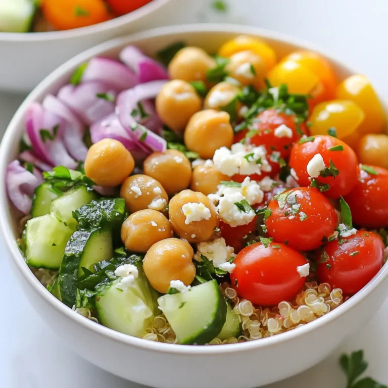 To make Mediterranean Chickpea Power Bowls, gather these tasty ingredients: - 1 can (15 oz) chickpeas, rinsed and drained - 1 cup cooked quinoa - 1 cup cherry tomatoes, halved - 1 cucumber, diced - 1/2 red onion, finely chopped - 1/2 cup kalamata olives, pitted and halved - 1 cup baby spinach or mixed greens - 1/4 cup feta cheese, crumbled - 3 tablespoons olive oil - Juice of 1 lemon - 1 teaspoon dried oregano - Salt and pepper to taste - Fresh parsley, chopped (for garnish) These ingredients make a colorful and healthy meal. Chickpeas are full of protein and fiber. Quinoa adds a nutty flavor and is a great base. Fresh veggies like cherry tomatoes and cucumber give crunch and freshness. The kalamata olives bring a salty bite, while the feta cheese adds creaminess. Olive oil and lemon juice enhance the taste and help blend all the flavors together. When you mix these ingredients, you get a bowl full of flavor and nutrition. Each bite is a delight! {{ingredient_image_1}} To cook quinoa, start with one cup of dry quinoa. Rinse it well under cold water. Then, add it to a pot with two cups of water. Bring it to a boil, then lower the heat. Cover the pot and let it simmer for about 15 minutes. When the water is gone, remove it from heat and let it sit for 5 minutes. Fluff it with a fork. Cooling the quinoa is key. It helps keep the salad fresh and tasty. In a large bowl, combine one can of rinsed and drained chickpeas, halved cherry tomatoes, diced cucumber, finely chopped red onion, and halved kalamata olives. Rinsing the chickpeas is important. It removes extra salt and improves their taste. Toss these ingredients gently to mix them well. In a small bowl, whisk together three tablespoons of olive oil, the juice of one lemon, one teaspoon of dried oregano, and a pinch of salt and pepper. This dressing packs a punch! Adjust the flavors to your taste. If you want it tangier, add more lemon juice. For richness, you can increase the olive oil. Divide the cooled quinoa evenly among four bowls. Top each bowl with the chickpea salad mixture. Add a handful of baby spinach or mixed greens on top. For the final touch, sprinkle crumbled feta cheese over each bowl. Garnish with fresh parsley for color and flavor. Enjoy your Mediterranean Chickpea Power Bowls right away, or chill them for 15-20 minutes to let the flavors meld. For a great meal, serve Mediterranean Chickpea Power Bowls warm or cold. They taste best when fresh. Pair them with pita bread or hummus for added flavor. A light, crisp white wine, like Sauvignon Blanc, works well too. You can also enjoy them with a refreshing iced tea. Want to boost the flavor? Try adding fresh herbs like basil or mint. A pinch of red pepper flakes adds a nice kick. To customize the dressing, mix in some tahini or yogurt for creaminess. You can even swap the lemon juice for balsamic vinegar for a different taste. Prep your ingredients ahead of time. Cook the quinoa and store it in the fridge. Chop vegetables and keep them in separate containers. This way, they stay fresh longer. You can mix everything together just before serving. This saves time on busy days and keeps your meal tasty. Pro Tips Fresh Ingredients: Use fresh vegetables and herbs for the best flavor and nutrition in your power bowls. Chill for Flavor: Let the assembled bowls chill in the fridge for 15-20 minutes to enhance the flavors of the dressing. Quinoa Variations: Experiment with different grains such as farro or barley for a unique twist on the base of your bowl. Protein Boost: Add grilled chicken, shrimp, or tofu for a protein-packed meal that keeps you full longer. {{image_2}} You can add grilled chicken or tofu to your power bowls. Both options bring a tasty boost. Chicken adds a savory touch, while tofu makes it plant-based. You can also try other beans for protein. Black beans or kidney beans work well. They add flavor and texture to the dish. Incorporate seasonal veggies to keep your power bowls fresh. In summer, use bell peppers or zucchini. In fall, add roasted squash or beets. This keeps the meal exciting all year. You can adapt the recipe for different seasons. Every change brings a new taste and feel. Using quinoa makes this dish gluten-free. Quinoa is a great grain choice. You can also try other gluten-free grains like brown rice or millet. For allergen-friendly options, swap out feta cheese. Use a nut-based cheese or skip it entirely. This way, everyone can enjoy the power bowls. To keep your Mediterranean chickpea power bowls fresh, store them in airtight containers. This helps lock in flavors and moisture. You can keep leftovers in the fridge for up to three days. If you separate the ingredients, they will last longer. For example, store the chickpea salad and quinoa separately. This way, they stay fresh and tasty. If you want to save power bowls for later, freezing is a great option. First, place the chickpea salad and quinoa in separate freezer bags. Remove as much air as possible. This prevents freezer burn. You can freeze them for about three months. When you’re ready to eat, thaw them in the fridge overnight. To reheat, simply warm the quinoa and salad in the microwave. Heat in short bursts to avoid overcooking. Mix everything together when warm. Enjoy your delicious meal with all the fresh flavors! Chickpeas are rich in protein and fiber. One cup has about 15 grams of protein. They also contain vitamins like B6 and minerals such as iron and magnesium. The Mediterranean diet, which features chickpeas, promotes heart health and weight management. This diet focuses on fresh veggies, healthy fats, and whole grains. Eating these foods can lower the risk of chronic diseases. Yes, you can easily make this recipe vegan. Simply replace feta cheese with vegan cheese or omit it. You can also use tofu or avocado for a creamy texture. Make sure all other ingredients are plant-based. Check dressings and any packaged items for animal products. This recipe takes about 15 minutes to prep and 30 minutes in total. To save time, cook the quinoa ahead of time or use pre-cooked quinoa. You can chop the veggies while the quinoa cooks. This way, you can make the bowls faster. You can definitely customize this recipe to fit your taste. Try adding roasted peppers, artichokes, or avocado. Use different greens like kale or arugula for variety. Just remember to balance flavors and textures. Mix crunchy and creamy elements to keep each bite exciting. This blog post covered how to make Mediterranean Chickpea Power Bowls. We listed the key ingredients and showed how to prepare the quinoa. I shared steps to mix the salad and make the dressing, plus tips for serving and storing. These bowls are healthy and adaptable. You can vary the protein, vegetables, and flavors. Enjoying this dish can boost your diet and satisfaction. Dive into your kitchen and create a tasty meal today!