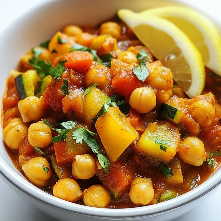 To make Moroccan Chickpea Stew, you will need these simple ingredients: - 2 cans (15 oz each) chickpeas, drained and rinsed - 1 large onion, finely chopped - 2 cloves garlic, minced - 1 carrot, diced - 1 bell pepper (any color), diced - 1 zucchini, diced - 1 can (14 oz) diced tomatoes - 2 cups vegetable broth - 1 teaspoon ground cumin - 1 teaspoon ground coriander - 1 teaspoon smoked paprika - 1/2 teaspoon ground cinnamon - 1/2 teaspoon turmeric - 1/4 teaspoon cayenne pepper (adjust to taste) - 2 tablespoons olive oil - Salt and pepper to taste - Fresh cilantro or parsley for garnish - Lemon wedges for serving Using fresh ingredients makes a big difference in flavor. Fresh veggies like onions, carrots, and zucchini add crunch and brightness. Canned chickpeas save time, but fresh dried ones can add better texture. For the best taste, use fresh herbs for garnish instead of dried ones. When selecting chickpeas, look for cans without dents or bulges. The liquid should be clear, not cloudy. If you prefer dried chickpeas, choose ones that are whole and not broken. Soak them overnight for the best results. Fresh chickpeas cook faster and taste better. When cooked right, they should be tender but not mushy. {{ingredient_image_1}} Start by heating 2 tablespoons of olive oil in a large pot over medium heat. Once the oil is hot, add 1 finely chopped large onion. Cook the onion for about 5 minutes. You want it softened and translucent. Next, add 2 minced garlic cloves and stir for 1 minute. This step brings out the garlic's great flavor. After the garlic, toss in 1 diced carrot, 1 diced bell pepper, and 1 diced zucchini. Stir these together and cook for 5 to 7 minutes. The veggies should start to soften but not become mushy. This mix builds a tasty base for your stew. Now, it's time to add the spices. Sprinkle in 1 teaspoon of ground cumin, 1 teaspoon of ground coriander, 1 teaspoon of smoked paprika, 1/2 teaspoon of ground cinnamon, 1/2 teaspoon of turmeric, and 1/4 teaspoon of cayenne pepper. Add salt and pepper to taste. Stir well and cook for another 1 to 2 minutes. This step makes your kitchen smell amazing! Next, pour in 1 can of diced tomatoes and 2 cups of vegetable broth. Mix everything together until well combined. Finally, gently fold in 2 cans of drained and rinsed chickpeas. Bring the stew to a boil. Once it boils, lower the heat and let it simmer for 20 to 25 minutes. This lets all the flavors blend beautifully. Taste the stew before serving. Adjust the seasoning if needed, then enjoy! To boost flavor, use fresh spices. Fresh spices give a stronger taste than old ones. Toast whole spices in a pan for a few minutes before grinding them. This brings out their best flavors. Adding a splash of lemon juice brightens the stew. You can also add a dash of harissa for heat. This North African chili paste adds depth and warmth. Don't forget to taste as you go. Adjust the seasonings until it tastes just right for you. One common mistake is not cooking the onions long enough. They should become soft and sweet. If the garlic burns, it can make the stew bitter. Always add garlic after the onions are soft. Another mistake is adding too much salt at once. Start with a little, then adjust later. Lastly, avoid overcooking the vegetables. You want them tender but still holding their shape. Serve the stew with warm bread for dipping. It goes great with fluffy couscous or rice. A dollop of yogurt adds creaminess and cools the spice. For garnish, sprinkle fresh cilantro or parsley on top. A wedge of lemon adds a fresh twist. Try pairing it with a simple green salad for balance. Enjoy this stew with friends for a cozy meal. Pro Tips Use Dried Chickpeas: For a more authentic texture, consider using dried chickpeas instead of canned. Soak them overnight and cook until tender before adding them to the stew. Adjust Spice Levels: Feel free to adjust the amount of cayenne pepper based on your heat preference. Start with a small amount and add more as needed. Let It Rest: Allowing the stew to sit for a few hours or overnight in the refrigerator can enhance the flavors significantly. Reheat gently before serving. Garnish Creatively: Experiment with different herbs for garnish, such as mint or basil, to give the stew a unique twist and freshness. {{image_2}} You can change the stew by adding more vegetables. Try adding sweet potatoes for a sweet touch. Broccoli or kale can boost the nutrition. Eggplant adds a nice texture. Just remember to adjust the cooking time. Some veggies cook faster than others. Always chop them to the same size for even cooking. This stew is already vegan since it uses vegetable broth. If you want a vegetarian twist, add cheese. Feta or goat cheese works well. You can also use yogurt as a topping. It adds creaminess and tang. Both options are delicious and enhance the stew. If you love heat, add more cayenne pepper. You can also use fresh chili peppers for a kick. For a milder stew, skip the cayenne altogether. You can balance the flavors with a bit of honey. This allows everyone to enjoy the dish, tailored to their taste. After you make Moroccan chickpea stew, cool it down first. Then, store it in an airtight container. Place it in the fridge. It will stay fresh for up to four days. If you want, you can cover the stew with plastic wrap too. This helps keep it moist, and it prevents strong smells from other foods. To freeze your stew, let it cool completely. Then, pour it into a freezer-safe container. You can use zip-top bags too. Make sure to remove as much air as you can. Label the container with the date. It will be good for about three months. When you’re ready to eat, thaw it in the fridge overnight before reheating. Reheating is easy! You can use the stove or microwave. If using the stove, pour the stew into a pot. Heat on medium until it’s hot, stirring often. If using the microwave, place it in a microwave-safe bowl. Heat in short bursts, stirring in between, until it’s warm. Taste it before serving. You might want to add a splash of broth or water if it seems thick. Enjoy your delicious Moroccan chickpea stew! You can serve Moroccan Chickpea Stew with warm bread or rice. Flatbreads like pita or naan are great for dipping. You could also pair it with a fresh salad. A simple cucumber and tomato salad works well. If you want a crunchy side, try roasted vegetables. Lemon wedges add a nice touch too. This stew can last in the fridge for about 3-4 days. Make sure to store it in an airtight container. If you want to keep it longer, consider freezing it. It can last in the freezer for up to 3 months. Just remember to thaw it in the fridge before reheating. Yes, you can make this stew in both a slow cooker and an instant pot. For a slow cooker, sauté the onions and garlic first. Then, add all ingredients and cook on low for 6-8 hours. For an instant pot, sauté the veggies first, then add everything and cook on high for about 10 minutes. Both methods yield delicious results! This blog post covered how to make a delicious Moroccan Chickpea Stew using simple ingredients. We explored the best pantry staples and fresh options, along with tips for choosing quality chickpeas. I provided step-by-step instructions from preparing the base to serving suggestions. You can also experiment with variations like adding vegetables and adjusting spice levels. Lastly, I shared storage tips to keep your stew fresh. Embrace this dish's flavors, and enjoy each bite. Happy cooking!