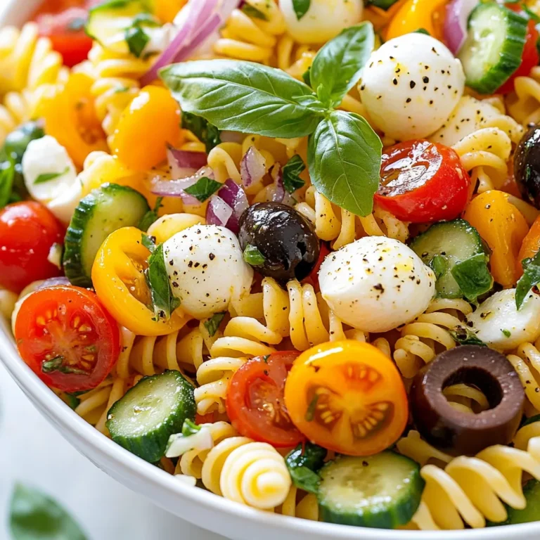 - 2 cups rotini pasta - 1 cup cherry tomatoes, halved - 1 cucumber, diced - 1 bell pepper (red or yellow), diced - 1/2 red onion, finely chopped - 1 cup black olives, sliced - 1 cup mozzarella balls (bocconcini), halved - 1/4 cup fresh basil leaves, chopped - 1/4 cup olive oil - 2 tablespoons balsamic vinegar - 1 teaspoon dried oregano - Salt and pepper to taste Each ingredient plays a key role in the flavor and texture. Here is how much you need: - Rotini Pasta: 2 cups make for a fun shape that holds the dressing well. - Cherry Tomatoes: 1 cup adds sweetness and color. - Cucumber: 1 diced cucumber brings crunch and freshness. - Bell Pepper: 1 diced (red or yellow) gives a sweet flavor and vibrant look. - Red Onion: 1/2 finely chopped adds a mild bite. - Black Olives: 1 cup sliced for a salty kick. - Mozzarella Balls: 1 cup halved for creaminess. - Fresh Basil: 1/4 cup chopped for a bright, herbal flavor. - Olive Oil: 1/4 cup serves as the base of the dressing. - Balsamic Vinegar: 2 tablespoons for tanginess. - Dried Oregano: 1 teaspoon enhances the taste. - Salt and Pepper: To taste, these help balance all the flavors. You can easily swap some ingredients if you want. Here are a few ideas: - Pasta: Use any pasta shape like penne or fusilli. - Vegetables: Add or change veggies like zucchini or carrots. - Cheese: Swap mozzarella for feta or goat cheese. - Olives: If you don’t like black olives, try green ones or leave them out. - Basil: Use parsley or cilantro if you can’t find basil. - Dressing: Try lemon juice instead of balsamic vinegar for a lighter taste. These swaps allow you to customize the salad to fit your taste or what you have on hand. Enjoy making this dish your own! {{ingredient_image_1}} Start by boiling water in a large pot. Once it boils, add salt to the water. This helps flavor the pasta. Add 2 cups of rotini pasta to the pot. Cook it according to the package instructions until it's al dente. This usually takes about 8 to 10 minutes. When done, drain the pasta in a colander. Rinse it under cold water to stop cooking. This keeps the pasta firm. Set it aside while you prepare the veggies. Take a large mixing bowl. In this bowl, combine the halved cherry tomatoes, diced cucumber, diced bell pepper, finely chopped red onion, sliced black olives, and halved mozzarella balls. The mix of colors makes your salad bright and fun. This is where the flavor comes alive! Make sure the veggies are fresh. Fresh ingredients make a big difference in taste. Grab a small bowl for the dressing. Whisk together 1/4 cup of olive oil, 2 tablespoons of balsamic vinegar, 1 teaspoon of dried oregano, and a pinch of salt and pepper. This dressing adds a nice tang to the salad. Whisk until it is well combined. This step is key for a tasty salad. Now, take the cooled rotini pasta and add it to the bowl with the veggies. Pour the dressing over the pasta and veggies. Gently toss everything together. Make sure all the ingredients are coated in the dressing. This gives every bite great flavor. Finally, add 1/4 cup of chopped fresh basil and mix again. Taste it! Adjust the seasoning if needed. Cover the bowl and refrigerate for at least 30 minutes. This helps the flavors blend together perfectly. To get the best pasta, cook it al dente. This means it should be firm but not hard. Follow the package instructions carefully. Use plenty of salted water for boiling. After cooking, drain the pasta and rinse it under cold water. This stops the cooking and keeps it from getting mushy. Fresh herbs make this salad shine. I love using basil in my pasta salad. It adds a bright taste. Chop the leaves just before you add them. You can also try adding parsley or oregano. These herbs will give your dish extra flavor and freshness. Presentation matters! Serve the pasta salad in a big bowl. Top it with more fresh basil for a pop of color. A drizzle of balsamic vinegar just before serving makes it look fancy. This salad is great for picnics or barbecues. Enjoy it cold or at room temperature. Pro Tips Perfect Pasta: Make sure to cook the rotini pasta al dente to maintain a nice texture in the salad. Colorful Veggies: Use a mix of red and yellow bell peppers for a vibrant look and added sweetness. Fresh Herbs: Always use fresh basil for the best flavor; it elevates the dish significantly. Chill Time: Let the salad sit in the fridge for at least 30 minutes before serving to allow the flavors to meld. {{image_2}} You can add protein to your pasta salad for more flavor and nutrition. Chicken works great. Use grilled chicken breast for a nice smoky taste. Simply dice it and mix it in. Shrimp is another tasty option. Cook it in some olive oil and garlic. Toss it in the salad when it cools. This turns your salad into a full meal. If you want a vegan option, skip the cheese. Instead of mozzarella, try using avocado. It adds creaminess and healthy fats. For the dressing, use a mix of olive oil and lemon juice. This keeps it fresh and light. You can also use a vegan mayo if you like a creamy touch. Seasonal veggies can make your pasta salad shine. In spring, add fresh peas or asparagus. In summer, use ripe tomatoes and zucchini. In fall, roasted butternut squash is a sweet addition. Winter calls for hearty vegetables like kale or Brussels sprouts. These swaps make the dish fresh and exciting all year long. Store your pasta salad in an airtight container. This keeps it fresh and tasty. Place it in the fridge right after you make it. The cool temperature keeps the flavors bright. Always cover it well to avoid drying out. Your pasta salad lasts about 3 to 5 days in the fridge. The flavors blend better as it sits. However, if you notice any off smells or colors, it’s best to throw it away. Always trust your senses. If it looks or smells bad, don't eat it. You can enjoy this pasta salad cold or warm. If you want to reheat it, do so gently. Place it in a microwave-safe bowl. Heat in short bursts of 15 to 30 seconds. Stir in between until it warms up. Avoid overheating, as it can change the texture. Yes, you can make this pasta salad ahead of time. It tastes even better after sitting for a bit. Just mix the pasta and veggies, and add the dressing later. This way, the pasta won’t get too soggy. You can chill it in the fridge for up to two days. Rotini pasta works great for pasta salad. Its twists hold onto the dressing and flavors. You can also use fusilli or bowtie pasta. These shapes add fun and texture. Just make sure to cook it al dente to keep the perfect bite. To make a creamy pasta salad, use mayonnaise or Greek yogurt. You can mix them with your favorite seasonings. For a tangy kick, add a splash of lemon juice or vinegar. Combine it with your cooked pasta and veggies. This will give you a rich and tasty salad. This blog post covers the key steps to make a delicious pasta salad. We explored the right ingredients, how to cook them, and tips for the best flavor. I shared ways to adapt the salad for different diets and seasons. Pasta salad is fun to make and enjoy. Use my tips to create your own tasty version. Remember to store it properly so it stays fresh. Enjoy your meal!