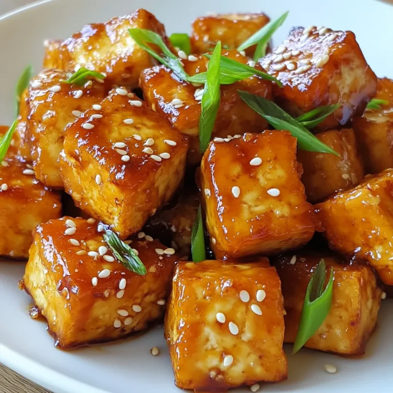 - 1 block (14 oz) firm tofu, drained and pressed - 3 tablespoons honey or agave nectar - 3 tablespoons soy sauce (or tamari for gluten-free) - 4 cloves garlic, minced - 1 teaspoon fresh ginger, grated - 1-2 tablespoons sriracha (adjust for heat preference) To make Spicy Honey Garlic Tofu, you need some key ingredients. Firm tofu is the base of this dish. It holds up well when cooked. Honey or agave nectar adds sweetness. This balances the heat from sriracha. Soy sauce brings a savory flavor. Garlic and ginger give the dish depth. You can adjust the sriracha to control the heat. Make sure to use fresh ingredients for the best taste. - Sliced green onions - Sesame seeds Garnishes like sliced green onions and sesame seeds enhance your dish. They add color and a nice crunch. You can sprinkle them on top before serving. This makes your meal look beautiful and inviting. Plus, they add extra flavor to each bite. Feel free to experiment with other garnishes if you like. {{ingredient_image_1}} Start by cutting the pressed tofu into bite-sized cubes. This size helps the tofu soak in the flavor. You want each piece to be about one inch. Next, pat the tofu dry with a paper towel. This step is key to getting that crispy texture later. Removing extra moisture lets the tofu absorb the marinade better. For the marinade, whisk together honey or agave nectar, soy sauce, minced garlic, grated ginger, and sriracha. This mix gives the tofu its spicy and sweet flavor. Once mixed, add the tofu cubes to the bowl. Gently toss the tofu in the marinade to coat each piece. Let it sit for at least 15 minutes. For a stronger flavor, you can marinate the tofu for up to one hour in the fridge. After marinating, sprinkle the cornstarch over the tofu. Gently toss to coat each piece evenly. The cornstarch creates a nice crispy exterior when cooked. Heat vegetable oil in a large skillet over medium-high heat. Carefully add the tofu in a single layer. Cook for about 3-4 minutes on each side until golden brown and crispy. You may need to do this in batches. Avoid overcrowding the pan for best results. Once the tofu is crispy, pour the remaining marinade into the pan. Let it simmer for about 2-3 minutes. Stir occasionally until the sauce thickens slightly and coats the tofu. This final step adds flavor and a glossy finish to the dish. To get that crispy tofu, start by drying it well. After pressing, cut the tofu into cubes and gently pat them with a paper towel. Removing moisture is key. The drier the tofu, the crispier it will be when cooked. Next, cook in batches. If you crowd the pan, the tofu will steam instead of fry. This will lead to less crispiness. Give each piece room to brown nicely. You can adjust the sriracha based on how spicy you like it. Start with one tablespoon if you prefer less heat. Taste the marinade before adding more. For deeper flavor, let the tofu marinate longer. A minimum of 15 minutes works well, but an hour in the fridge is even better. This extra time helps the tofu soak up all those delicious flavors. Pro Tips Press the Tofu Well: Ensure your tofu is pressed thoroughly to remove excess moisture. This helps achieve a crispier texture when cooked. Marinate Longer for Better Flavor: If time allows, marinate the tofu for an hour or more in the refrigerator. The longer it sits, the more flavor it absorbs. Use High Heat for Crispiness: Cooking the tofu on medium-high heat allows it to develop a golden-brown crust quickly, locking in moisture while keeping it crispy. Don’t Overcrowd the Pan: Fry the tofu in batches if necessary. Overcrowding can cause the temperature to drop, resulting in soggy tofu instead of crispy bites. {{image_2}} You can easily make this dish gluten-free. Just use tamari instead of soy sauce. Tamari gives a similar taste without gluten. This small swap keeps the flavor strong and delicious. If you want a vegan option, use agave nectar instead of honey. Agave nectar adds the same sweet touch. It works well with the soy sauce and garlic. This way, everyone can enjoy the dish. You can boost the flavor by adding veggies. Try bell peppers, broccoli, or snap peas. Just toss them in when cooking the tofu. They add color and nutrition. You can also experiment with spices. Try adding chili flakes for extra heat. Or mix in some cumin or paprika for warmth. This lets you make the dish your own. To store your spicy honey garlic tofu, first let it cool down. Place it in an airtight container. This keeps the flavors fresh and prevents drying out. Store it in the fridge. It can last for about 3 to 5 days. If you want to keep it longer, consider freezing it. When you reheat tofu, aim for crispy texture. The best way to do this is to use a skillet. Add a little oil and heat over medium heat. Place the tofu in a single layer and let it cook until hot. This method helps avoid sogginess. You can also use an oven. Preheat it to 375°F (190°C). Spread the tofu on a baking sheet and heat for about 10-15 minutes. Both methods work well to bring back that crispy texture. You can pair Spicy Honey Garlic Tofu with many side dishes. Here are some tasty options: - Steamed rice, white or brown - Quinoa for a healthy grain - Stir-fried veggies for crunch - A fresh cucumber salad for coolness - Noodles, like soba or rice noodles These sides complement the tofu’s sweet and spicy flavors. They also add variety to your meal. Yes, you can freeze Spicy Honey Garlic Tofu. Here’s how: - First, let the tofu cool completely after cooking. - Place it in an airtight container or freezer bag. - It can stay in the freezer for up to three months. When you’re ready to eat, thaw it in the fridge overnight. Reheat it on the stove to keep it crispy. Adjusting the heat in Spicy Honey Garlic Tofu is easy. Here are some tips: - For more heat, add extra sriracha to the marinade. - Try adding crushed red pepper flakes for a kick. - To make it milder, reduce the sriracha amount. - You can also use sweet chili sauce instead of sriracha for a sweeter taste. Taste as you go to find your perfect balance! Spicy Honey Garlic Tofu is a tasty and easy dish. We covered ingredients, step-by-step cooking, and storage tips. Achieving crispiness is key, as is marinating for flavor. You can customize it too, using tamari for gluten-free options or trying new spices. Now you have everything to create a delicious meal. Enjoy experimenting and find your favorite way to make it!