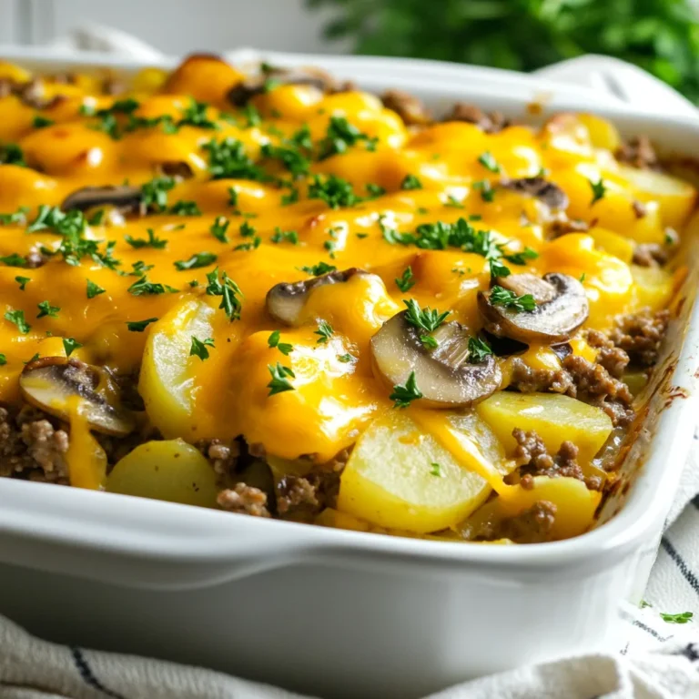 To make this tasty dish, you will need the following ingredients: - 1 lb ground beef - 1 medium onion, chopped - 3 cloves garlic, minced - 2 cups diced potatoes - 1 cup frozen mixed vegetables (peas, carrots, corn) - 1 can (10.5 oz) condensed cream of mushroom soup - 1 cup beef broth - 1 teaspoon dried thyme - 1 teaspoon smoked paprika - Salt and pepper to taste - 1 cup shredded cheddar cheese - Fresh parsley, chopped (for garnish) To make your casserole even better, consider adding these optional ingredients: - 1 teaspoon Worcestershire sauce for a deeper flavor - 1 cup cooked bacon bits for a smoky crunch - Sliced mushrooms for added texture - A sprinkle of crushed red pepper for heat If you lack some ingredients, here are smart swaps: - Use ground turkey instead of beef for a leaner option. - Swap the cream of mushroom soup with cream of chicken soup. - Fresh vegetables can replace frozen ones; just chop them small. - Use vegetable broth instead of beef broth for a vegetarian twist. These choices help keep the dish simple while still being delicious. Enjoy cooking! {{ingredient_image_1}} Start by heating a large skillet over medium heat. Add 1 pound of ground beef. Cook it until brown, breaking it into small pieces. This step takes about 5 to 7 minutes. Once cooked, drain any extra fat. This makes the dish less greasy. Next, chop up one medium onion and mince three garlic cloves. Add them to your skillet. Cook for about 3 to 4 minutes. You want the onion to turn soft and clear. This adds great flavor to your beef. Now, it’s time to add more ingredients. Stir in 2 cups of diced potatoes and 1 cup of frozen mixed vegetables. I like to use peas, carrots, and corn. Next, pour in 1 can of condensed cream of mushroom soup. Then, add 1 cup of beef broth. Mix everything well. Season the mixture with 1 teaspoon of dried thyme and 1 teaspoon of smoked paprika. Don’t forget to add salt and pepper to taste. Let the mixture simmer for about 5 minutes. This helps the flavors mix together nicely. Grab a greased 9x13 inch baking dish. Transfer your beef and vegetable mixture into it, spreading it evenly. Cover the dish with aluminum foil. Bake in your preheated oven at 350°F for 30 minutes. After 30 minutes, take off the foil. Sprinkle 1 cup of shredded cheddar cheese on top. Return the dish to the oven without the foil. Bake for another 10 to 15 minutes. You want the cheese to melt and bubble nicely. Once it's done, let it cool for a few minutes before serving. A sprinkle of fresh parsley on top adds a nice touch. Enjoy your hobo ground beef casserole! To get tender potatoes in your casserole, cut them small. Use diced pieces about half an inch. This size helps them cook evenly and quickly. Par-boil the potatoes for a few minutes before adding them to the mix. This step cuts down on baking time and gives you softer potatoes. To boost the taste, use fresh herbs. Try adding chopped parsley or basil. A splash of Worcestershire sauce can add depth, too. Don't forget to season well with salt and pepper. The cream of mushroom soup adds creaminess, but you can mix in a touch of sour cream for a nice tang. Cheddar cheese is classic, but you can mix it up. Try Monterey Jack for a mild, creamy taste. If you love a bit of kick, pepper jack cheese works great. Crumbled feta adds a unique twist. Always choose cheese that melts well for that gooey topping we all love. Pro Tips Choose Quality Beef: Opt for lean ground beef to reduce excess fat, which helps achieve a healthier casserole without sacrificing flavor. Prep Ahead: You can prepare the casserole mixture a day ahead. Just store it in the fridge and bake it fresh when ready to serve. Customize Your Veggies: Feel free to swap in your favorite vegetables or whatever you have on hand for a personal touch. Cheese Variations: Experiment with different types of cheese, such as mozzarella or pepper jack, for a unique flavor twist. {{image_2}} You can make a tasty vegetarian version of Hobo Casserole. Start by swapping ground beef for a mix of beans. Black beans or lentils work well. Use the same onion, garlic, and potatoes. Add more veggies like bell peppers or zucchini. This keeps it hearty and filling. Don’t forget the cream of mushroom soup for that creamy texture. Feel free to explore different meats in your casserole. Ground turkey or chicken can be great swaps. They are leaner but still full of flavor. For a twist, try sausage for a bit of spice. If you want a unique touch, use shredded beef or pork. Each choice can change the dish’s flavor profile. Seasonal vegetables can add freshness to your Hobo Casserole. In spring, add asparagus or peas for a bright taste. Summer is perfect for zucchini or fresh corn. In fall, think about adding butternut squash or sweet potatoes. Winter may call for root veggies like carrots or parsnips. Mixing in seasonal produce keeps the dish exciting and nutritious. After you enjoy your Hobo Ground Beef Casserole, let it cool. Use an airtight container to hold the leftovers. Place a piece of plastic wrap over the top for extra protection. Store it in the fridge for up to four days. Make sure it’s cool before you seal it. This helps keep the flavors fresh. When you’re ready to heat up your leftovers, preheat your oven to 350°F (175°C). Transfer the casserole to an oven-safe dish. Cover it with foil to keep it moist. Heat for about 20 to 25 minutes, or until it’s hot all the way through. You can also use a microwave for quick reheating. Just cover it loosely and heat in short bursts. Stir in between to ensure even heating. You can freeze this casserole for future meals. First, let it cool completely. Then, slice it into portions for easy thawing. Wrap each piece tightly in plastic wrap. Place the wrapped portions in a freezer bag or container. Label it with the date. This way, you can enjoy it for up to three months. To cook, thaw it overnight in the fridge before reheating. This keeps the texture and taste just right. Yes, you can prepare this dish ahead of time. Cook the beef and veggies as usual, then cool the mix before placing it in a baking dish. Cover it tightly and store it in the fridge for up to two days. When ready to bake, just take it out and let it sit at room temperature for 30 minutes. Then, bake it as directed. This casserole is filling on its own, but you can add sides for more variety. A simple green salad pairs well. You might also enjoy some crusty bread or garlic bread. These options add crunch and complement the rich flavors of the casserole. To add heat, toss in some chopped jalapeños or cayenne pepper. You can also use spicy sausage instead of regular ground beef. Another option is to sprinkle some red pepper flakes before baking. These changes will bring extra warmth and flavor to your meal. In this blog post, we covered how to make a delicious hobo ground beef casserole. You learned about key ingredients and easy substitutes. I shared step-by-step instructions to help you cook it perfectly. Tips for great flavor and texture made the dish even better. Plus, we explored variations for different diets. Lastly, I offered storage and reheating advice to keep leftovers tasty. Enjoy this dish your way, and happy cooking!