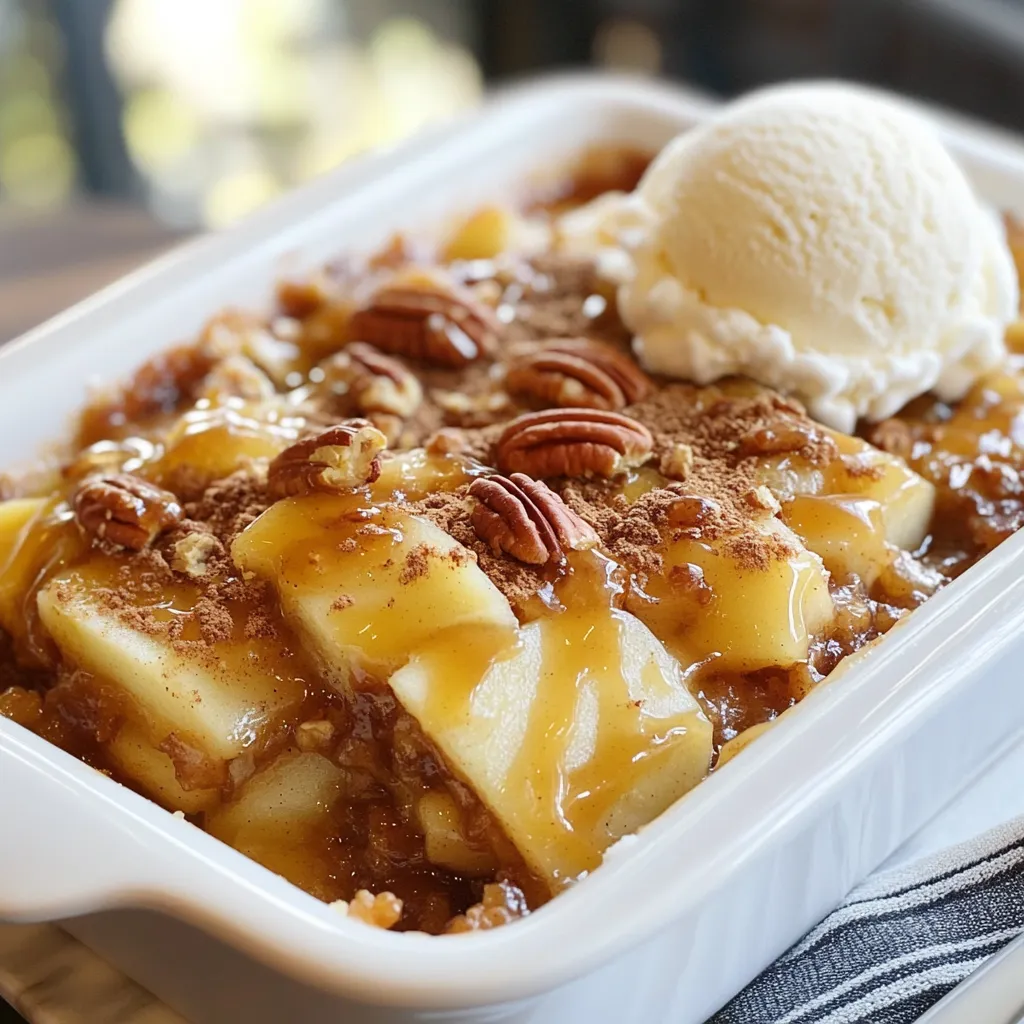 To make a delicious Caramel Apple Dump Cake, you need a few simple ingredients. Here’s the list: - 2 cans (21 oz each) apple pie filling - 1 cup caramel sauce - 1 teaspoon cinnamon - 1 box (15.25 oz) yellow cake mix - 1/2 cup unsalted butter, melted - 1 cup chopped pecans or walnuts (optional) - Whipped cream or vanilla ice cream for serving Each ingredient plays a key role in this dessert. The apple pie filling gives it sweetness and fruitiness. Caramel sauce adds rich flavor and gooey texture. Cinnamon brings warmth and spice. The yellow cake mix forms a lovely, soft crust on top. Melted butter helps the cake mix brown nicely. If you choose to add nuts, they will give a nice crunch. Lastly, serving it with whipped cream or ice cream makes it even better. You can easily find these ingredients at your local store. They are all common items. This makes it easy to whip up this treat any time you want. Enjoy the process of gathering and mixing these tasty ingredients! {{ingredient_image_1}} 1. Preheat the oven and prepare the baking dish Start by heating your oven to 350°F (175°C). Grease a 9x13-inch baking dish. This helps the cake not stick. 2. Layer the apple pie filling and caramel sauce Open the two cans of apple pie filling. Spread it evenly over the bottom of the dish. Now, drizzle the caramel sauce on top. Make sure to cover the apples well. 3. Add the cinnamon and cake mix Next, sprinkle one teaspoon of cinnamon over the caramel and apple mix. Then, take the dry yellow cake mix and spread it evenly on top. No spots should be left uncovered. 4. Drizzle the melted butter and add nuts (optional) Melt half a cup of unsalted butter. Pour this melted butter over the cake mix. If you like, sprinkle one cup of chopped pecans or walnuts on top for some crunch. 5. Bake and cool before serving Place the dish in your preheated oven. Bake for 40-45 minutes. Look for a golden brown top that is bubbly. Once baked, let it cool for about 10 minutes before serving. This simple process creates a warm, sweet treat that everyone will love. - Ensuring an even layer of cake mix: Start by using a spoon to break up the cake mix. Then, sprinkle it evenly over the caramel apple mixture. Make sure to cover every inch. This helps the cake bake evenly. - How to achieve the perfect golden topping: To get that lovely golden color, keep an eye on the bake time. About 40-45 minutes should do the trick. If it looks too light, let it bake a few more minutes. - Recommended serving temperature: This cake is best served warm. Let it cool for about 10 minutes after baking. It makes the flavors pop! - Adding spices for extra flavor: You can add more spices like nutmeg or allspice. Just a pinch can make a big difference. It adds warmth and depth to each bite. - Using different toppings: Try adding a scoop of vanilla ice cream or a dollop of whipped cream on top. A drizzle of extra caramel sauce adds sweetness too. - Customizing with fruits or nuts: Want to switch things up? Add fresh fruits like sliced bananas or berries. You can also use different nuts like almonds for a new twist. Pro Tips Use Fresh Apples: For an extra layer of flavor, consider adding some fresh sliced apples to the filling. This will enhance the texture and freshness of your dump cake. Choose Your Nuts Wisely: If you decide to add nuts, toasted pecans or walnuts can add a delightful crunch and depth of flavor. Toast them lightly before sprinkling on top for the best results. Try Different Cake Mixes: Experiment with different flavored cake mixes like spice or butter cake for a unique twist on this classic dessert. Each will bring its own character to the dish. Serve It Warm: This dessert is best enjoyed warm. If you have leftovers, you can reheat individual servings in the microwave for a few seconds before serving. {{image_2}} You can switch up the flavors to make this dish even more fun. - Pumpkin spice version: Add 1 teaspoon of pumpkin pie spice to the apple pie filling. This gives a warm, cozy taste for fall. - Chocolate caramel version: Mix chocolate chips into the apple pie filling for a rich twist. Drizzle extra chocolate sauce on top for more sweetness. - Gluten-free options: Substitute the yellow cake mix with a gluten-free cake mix. This way, everyone can enjoy it! Sometimes you might want to change a few things based on what you have. - Alternative fruit fillings: Try using cherry or peach pie filling instead of apple. Each fruit brings its own flavor and charm. - Vegan butter substitute: Use coconut oil or a vegan butter spread in place of unsalted butter. This makes the cake dairy-free and just as tasty. - Dairy-free ice cream options: Look for almond or coconut milk ice cream to serve with your cake. These options are creamy and delicious! To keep your Caramel Apple Dump Cake fresh, use an airtight container. This prevents moisture loss and keeps flavors intact. You can store it in the fridge for up to five days. If you want to keep it longer, freeze it. Just make sure to wrap it well in plastic wrap and then foil. It can last up to three months in the freezer. When it’s time to enjoy your leftovers, you have a few options. The best way to reheat is in the oven. Set it to 350°F (175°C) and heat for about 15-20 minutes. This warms it through and keeps the crust nice. You can also use the microwave for quicker reheating. Just warm it in short bursts, about 30 seconds at a time. To refresh the dessert, add a scoop of vanilla ice cream or whipped cream on top. A drizzle of caramel sauce can also bring back that fresh taste. Enjoy every bite! Can I use homemade apple filling instead of canned? Yes, you can use homemade apple filling. It adds a fresh taste. Just make sure the filling is thick enough. This will help the cake hold up well. How long can I keep the Caramel Apple Dump Cake? You can keep it for about 3 to 5 days. Store it in the fridge in a sealed container. This keeps it fresh and tasty. Is it possible to make this dessert ahead of time? Yes, you can prepare it a day ahead. Just cover it and place it in the fridge. Bake it right before serving for the best taste. Can I use a different type of cake mix? Absolutely! You can use chocolate, spice, or even a gluten-free mix. Just remember to adjust baking times if needed. This gives you a fun twist on the classic flavor. This blog post covered how to make a tasty Caramel Apple Dump Cake. We discussed key ingredients, step-by-step instructions, and helpful tips for baking. Variations let you explore flavors, and proper storage keeps leftovers fresh. In my view, this dessert is easy to customize and perfect for any occasion. Whether you make it with ice cream or nuts, enjoy sharing this delicious treat with family and friends. Now, it’s your turn to bake and taste the goodness!