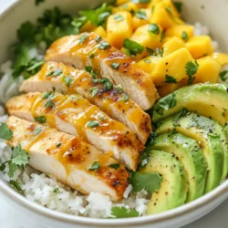 To create a tasty Mango Habanero Chicken Rice Bowl, gather these essential ingredients: - 2 boneless, skinless chicken breasts - 1 ripe mango, diced - 1 habanero pepper, finely chopped (adjust to taste) - 1 cup jasmine rice - 2 cups chicken broth - 1 tablespoon olive oil - 2 tablespoons lime juice - 1 tablespoon honey - 1 teaspoon ground cumin - 1 teaspoon garlic powder - Salt and pepper to taste These ingredients blend well to give a sweet and spicy flavor. You can make your bowls even better with these optional garnishes: - Fresh cilantro, chopped - Sliced avocado These toppings add freshness and creaminess to each bite. To prepare these bowls, you will need: - A medium saucepan for the rice - A non-stick skillet for cooking chicken - A mixing bowl for marinating - A fork for fluffing the rice This equipment helps ensure your cooking process is smooth and enjoyable. {{ingredient_image_1}} Start by bringing chicken broth to a boil in a medium saucepan. Add one cup of jasmine rice to the boiling broth. Reduce the heat to low, cover the pan, and let it simmer. This takes about 15 minutes. Once cooked, fluff the rice with a fork. This step gives you a light and fluffy base for your bowl. In a bowl, mix olive oil, lime juice, honey, ground cumin, garlic powder, and the finely chopped habanero. Add salt and pepper to taste. Stir well to combine. Next, add the two chicken breasts into the marinade. Make sure each piece is coated evenly. Allow the chicken to marinate for at least 20 minutes, or up to two hours in the fridge. This makes the chicken more flavorful. Heat a non-stick skillet over medium-high heat. Take the chicken out of the marinade and place it in the hot skillet. Cook for 5 to 7 minutes on each side. Your goal is a golden-brown crust and fully cooked chicken. The internal temperature should reach 165°F (75°C). After cooking, let the chicken rest for a few minutes before slicing. This helps keep the juices inside. Grab your serving bowls and put a generous scoop of cooked jasmine rice in each one. Next, add slices of the cooked chicken on top. Then, sprinkle diced mango and chopped fresh cilantro over the chicken. For an extra touch, add slices of avocado on top. Finally, drizzle any leftover marinade sauce from the skillet over the bowls. Enjoy your colorful and tasty meal! To control the heat in your Mango Habanero Chicken Rice Bowls, start with less habanero. Use half or even a quarter of the pepper at first. Taste the marinade before adding more. If you want more heat, add small pieces slowly. You can also balance the heat with more mango or avocado. These ingredients add sweetness and creaminess, softening the spice. Marinating chicken makes it juicy and flavorful. Make sure to coat the chicken well in the marinade. Use a zip-top bag or a bowl to mix the chicken and marinade. Let it marinate for at least 20 minutes. For better flavor, let it sit for up to 2 hours in the fridge. This helps the chicken absorb all the tasty ingredients. To make sure your rice comes out fluffy, rinse the jasmine rice first. This removes excess starch. After rinsing, cook the rice in chicken broth for more flavor. Once done, let the rice sit for a few minutes before fluffing it with a fork. This helps separate the grains and gives you that perfect texture. Pro Tips Adjust the Heat Level: If you're sensitive to spice, start with half the amount of habanero and gradually increase to your taste. Perfectly Cooked Chicken: Use a meat thermometer to ensure your chicken reaches an internal temperature of 165°F (75°C) for safety and juiciness. Marinating Time: For optimal flavor, marinate the chicken for at least 2 hours in the refrigerator or overnight if possible. Fresh Ingredients: Using a ripe mango and fresh cilantro elevates the dish's flavor and presentation—don't skip on quality! {{image_2}} You can make a tasty vegetarian or vegan version of this dish. Swap the chicken for firm tofu or tempeh. Marinate them just like you would chicken to soak up all the flavors. For added protein, you can use black beans or chickpeas. Use vegetable broth instead of chicken broth for the rice. The mango and habanero will still shine through! If you want to try different grains, go for quinoa or farro. They add a nice texture and flavor. Brown rice is also a great option if you prefer whole grains. Each grain brings its unique taste, so feel free to mix and match based on your mood or dietary needs. Mango is fantastic, but don’t stop there! Pineapple pairs well with habanero for a sweet and spicy kick. Try peaches or nectarines for a different twist. You could also use berries for a fresh burst of flavor. These fruits will keep your bowls exciting and full of surprises! To store leftover bowls, put them in airtight containers. Make sure to cool them down first. Keeping the rice, chicken, and toppings separate helps maintain texture. Store in the fridge for up to three days. When reheating, use the microwave or stovetop. If using a microwave, cover the bowl with a damp paper towel. This keeps the moisture in and prevents the rice from drying out. Stir the contents halfway through to heat evenly. If using the stovetop, add a splash of water to help steam the rice back to life. To freeze, pack the chicken and rice in separate freezer-safe bags. Squeeze out as much air as possible. You can freeze for up to three months. When you're ready to eat, thaw overnight in the fridge. Reheat thoroughly before serving for the best taste. To cut a mango, start by washing it. Hold the mango with the stem facing up. Cut down along the sides of the pit. You will get two large pieces. Use a knife to score the flesh in a grid pattern. Then, scoop out the cubes with a spoon. This method makes it easy to enjoy fresh mango. Yes, you can use brown rice instead of jasmine rice. Brown rice has a nuttier flavor and chewy texture. It takes longer to cook, so adjust the cooking time. Follow the package instructions for best results. Keep in mind that the bowl's flavor will change slightly with brown rice. Habanero peppers are much spicier than jalapeños. A habanero ranks around 100,000 to 350,000 Scoville heat units. In contrast, jalapeños rank between 2,500 and 8,000. If you want less heat, use less habanero or choose a milder pepper. Always taste carefully when cooking to adjust the spice. Some great side dishes include: - Black beans for added protein - Corn salad for sweetness - Grilled vegetables for freshness - Sliced cucumbers for crunch - Tortilla chips for a fun crunch These sides will complement your Mango Habanero Chicken Rice Bowls well. Enjoy mixing and matching! Mango Habanero Chicken Rice Bowls offer a tasty mix of flavors. You learned about key ingredients, cooking steps, and how to adjust heat to your liking. Remember to try different grains or even vegan options for variety. Store leftovers properly to enjoy them later. This dish is easy to make and fun to customize. With these tips, you can create a bowl that fits your taste. Enjoy making and sharing your own delicious creations!