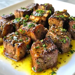 - 1 lb sirloin steak, cut into bite-sized cubes - 3 tablespoons unsalted butter - 4 cloves garlic, minced - 1 tablespoon fresh rosemary, finely chopped - 1 tablespoon fresh thyme, finely chopped - 1 teaspoon Dijon mustard - Salt and pepper to taste - Fresh parsley, chopped for garnish The key to great Garlic Herb Butter Steak Bites is in the ingredients. First, choose a tender cut like sirloin steak. This cut offers rich flavor and a nice texture when cooked right. Cut the steak into bite-sized cubes, about one inch each. This size helps them cook evenly and makes them easy to eat. Next, you’ll need unsalted butter. This butter adds a creamy base for the garlic and herbs. Using unsalted butter allows you to control the salt in your dish better. Fresh garlic, rosemary, and thyme bring bright, herbal notes. Mince garlic finely to release its strong aroma. Use fresh rosemary and thyme for the best flavor, as dried herbs won’t give the same punch. Don’t forget the Dijon mustard! It adds a tangy depth to the butter sauce. Finally, have salt and pepper on hand. They’ll help enhance the flavors of the steak and butter. For garnish, fresh parsley adds a pop of color and freshness. It makes your dish look great and adds a mild taste. These ingredients come together to create a dish that is both simple and full of flavor. {{ingredient_image_1}} Seasoning the steak cubes Start by cutting your sirloin steak into bite-sized cubes. Next, sprinkle salt and pepper on all sides. This simple step makes the steak taste great. Let the seasoned cubes sit for a moment. Searing the steak bites Heat a large skillet over medium-high heat. Melt 1 tablespoon of butter in the skillet. Once melted, add the steak cubes. Be careful not to overcrowd the pan. Sear each side for about 2-3 minutes. Look for a nice brown color on the outside. When done, move the steak bites to a plate. Melting butter and adding garlic In the same skillet, lower the heat to medium. Add the remaining 2 tablespoons of butter. Let it melt slowly. Once melted, toss in the minced garlic. Stir it constantly for 1-2 minutes. You want the garlic to turn golden and smell amazing. Mixing in herbs and Dijon mustard Now, add your chopped rosemary and thyme to the skillet. Stir them in with the garlic. Then, mix in 1 teaspoon of Dijon mustard. This adds a nice tangy flavor. Make sure everything is well combined. Tossing steak bites in garlic herb butter Return the cooked steak bites to the skillet. Toss them in the garlic herb butter. Make sure all the pieces get coated well. This is where the magic happens! Final cooking and flavor infusion Cook the steak bites in the butter for another 1-2 minutes. This helps the flavors blend nicely. The aroma will fill your kitchen! Once ready, take them off the heat and garnish with chopped parsley before serving. Enjoy the tender, flavorful treat! Avoiding overcrowding the pan When you cook steak bites, keep space in the pan. Crowding traps steam, which can make your bites tough. Sear them in batches if needed. This will help them brown nicely. Cooking to preferred doneness Cook the steak bites for 2-3 minutes on each side. You want them browned but still juicy. Use a meat thermometer if you have one. Aim for 130°F for medium-rare, or 140°F for medium. Suggested seasonings to enhance flavor Salt and pepper are key, but you can add more. Try smoked paprika for a hint of smokiness. A touch of cayenne can add heat. Experiment with your favorite spices! Choosing the right butter and herbs Use unsalted butter for better control over saltiness. Fresh herbs like rosemary and thyme add a vibrant taste. If you want, try basil or oregano for a twist. Fresh ingredients make a big difference! Pro Tips Rest the Steak: Allow the steak bites to rest for a few minutes after cooking. This helps the juices redistribute, ensuring a more tender bite. Choose the Right Cut: For the best flavor and tenderness, use a high-quality cut of steak like sirloin or ribeye. The marbling in these cuts enhances the overall taste. Don’t Overcrowd the Pan: When searing, cooking in batches if necessary is key. Overcrowding can lead to steaming instead of searing, preventing that delicious brown crust. Infuse Flavor: For an extra flavor boost, consider adding a splash of red wine or beef broth to the skillet after cooking the steak, scraping up the brown bits for a rich sauce. {{image_2}} You can switch up the steak cut for different flavors. Here are some cuts that work well: - Ribeye: Juicy and marbled, ribeye adds rich flavor. - Filet mignon: Tender and buttery, it melts in your mouth. - Flank steak: Lean and flavorful, it has a great chew. If you're looking for vegetarian options, try these: - Portobello mushrooms: They have a meaty texture that soaks up flavor well. - Cauliflower: Cut into bite-sized pieces and roast until golden. - Tempeh: Packed with protein, it absorbs the garlic herb butter nicely. To make the dish your own, try adding different herbs or spices. Here are some ideas: - Oregano: It adds a warm, earthy taste. - Basil: This gives a fresh, sweet note. - Paprika: Sprinkle for a smoky flavor. For some heat, add chili flakes or fresh diced chili. This will spice up the bites without overwhelming them. A little heat adds excitement and depth to the dish. To store your leftover garlic herb butter steak bites, let them cool first. Place them in an airtight container. Make sure to keep them in the fridge. They should stay fresh for up to three days. If you need to store them longer, consider freezing. Just wrap them tightly in plastic wrap and then in foil. They can last up to three months in the freezer. You can reheat steak bites in two ways: the microwave or stovetop. - Microwave: Place the steak bites on a microwave-safe plate. Cover them with a damp paper towel. Heat in 30-second intervals until warm. This method is quick but may change the texture slightly. - Stovetop: Heat a skillet over medium-low heat. Add the steak bites and a splash of water or broth. Cover the skillet to keep moisture in. Stir occasionally until heated through. This method helps keep them tender and juicy. The best cut for steak bites is sirloin. It has great flavor and tenderness. Sirloin offers a nice balance of fat and lean meat. You can also use ribeye or filet mignon for a richer taste. Each cut brings a unique flavor, so choose one you enjoy. Yes, you can make garlic herb butter ahead of time. Mix butter, minced garlic, and herbs, then store it in the fridge. It will stay good for about a week. You can also freeze it for longer storage. Just slice off what you need when you're ready to cook. To avoid burning garlic, cook it on low to medium heat. Add it to the pan after the meat cooks. This way, it will get golden without burning. Stir it constantly for about one to two minutes. If you see it turning too dark, remove it right away. This blog post covered how to make delicious garlic herb butter steak bites. We explored the main ingredients, including sirloin steak, butter, garlic, and fresh herbs. I shared step-by-step instructions for preparing the steak and making the butter. Key tips helped you avoid common mistakes, while variations showed ways to switch things up. In conclusion, cooking steak bites with garlic herb butter is simple and rewarding. With fresh flavors and easy steps, you can impress anyone at the dinner table. Enjoy experimenting with this dish and make it your own!