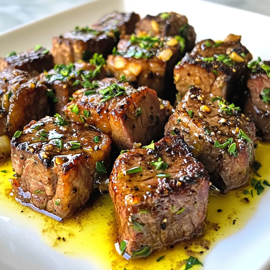 - 1 lb sirloin steak, cut into bite-sized cubes - 3 tablespoons unsalted butter - 4 cloves garlic, minced - 1 tablespoon fresh rosemary, finely chopped - 1 tablespoon fresh thyme, finely chopped - 1 teaspoon Dijon mustard - Salt and pepper to taste - Fresh parsley, chopped for garnish The key to great Garlic Herb Butter Steak Bites is in the ingredients. First, choose a tender cut like sirloin steak. This cut offers rich flavor and a nice texture when cooked right. Cut the steak into bite-sized cubes, about one inch each. This size helps them cook evenly and makes them easy to eat. Next, you’ll need unsalted butter. This butter adds a creamy base for the garlic and herbs. Using unsalted butter allows you to control the salt in your dish better. Fresh garlic, rosemary, and thyme bring bright, herbal notes. Mince garlic finely to release its strong aroma. Use fresh rosemary and thyme for the best flavor, as dried herbs won’t give the same punch. Don’t forget the Dijon mustard! It adds a tangy depth to the butter sauce. Finally, have salt and pepper on hand. They’ll help enhance the flavors of the steak and butter. For garnish, fresh parsley adds a pop of color and freshness. It makes your dish look great and adds a mild taste. These ingredients come together to create a dish that is both simple and full of flavor. {{ingredient_image_1}} Seasoning the steak cubes Start by cutting your sirloin steak into bite-sized cubes. Next, sprinkle salt and pepper on all sides. This simple step makes the steak taste great. Let the seasoned cubes sit for a moment. Searing the steak bites Heat a large skillet over medium-high heat. Melt 1 tablespoon of butter in the skillet. Once melted, add the steak cubes. Be careful not to overcrowd the pan. Sear each side for about 2-3 minutes. Look for a nice brown color on the outside. When done, move the steak bites to a plate. Melting butter and adding garlic In the same skillet, lower the heat to medium. Add the remaining 2 tablespoons of butter. Let it melt slowly. Once melted, toss in the minced garlic. Stir it constantly for 1-2 minutes. You want the garlic to turn golden and smell amazing. Mixing in herbs and Dijon mustard Now, add your chopped rosemary and thyme to the skillet. Stir them in with the garlic. Then, mix in 1 teaspoon of Dijon mustard. This adds a nice tangy flavor. Make sure everything is well combined. Tossing steak bites in garlic herb butter Return the cooked steak bites to the skillet. Toss them in the garlic herb butter. Make sure all the pieces get coated well. This is where the magic happens! Final cooking and flavor infusion Cook the steak bites in the butter for another 1-2 minutes. This helps the flavors blend nicely. The aroma will fill your kitchen! Once ready, take them off the heat and garnish with chopped parsley before serving. Enjoy the tender, flavorful treat! Avoiding overcrowding the pan When you cook steak bites, keep space in the pan. Crowding traps steam, which can make your bites tough. Sear them in batches if needed. This will help them brown nicely. Cooking to preferred doneness Cook the steak bites for 2-3 minutes on each side. You want them browned but still juicy. Use a meat thermometer if you have one. Aim for 130°F for medium-rare, or 140°F for medium. Suggested seasonings to enhance flavor Salt and pepper are key, but you can add more. Try smoked paprika for a hint of smokiness. A touch of cayenne can add heat. Experiment with your favorite spices! Choosing the right butter and herbs Use unsalted butter for better control over saltiness. Fresh herbs like rosemary and thyme add a vibrant taste. If you want, try basil or oregano for a twist. Fresh ingredients make a big difference! Pro Tips Rest the Steak: Allow the steak bites to rest for a few minutes after cooking. This helps the juices redistribute, ensuring a more tender bite. Choose the Right Cut: For the best flavor and tenderness, use a high-quality cut of steak like sirloin or ribeye. The marbling in these cuts enhances the overall taste. Don’t Overcrowd the Pan: When searing, cooking in batches if necessary is key. Overcrowding can lead to steaming instead of searing, preventing that delicious brown crust. Infuse Flavor: For an extra flavor boost, consider adding a splash of red wine or beef broth to the skillet after cooking the steak, scraping up the brown bits for a rich sauce. {{image_2}} You can switch up the steak cut for different flavors. Here are some cuts that work well: - Ribeye: Juicy and marbled, ribeye adds rich flavor. - Filet mignon: Tender and buttery, it melts in your mouth. - Flank steak: Lean and flavorful, it has a great chew. If you're looking for vegetarian options, try these: - Portobello mushrooms: They have a meaty texture that soaks up flavor well. - Cauliflower: Cut into bite-sized pieces and roast until golden. - Tempeh: Packed with protein, it absorbs the garlic herb butter nicely. To make the dish your own, try adding different herbs or spices. Here are some ideas: - Oregano: It adds a warm, earthy taste. - Basil: This gives a fresh, sweet note. - Paprika: Sprinkle for a smoky flavor. For some heat, add chili flakes or fresh diced chili. This will spice up the bites without overwhelming them. A little heat adds excitement and depth to the dish. To store your leftover garlic herb butter steak bites, let them cool first. Place them in an airtight container. Make sure to keep them in the fridge. They should stay fresh for up to three days. If you need to store them longer, consider freezing. Just wrap them tightly in plastic wrap and then in foil. They can last up to three months in the freezer. You can reheat steak bites in two ways: the microwave or stovetop. - Microwave: Place the steak bites on a microwave-safe plate. Cover them with a damp paper towel. Heat in 30-second intervals until warm. This method is quick but may change the texture slightly. - Stovetop: Heat a skillet over medium-low heat. Add the steak bites and a splash of water or broth. Cover the skillet to keep moisture in. Stir occasionally until heated through. This method helps keep them tender and juicy. The best cut for steak bites is sirloin. It has great flavor and tenderness. Sirloin offers a nice balance of fat and lean meat. You can also use ribeye or filet mignon for a richer taste. Each cut brings a unique flavor, so choose one you enjoy. Yes, you can make garlic herb butter ahead of time. Mix butter, minced garlic, and herbs, then store it in the fridge. It will stay good for about a week. You can also freeze it for longer storage. Just slice off what you need when you're ready to cook. To avoid burning garlic, cook it on low to medium heat. Add it to the pan after the meat cooks. This way, it will get golden without burning. Stir it constantly for about one to two minutes. If you see it turning too dark, remove it right away. This blog post covered how to make delicious garlic herb butter steak bites. We explored the main ingredients, including sirloin steak, butter, garlic, and fresh herbs. I shared step-by-step instructions for preparing the steak and making the butter. Key tips helped you avoid common mistakes, while variations showed ways to switch things up. In conclusion, cooking steak bites with garlic herb butter is simple and rewarding. With fresh flavors and easy steps, you can impress anyone at the dinner table. Enjoy experimenting with this dish and make it your own!
