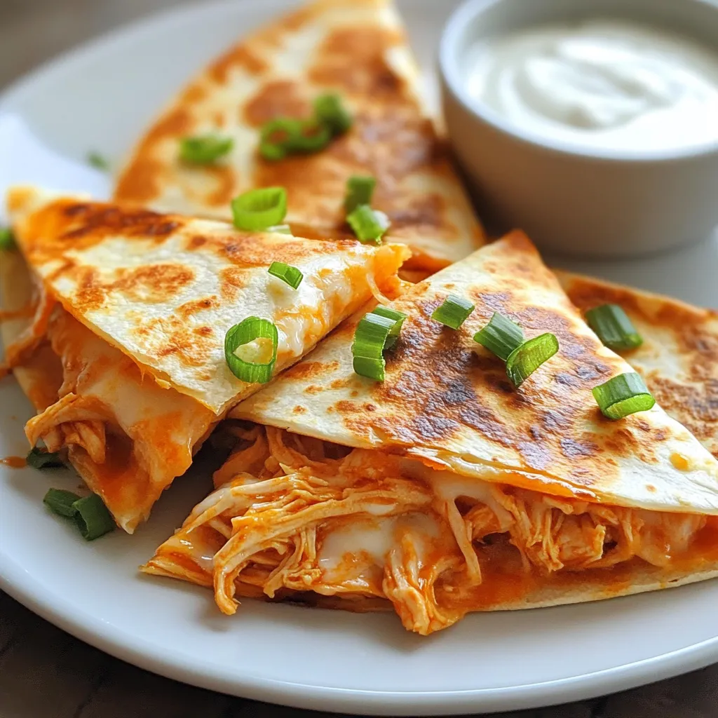 - 2 cups cooked chicken, shredded - 1/2 cup buffalo sauce - 1 cup shredded cheddar cheese - 1 cup shredded mozzarella cheese - 4 large flour tortillas - 1/2 cup ranch dressing (for dipping) - 1/4 cup green onions, sliced - 1 tablespoon olive oil - Salt and pepper to taste These ingredients create a tasty blend of flavors. The cooked chicken adds protein. Buffalo sauce gives a spicy kick. Cheddar and mozzarella make it cheesy and melty. Flour tortillas hold everything together. You can make these quesadillas even better. Here are some fun ideas: - Add cooked bacon for extra crunch. - Use pepper jack cheese for more heat. - Toss in bell peppers or jalapeños for a veggie boost. - Substitute the ranch dressing with blue cheese dressing for a classic touch. These options let you customize the dish to match your taste. Don't be afraid to get creative! To make your meal more special, consider these serving ingredients: - Fresh cilantro for a pop of color and flavor. - Sliced avocados or guacamole to add creaminess. - Extra buffalo sauce for those who love spice. - Fresh veggies like carrot sticks or celery on the side. These additions make your buffalo chicken quesadillas feel like a feast. Enjoy them with friends or family for a great time! {{ingredient_image_1}} First, grab a mixing bowl. Add 2 cups of shredded chicken. Pour in 1/2 cup of buffalo sauce. Mix well until all the chicken is coated. This step brings bold flavor to your quesadillas. The spicy sauce pairs well with the chicken. You can adjust the sauce to your taste. If you like it spicier, add more buffalo sauce. Heat a large skillet on medium heat. Add 1 tablespoon of olive oil to the pan. Once the oil is hot, place one large flour tortilla in the skillet. On one half of the tortilla, sprinkle half of the cheddar cheese and half of the mozzarella cheese. Next, add a generous amount of the buffalo chicken mixture. Don’t forget to add some sliced green onions on top for a fresh touch. Fold the tortilla in half. Cook for about 3 to 4 minutes until the bottom is golden brown. The cheese will start to melt. Carefully flip the quesadilla over. Cook for another 3 to 4 minutes until the other side is golden brown. The cheese should be fully melted now. Once cooked, remove the quesadilla from the skillet. Let it rest for a minute. This helps the cheese set a bit. Use a sharp knife to slice it into wedges. Serve the quesadillas hot. Don’t forget the ranch dressing for dipping. It adds a nice, creamy contrast to the spicy chicken. Enjoy your meal with family or friends! To make your quesadillas crispy, use a hot skillet. Heat the skillet over medium-high heat. Add olive oil to coat the bottom. This helps the tortilla crisp up nicely. Use flour tortillas for the best crunch. They hold up well and get super crispy. When cooking, flip the quesadilla carefully. This keeps the filling inside and the tortilla intact. Buffalo chicken quesadillas are all about flavor. Mix in some garlic powder or onion powder for depth. You can also add smoked paprika for a nice touch. Don’t forget salt and pepper. They enhance the overall taste. A sprinkle of cayenne or chili powder adds heat for those who like it spicy. You’ll need a few tools to make this dish easy. A large skillet is a must. It should be non-stick to prevent sticking. A spatula helps flip the quesadilla without mess. Use a mixing bowl to combine the chicken and sauce. A sharp knife or pizza cutter helps slice the quesadillas into wedges. Lastly, have some small bowls ready for ranch dressing. This makes dipping easy and fun! Pro Tips Use Leftover Chicken: This recipe is a great way to use leftover rotisserie chicken or any cooked chicken you have on hand. Adjust the Spice Level: Feel free to modify the amount of buffalo sauce based on your desired spice level. Start with less if you're sensitive to heat. Cheese Variations: Experiment with different types of cheese like pepper jack for an extra kick or gouda for a smoky flavor. Perfectly Golden Quesadillas: Ensure your skillet is preheated properly and use medium heat to achieve that perfect golden brown exterior without burning. {{image_2}} You can make a tasty vegetarian version of buffalo quesadillas. Replace the chicken with sautéed veggies. Bell peppers, mushrooms, and zucchini work well. Coat them with buffalo sauce for a spicy kick. Use the same cheese mix for that gooey texture we all love. These quesadillas stay just as delicious without meat. If you need a dairy-free choice, skip the cheese. Use vegan cheese or nutritional yeast instead. You can still enjoy the buffalo flavor by using your favorite dairy-free ranch dressing. This keeps the dish creamy and fun. Just make sure to check the labels for any hidden dairy ingredients. Get creative with sauces and cheese. Try BBQ sauce or a spicy chipotle sauce. For cheese, mix pepper jack with cheddar for extra heat. You can also use cream cheese for a rich filling. Experimenting with flavors makes each quesadilla unique and exciting. Trust me, your taste buds will thank you! To keep your buffalo chicken quesadillas fresh, store them in the fridge. Place quesadillas in an airtight container. They stay good for about 3-4 days in the fridge. Make sure to let them cool down before sealing the container. This helps avoid sogginess. If you want to save some for later, freezing is a great option. Wrap each quesadilla in plastic wrap, then place them in a freezer bag. They can last up to 2 months in the freezer. When you’re ready to eat, just thaw them in the fridge overnight. Reheating is simple. You can use a skillet for the best texture. Heat the skillet over medium-low heat. Place the quesadilla in the skillet for about 3-4 minutes on each side. You can also use a microwave, but they may become soft. If using a microwave, heat on high for about 1-2 minutes. Enjoy them warm and crispy! Yes, you can use rotisserie chicken. It saves time and adds great flavor. Just shred the chicken into small pieces. Mix it with buffalo sauce as the recipe says. This makes cooking even easier! If you want a milder flavor, try BBQ sauce or hot sauce. You can also mix hot sauce with a bit of butter for a similar taste. This way, you control the spice level. You can even use a homemade sauce if you prefer. To make your quesadillas extra cheesy, add more cheese! Use a mix of cheddar and mozzarella. Layer the cheese on both sides of the filling. This way, each bite is full of gooey goodness. You can also try adding cream cheese for extra creaminess. This blog post covered the key ingredients and step-by-step instructions for making delicious buffalo quesadillas. You learned how to prepare the chicken and cook them for the best texture. I shared tips for crispiness and flavor, plus variations for dietary needs. Remember to follow storage guidelines for freshness. Now, you can create this tasty meal or snack anytime. Enjoy experimenting with your own twists, and share your favorite versions with others!