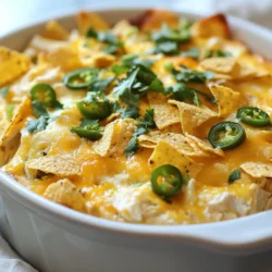 Here is what you need to make Jalapeño Chicken Bake: - 2 cups cooked chicken, shredded - 1 cup cream cheese, softened - 1 cup shredded cheddar cheese - 1/2 cup diced jalapeños (fresh or pickled) - 1/2 cup sour cream - 1 teaspoon garlic powder - 1 teaspoon onion powder - 1 teaspoon smoked paprika - Salt and pepper to taste - 1 cup crushed tortilla chips (for topping) - Optional: Fresh cilantro for garnish Each ingredient plays a key role. The chicken gives protein and heartiness. Cream cheese makes the dish creamy and smooth. Cheddar adds a rich flavor that melts well. Jalapeños bring spice. You can control the heat by choosing fresh or pickled ones. Sour cream adds tang and helps balance the spice. Herbs and spices like garlic powder, onion powder, and smoked paprika add depth. Salt and pepper enhance all flavors. Finally, tortilla chips add crunch and texture on top. If you want, fresh cilantro makes a bright garnish. Gather these ingredients to create a vibrant and tasty meal. {{ingredient_image_1}} Start by preheating your oven to 375°F (190°C). This step is key for even cooking. A hot oven helps the dish bake well and get bubbly. In a large bowl, mix together the following: - 2 cups cooked chicken, shredded - 1 cup cream cheese, softened - 1 cup shredded cheddar cheese - 1/2 cup diced jalapeños - 1/2 cup sour cream - 1 teaspoon garlic powder - 1 teaspoon onion powder - 1 teaspoon smoked paprika - Salt and pepper to taste Stir all these until they blend smoothly. This mixture gives your bake a creamy and cheesy base. Next, grab a greased 9x13 inch baking dish. Carefully transfer the chicken mixture into the dish. Spread it out evenly so every bite is tasty. Place the baking dish in the preheated oven. Bake for 25 to 30 minutes. Look for a golden brown top and bubbly edges. If you want extra crunch, you can broil for 2-3 minutes at the end. Just watch closely to avoid burning. To change the spice in your Jalapeño Chicken Bake, you can do a few things. If you want it mild, use fewer jalapeños. You can also choose pickled jalapeños, as they tend to be less hot. If you love heat, add more jalapeños. You can even add a pinch of cayenne pepper to boost the spice level. Taste the mixture before baking to find the right balance for you. To keep your chicken moist, use cooked chicken that is warm. Shred it right before mixing with other ingredients. This helps the chicken soak up all the creamy flavors. You can also add more sour cream or cream cheese if the mix seems dry. Baking the dish until bubbly can also help lock in moisture. For a beautiful presentation, serve your Jalapeño Chicken Bake in the baking dish. Sprinkle fresh cilantro on top for a pop of color. You can also arrange additional tortilla chips around the dish. This adds a nice touch and gives guests something to scoop with. Serve it hot, and pair it with a simple salad or rice for a complete meal. Pro Tips Adjust the Heat: Depending on your preference for spice, use fresh jalapeños for a milder flavor or pickled jalapeños for more tang and heat. Cheese Variations: Experiment with different types of cheese such as pepper jack for added spice or mozzarella for a milder, stretchy texture. Layering for Flavor: For a deeper flavor, consider adding sautéed onions or bell peppers to the chicken mixture before baking. Serving Suggestions: This dish pairs beautifully with a side of guacamole or a fresh garden salad to balance the richness. {{image_2}} You can easily add more veggies to your Jalapeño Chicken Bake. Try mixing in bell peppers, corn, or spinach. These veggies boost flavor and add nutrition. Chop them finely to blend well. You can also use zucchini or mushrooms for a unique twist. Just sauté them first to soften and enhance their taste. Switching up the cheese can change the flavor. Instead of cheddar, use Monterey Jack for a creamy texture. Pepper Jack adds more heat if you like spice. You might also try a mix of cheeses for depth. Cream cheese is a must for creaminess, but feel free to experiment! If you want to switch proteins, use ground turkey, beef, or pork. Shredded rotisserie chicken also works well. For a vegetarian option, try black beans or chickpeas. They add protein and a nice texture. Just ensure you season them well to keep the dish flavorful. After you enjoy your Jalapeño Chicken Bake, store any leftovers in an airtight container. Keep it in the fridge for up to three days. This helps keep the flavors fresh and tasty. If you want, you can also cover it with plastic wrap or foil. To freeze your Jalapeño Chicken Bake, let it cool completely first. Then, place it in a freezer-safe container. You can also wrap it tightly in plastic wrap and then in aluminum foil. This will keep it fresh for up to three months. Label the container with the date to track how long it has been stored. When you are ready to enjoy your leftovers, preheat your oven to 350°F (175°C). Place the dish in the oven for about 20-25 minutes, or until heated through. If you want a crispy topping, you can uncover it for the last few minutes. You can also reheat individual portions in the microwave for about 1-2 minutes. Just make sure to watch it closely to avoid overheating. Yes, you can prepare Jalapeño Chicken Bake a day in advance. Just mix the ingredients, then cover and refrigerate. When you're ready, bake it straight from the fridge. This saves time and keeps the flavors fresh. This dish pairs well with several sides. Here are some great options: - Rice or quinoa for a hearty meal - Tortilla chips for extra crunch - A fresh salad for balance - Guacamole or salsa for flavor Yes, you can use canned chicken. Drain it well and shred it before mixing it with other ingredients. This option is quick and works well if you're short on time. The spice level depends on the jalapeños you use. Fresh jalapeños tend to be hotter. If you prefer less heat, choose pickled jalapeños or reduce the amount used. Taste as you go to find your perfect spice level. To make a vegetarian version, substitute the chicken with cooked beans or lentils. You can also add more vegetables, like bell peppers or corn, to enhance the flavor and texture. This way, you keep the dish tasty and satisfying. In this blog post, we covered the tasty Jalapeño Chicken Bake. We listed the key ingredients, shared simple steps, and offered handy tips for success. I shared ideas for variations to suit your taste. Plus, we talked about how to store and reheat leftovers. You can customize this dish for any meal. Enjoy experimenting with flavors and textures. This bake is sure to please. So, gather your ingredients and get cooking!