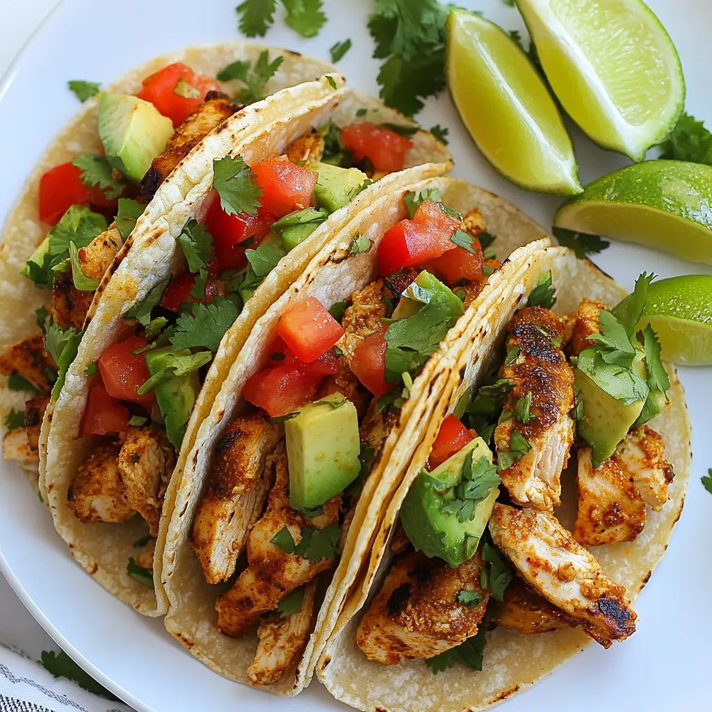 - 1 lb chicken breast, boneless and skinless - 8 small corn tortillas - 3 tablespoons chipotle powder - 1 teaspoon cumin - 1 teaspoon smoked paprika - 2 tablespoons olive oil - Juice of 2 limes - 1 teaspoon honey - Salt and pepper to taste - 1 cup shredded lettuce - 1 cup diced tomatoes - 1 avocado, sliced - Fresh cilantro, for garnish - Lime wedges, for serving The chicken breast forms the base of these tacos. It’s tender and juicy. The corn tortillas bring a nice crunch. Remember, the tortillas should be warmed before serving. The marinade adds a rich flavor. Chipotle powder gives a smoky kick. Cumin and smoked paprika enhance the taste. Olive oil helps the spices stick. Lime juice adds brightness. Honey balances the heat well. Salt and pepper finish the mix. For toppings, I love using shredded lettuce for crunch. Diced tomatoes add freshness. Avocado gives a creamy touch. Fresh cilantro brightens every bite. Lime wedges on the side offer extra zest. These simple ingredients create bold and tasty tacos. {{ingredient_image_1}} To make the marinade, grab a bowl. Add 3 tablespoons of chipotle powder, 1 teaspoon of cumin, and 1 teaspoon of smoked paprika. Then, pour in 2 tablespoons of olive oil and the juice of 2 limes. Mix in 1 teaspoon of honey, along with salt and pepper. Stir everything until it’s well combined. Now, take 1 pound of boneless, skinless chicken breast. Place it into the bowl with the marinade. Make sure the chicken is well-coated on all sides. Cover the bowl and refrigerate it for at least 30 minutes, or up to an hour. This time allows the chicken to soak in all those tasty flavors. Next, heat a grill pan or skillet over medium-high heat. Once hot, add the marinated chicken. Cook it for about 6 to 7 minutes on each side. You want it to be cooked through and have nice char marks. After cooking, remove the chicken and let it rest for a few minutes. Then, slice it into thin strips. While the chicken rests, take 8 small corn tortillas. Heat them in a dry skillet for about 30 seconds on each side until warm and slightly toasted. Now, for the fun part! Place a few strips of chicken on each tortilla. Top them with shredded lettuce, diced tomatoes, and avocado slices. Garnish the tacos with fresh cilantro. Serve with lime wedges on the side. The lime adds a zesty kick that makes each bite even better! Enjoy your tasty Chipotle Lime Chicken Tacos! To make a great marinade, mix chipotle powder, cumin, and smoked paprika. Add olive oil, lime juice, honey, salt, and pepper. This blend gives a nice kick to the chicken. Let the chicken soak in the marinade for at least 30 minutes. The longer you marinate, the better the flavor. Use medium-high heat for cooking the chicken. This helps to get nice char marks. Cook each side for about 6-7 minutes. Make sure the chicken is fully cooked. The internal temperature should reach 165°F. Let the chicken rest before slicing it. This keeps it juicy and tender. To heat corn tortillas, use a dry skillet. Warm each tortilla for about 30 seconds on both sides. This makes them soft and easy to fold. You can also wrap them in a clean towel and microwave for about 20 seconds. This method keeps them warm for serving. Top your tacos with fresh shredded lettuce, diced tomatoes, and avocado slices. Add fresh cilantro for color and flavor. Lime wedges add brightness to each bite. You can also use pickled onions or jalapeños for an extra zing. Enjoy making your tacos look as tasty as they are! Pro Tips Marination Time: For the best flavor, marinate the chicken for at least 1 hour, or even overnight if possible. This allows the spices to penetrate deeper into the meat. Heat Control: Make sure your grill pan or skillet is properly preheated before adding the chicken. This helps achieve those beautiful char marks and keeps the chicken juicy. Fresh Ingredients: Use fresh lime juice and ripe avocados for the best flavor and texture. Fresh ingredients can elevate the entire dish. Customize Your Toppings: Feel free to get creative with toppings! Add diced red onion, jalapeños, or a drizzle of crema for an extra kick and flavor. {{image_2}} You can swap the chicken for other proteins. Try pork or beef for a different taste. Shrimp also works well with the marinade. Just adjust cooking times to ensure they cook fully. These choices keep the taco fun and tasty. For a meat-free meal, use grilled portobello mushrooms. They have a rich flavor that pairs well with chipotle. You can also try marinated tofu. It absorbs flavors well and adds protein. Another option is to use black beans, making the dish hearty and healthy. Mix up the spices to create your own twist. Add garlic powder for a deeper taste. Try chili powder for more heat. For a fresh note, toss in fresh lime zest. You can also use fresh herbs like oregano or thyme for a unique flavor profile. These changes keep your tacos exciting and delicious. After enjoying your tacos, store any leftovers in an airtight container. Make sure to cool the chicken first. Place the chicken, tortillas, and toppings in separate containers. This keeps everything fresh. You can keep them in the fridge for up to three days. If you want to save the chicken for later, freezing is a great option. Wrap the chicken tightly in plastic wrap or foil. Place it in a freezer bag, and remove as much air as possible. This will prevent freezer burn. You can freeze it for up to three months. Remember to label the bag with the date. To reheat the chicken, place it in a skillet over medium heat. Add a splash of water or broth to keep it moist. Heat until warm, about five to seven minutes. For tortillas, warm them in a dry skillet for about 30 seconds on each side. This way, they stay soft and tasty. Enjoy your tacos like they are fresh! You should marinate the chicken for at least 30 minutes. This time lets the spices soak in. For the best flavor, marinate for up to an hour. Keep the chicken in the fridge while it marinates. Yes, you can use flour tortillas. They are soft and easy to wrap. However, corn tortillas bring a nice texture and flavor. Try both to see which one you like best. You can serve these tacos with a side of rice or beans. A fresh salad also works well. Don’t forget lime wedges for an extra zing. Guacamole or salsa can add more flavor too. To spice up your tacos, add more chipotle powder to the marinade. You can also include sliced jalapeños on top. A drizzle of hot sauce will add heat too. Yes, these tacos can be healthy. They use lean chicken and fresh veggies. The lime juice adds flavor without extra calories. Just watch the portion size of any toppings you add. You learned about the key ingredients for Chipotle Lime Chicken Tacos, from marinade to toppings. I shared step-by-step instructions to make tasty tacos at home. Tips on perfecting the marinade and cooking helped you avoid common mistakes. There are variations for different tastes too. Finally, I covered storage and answered frequent questions for your convenience. Enjoy making these delicious tacos and share them with friends. They will love them as much as you do!