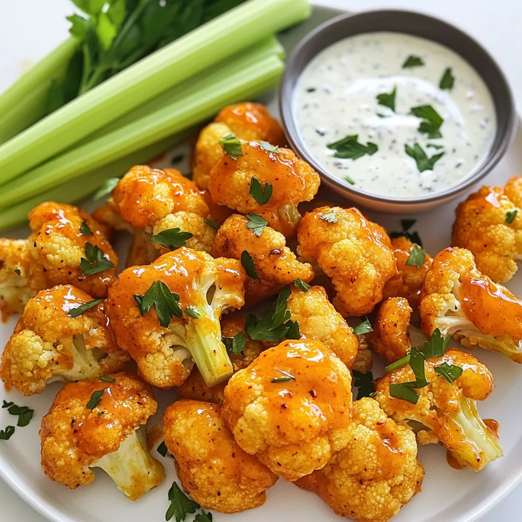 To make the best Vegan Buffalo Cauliflower Bites, gather these ingredients: - 1 medium head of cauliflower, cut into bite-sized florets - 1 cup all-purpose flour or chickpea flour for a gluten-free option - 1 cup plant-based milk, such as almond milk - 1 teaspoon garlic powder - 1 teaspoon onion powder - 1 teaspoon smoked paprika - ½ teaspoon salt - ½ teaspoon black pepper - 1 cup buffalo sauce, store-bought or homemade - 2 tablespoons olive oil - Fresh celery sticks and vegan ranch dressing for serving - Chopped fresh parsley for garnish This mix of ingredients creates a crispy, spicy treat. The cauliflower serves as a great base. The flour and milk form a thick batter that coats the florets. The seasoning adds depth and flavor. I love using chickpea flour for a gluten-free twist. It gives a nutty taste that pairs well with the spices. Choose your favorite plant-based milk. Almond milk works well, but soy or oat milk are great too. Buffalo sauce is key for that spicy kick. You can make it from scratch or buy it. Look for a brand that tastes great to you. The olive oil helps the bites brown in the oven. For serving, crunchy celery sticks and creamy vegan ranch dressing make perfect pairings. They balance the heat and add freshness. A sprinkle of parsley on top gives a nice touch. It’s all about making your dish pop and look inviting! {{ingredient_image_1}} Start by washing the cauliflower. Cut it into bite-sized florets. This is key for even cooking. You want each piece to be about the same size. This way, they cook evenly and get nice and crispy. In a bowl, whisk together the flour and plant-based milk. Add garlic powder, onion powder, smoked paprika, salt, and black pepper. Mix until smooth. The batter should be thick, so it coats the florets well. If you want a gluten-free option, use chickpea flour instead. Preheat your oven to 450°F (230°C). Line a baking sheet with parchment paper. Dip each cauliflower floret into the batter. Let the excess batter drip off. Place the florets evenly on the baking sheet. Bake them for 20 minutes. They should start to turn golden and crispy. While the cauliflower bakes, heat buffalo sauce and olive oil in a small pot. Stir until warm. After baking, take the florets out of the oven. Carefully coat each piece in the buffalo sauce mixture. This step adds great flavor and heat. Return the coated bites to the baking sheet. Arrange them in a single layer. Bake for another 10-15 minutes. This second baking makes them extra crispy. Once done, let them cool slightly. Garnish with chopped parsley. Enjoy with celery sticks and vegan ranch dressing for dipping! To make your buffalo cauliflower bites crispy, focus on the batter. Use a thick batter made from flour and plant-based milk. This helps it stick well to the florets. Bake at a high temperature, like 450°F, to get that golden brown look. Make sure not to overcrowd the baking sheet. This allows hot air to move around each piece, making them crisp all over. To amp up the flavor, try adding spices to the batter. Garlic powder and smoked paprika work well. If you like it spicy, add some cayenne pepper. You can also toss the baked bites in extra buffalo sauce right before serving. For a fresh twist, sprinkle some chopped parsley on top for color and taste. Pair them with vegan ranch dressing for a cool dip that balances the heat. Do: - Preheat the oven to ensure even cooking. - Coat each floret well in the batter. - Use parchment paper to prevent sticking. Don't: - Skip the soaking time for the cauliflower. This helps flavors blend. - Use too much sauce at once; it can make them soggy. - Forget to check on them while baking; ovens vary. Pro Tips Choose the Right Flour: For a gluten-free option, chickpea flour works wonderfully, adding a nutty flavor and extra protein to your bites. Get Crispy Bites: Make sure the batter is thick enough to coat the cauliflower well; this ensures a crispy texture after baking. Bake in a Single Layer: Spread the cauliflower evenly on the baking sheet to allow for proper air circulation, which helps achieve maximum crispiness. Control the Heat: Adjust the amount of buffalo sauce used based on your spice tolerance—start with a little and add more to taste! {{image_2}} To make these bites gluten-free, swap all-purpose flour for chickpea flour. Chickpea flour works great and adds a nice nutty flavor. Use the same amount as in the original recipe. The batter will still coat the cauliflower well and keep it crispy. Want more heat? Use a hotter sauce like Sriracha or a spicy garlic sauce. Mix it with the buffalo sauce to boost the spice. You can also add cayenne pepper to the batter for an extra kick. Taste and adjust until you find your favorite level of spice. Try serving the bites with different dips. Besides vegan ranch, blue cheese dressing is a classic choice. You can also pair them with hummus or guacamole for a fresh twist. Add some sliced veggies or a light salad on the side for a complete meal. To keep your leftover vegan buffalo cauliflower bites fresh, place them in an airtight container. Make sure they cool down to room temperature first. Store them in the fridge for up to three days. This way, they stay crispy and tasty for your next snack or meal. When you're ready to enjoy your leftovers, preheat your oven to 350°F (175°C). Spread the bites on a baking sheet in a single layer. Heat them for about 10-15 minutes. This method helps keep them crispy. You can also use an air fryer if you want even crispier results. Just heat them at 350°F (175°C) for about 5-7 minutes. If you want to freeze these bites, place them on a baking sheet in a single layer. Freeze them for about an hour until they are firm. Then, transfer them to a freezer-safe bag or container. They can last up to three months in the freezer. When you’re ready to eat them, bake them straight from the freezer. Just adjust the baking time to about 20-25 minutes. This keeps them delicious and ready for any occasion. Yes, you can make these bites ahead of time. Prepare the cauliflower, dip it in the batter, and bake as directed. After baking, cool completely. Store in an airtight container in the fridge for up to two days. When ready to serve, reheat in the oven to regain crispiness. Some great dipping sauces include: - Vegan ranch dressing - Vegan blue cheese dressing - Hummus - Guacamole These sauces add a creamy balance to the spicy bites. You can easily change the spice level. For milder bites, use less buffalo sauce. You can also use a mild sauce. To make it spicier, add cayenne pepper to the batter or use a hot sauce with more heat. Yes, baking is the way to go! This recipe already includes baking steps. It keeps the bites crispy without added oil from frying. Just follow the baking instructions for perfect results. Buffalo cauliflower bites can be a healthy snack. They are low in calories and packed with nutrients. Cauliflower is high in vitamins C and K. Using plant-based milk and flour also keeps them vegan and nutritious. Just watch the amount of buffalo sauce to control the sodium. This blog post covered how to make tasty vegan buffalo cauliflower bites. We explored key ingredients, like cauliflower and plant-based milk. I shared step-by-step instructions, from prepping to baking. Tips helped enhance flavor and crispiness, while variations noted gluten-free and spicier options. Storing leftovers and reheating was also discussed. These bites are a snack or meal that everyone can enjoy. You can impress friends with this simple, healthy recipe.