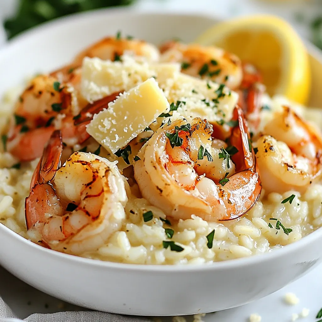 To make a great Garlic Butter Shrimp Risotto, you need key ingredients. Here’s what you’ll need: - 1 cup Arborio rice - 1 pound large shrimp, peeled and deveined - 4 cups vegetable broth - 1 cup onion, finely chopped - 3 cloves garlic, minced - 1/2 cup Parmesan cheese, grated - 4 tablespoons unsalted butter - 1 tablespoon olive oil - 1/2 cup fresh parsley, chopped - Salt and pepper to taste - Zest of 1 lemon These ingredients form the base of the dish. Arborio rice gives risotto its creamy texture. Large shrimp add a lovely flavor and protein. The broth enhances the taste, while onion and garlic provide a fragrant base. You can add some optional ingredients to make your risotto even better: - 1/2 cup white wine for depth - 1/2 cup peas for color and sweetness - Lemon juice for brightness - A pinch of red pepper flakes for heat These options can elevate your dish. White wine adds richness, while peas bring a pop of color. Lemon juice brightens the flavors, and red pepper flakes add a little kick. If you can’t find an ingredient, here are some substitutions: - Arborio rice: Use Carnaroli or Vialone Nano rice. - Shrimp: Swap with scallops or chicken if you prefer. - Vegetable broth: Chicken broth works well too. - Parmesan cheese: Grana Padano or Pecorino Romano can be used. These swaps keep the dish delicious. Using different rice can change the creaminess slightly, but it still works. Choose proteins based on your taste. {{ingredient_image_1}} Start by heating the vegetable broth in a saucepan. Use medium-low heat. Keep it warm, but do not boil. This broth adds flavor to the risotto. You want it ready when you add it to the rice. In a large skillet, heat olive oil and 2 tablespoons of butter over medium heat. Next, add the finely chopped onion. Sauté for about 3 to 4 minutes. The onion should become soft and translucent. Then, add the minced garlic. Cook for 1 minute until it smells great. This step builds a solid flavor base. Now, it’s time for the Arborio rice. Add it to the skillet, stirring to coat it in the butter and oil mix. Toast the rice for about 2 minutes. This step enhances the flavor. Pour in 1 cup of warm broth, stirring constantly. Wait until most of the liquid is absorbed before adding more. Repeat this process for about 18 to 20 minutes. The risotto should be creamy and slightly firm. While the risotto cooks, grab another pan. Melt the remaining butter over medium-high heat. Add the peeled and deveined shrimp. Season with salt and pepper. Cook for about 2 to 3 minutes on each side. The shrimp should turn pink and opaque. This adds a nice protein touch to your dish. Once the risotto is creamy and ready, turn off the heat. Stir in the grated Parmesan cheese, lemon zest, fresh parsley, and the cooked shrimp. Taste and adjust the seasoning with salt and pepper. Let it sit for a minute. This resting time helps the flavors blend beautifully. Serve it hot, and enjoy! To get creamy risotto, use Arborio rice. This rice has a high starch content that helps create a smooth texture. Always keep the vegetable broth warm while cooking. This helps the rice absorb the liquid evenly. Stirring often is key. It helps release more starch, making your risotto creamy. Aim for a slightly al dente bite. This means the rice should be tender but still have a little firmness. Cook your shrimp quickly to keep them juicy. Start by heating butter in a pan over medium-high heat. Add the shrimp in a single layer. Season with salt and pepper before cooking. Cook them for about 2-3 minutes on each side. They are done when they turn pink and opaque. Avoid overcrowding the pan, as this can cause steaming rather than sautéing. If you have many shrimp, cook them in batches. One common mistake is adding all the broth at once. This can lead to uneven cooking and a less creamy texture. Another mistake is not stirring enough. Stirring helps release starch and creates creaminess. Also, be careful not to overcook the shrimp. Overcooked shrimp can become rubbery. Finally, taste your risotto as it cooks. Adjust the salt and pepper to your liking. This way, you'll ensure every bite is full of flavor. Pro Tips Use Fresh Shrimp: Whenever possible, opt for fresh shrimp instead of frozen. Fresh shrimp enhances the dish's flavor and texture. Don’t Rush the Broth: Adding the broth too quickly can result in a less creamy texture. Allow each addition to be absorbed fully for optimal creaminess. Toast the Rice: Toasting the Arborio rice before adding broth helps to develop a nutty flavor, adding depth to your risotto. Finish with Quality Ingredients: Using high-quality Parmesan cheese and fresh parsley at the end elevates the overall flavor of the dish. {{image_2}} You can easily boost the nutrition in garlic butter shrimp risotto. Adding vegetables not only makes the dish colorful but also adds vitamins. I love using spinach or peas in my risotto. You can add them when the rice is almost done. They cook quickly and keep their bright color. Other great options are bell peppers or zucchini. Just chop them small and sauté them with the onions for extra flavor. Shrimp is a fantastic choice, but you can switch things up! Try using scallops or lobster for a luxe twist. If you prefer a plant-based option, chickpeas or mushrooms work well too. Cook them until golden brown, then add them to the risotto. This keeps the dish hearty and satisfying while offering different flavors. Seasonal ingredients enhance your risotto's taste and freshness. In spring, asparagus adds a nice crunch, while in summer, fresh corn is sweet and delightful. Fall brings in pumpkin, which gives a creamy texture. Winter is perfect for root vegetables like carrots or turnips. Always choose fresh, local produce for the best flavor. These ingredients keep the dish changing and exciting! To store leftover Garlic Butter Shrimp Risotto, let it cool first. Place it in an airtight container. This keeps the risotto fresh. Store it in the fridge for up to three days. If you want to keep it longer, freezing is a great option. When reheating, add a splash of vegetable broth or water. This helps restore the creamy texture. Heat it gently on the stove over low heat. Stir often to prevent sticking. You can also use the microwave. Heat in a bowl covered with a damp paper towel. This keeps moisture in. If you freeze the risotto, use a freezer-safe container. Divide it into smaller portions for easy use. It can last up to three months in the freezer. To defrost, place it in the fridge overnight. Then, reheat as mentioned above. This way, you can enjoy your risotto anytime! To make risotto creamy, you should stir it often. The stirring helps release starch from the rice. This starch makes the dish smooth. Use Arborio rice, as it has the right starch. Always add warm broth slowly. Wait for it to absorb before adding more. Yes, you can use frozen shrimp. Just thaw them first. Place the shrimp in cold water for a quick thaw. This way, they will cook evenly. Make sure they are peeled and deveined for the best taste. You can use other cheeses like Pecorino Romano or Gruyère. These cheeses add their unique flavor. Just remember to grate them finely. This helps them melt well into the risotto. Garlic butter shrimp risotto lasts for about three days in the fridge. Store it in an airtight container. Make sure it cools down before sealing. This keeps the flavors fresh and tasty. Yes, you can make this dish dairy-free. Replace the butter with olive oil or vegan butter. Use a dairy-free cheese or skip cheese altogether. The dish will still be tasty and creamy. Garlic butter shrimp risotto combines simple ingredients with foolproof steps for a tasty meal. We discussed essential and optional ingredients and how to cook the risotto perfectly. I shared tips to avoid common mistakes, and offered fun variations to keep this dish fresh. Don’t forget proper storage methods for leftovers. Enjoy making this dish your way, and share it with friends. With practice, you will create risotto that impresses everyone!