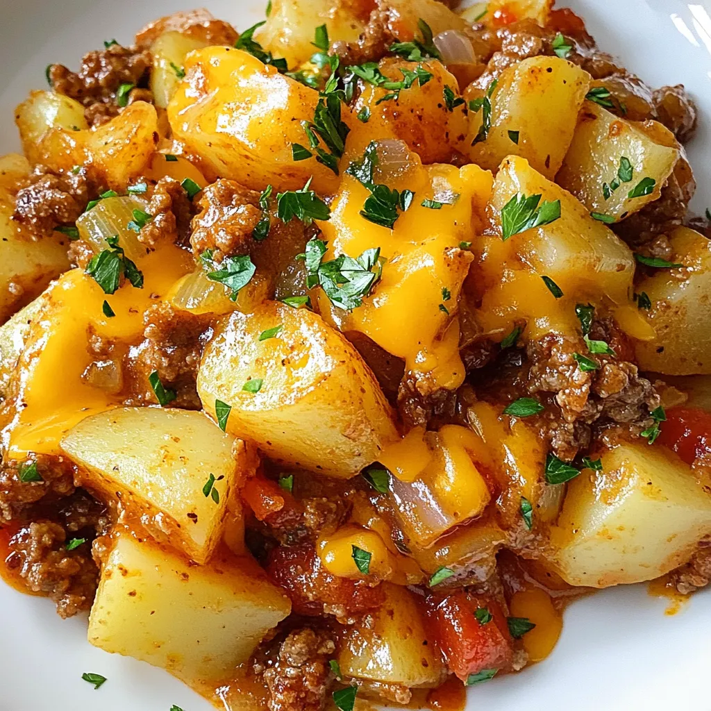 To make a Sloppy Joe Potato Skillet, gather these items: - 4 medium potatoes, diced into small cubes - 1 lb ground beef or turkey - 1 cup onion, chopped - 1 cup bell pepper, diced (red or green) - 2 cloves garlic, minced - 1 cup ketchup - 2 tablespoons Worcestershire sauce - 1 tablespoon brown sugar - 1 teaspoon mustard (yellow or Dijon) - 1 teaspoon smoked paprika - Salt and pepper to taste - 2 tablespoons olive oil - 1 cup shredded cheddar cheese (optional) - Fresh parsley, chopped (for garnish) You can swap ingredients if needed. Here are some ideas: - Use sweet potatoes instead of regular potatoes for a sweeter taste. - Ground turkey works well, but ground chicken can be used too. - If you're out of Worcestershire sauce, soy sauce works as a good substitute. - For a vegan option, use lentils or black beans in place of meat. - You can leave out cheese or use a dairy-free version to suit dietary needs. Choosing fresh ingredients makes a big difference. Here are some tips: - Potatoes: Look for firm potatoes with no sprouts or blemishes. - Onions: Pick onions that feel heavy for their size and have dry, papery skin. - Bell Peppers: Choose vibrant, shiny peppers. They should be firm and free of soft spots. - Garlic: Select heads that are firm and not sprouting. Fresh garlic adds great flavor. By using fresh ingredients, your Sloppy Joe Potato Skillet will taste even better. Happy cooking! {{ingredient_image_1}} To make Sloppy Joe Potato Skillet, start with the right tools. You need a large skillet. Here’s what to do: 1. Heat the olive oil: Pour 2 tablespoons of olive oil into your skillet over medium heat. 2. Cook the potatoes: Add 4 medium diced potatoes. Sprinkle salt and pepper. Cook for 10-15 minutes. Stir every few minutes until they turn golden brown and soft. Remove them from the skillet and set aside. 3. Sauté the veggies: In the same skillet, add 1 cup of chopped onion, 1 cup of diced bell pepper, and 2 minced garlic cloves. Cook for about 5 minutes until they soften. 4. Brown the meat: Add 1 pound of ground beef or turkey. Cook until it is browned. Use a spatula to break it into smaller pieces. 5. Mix in the sauce: If there’s extra fat, drain it. Then add 1 cup of ketchup, 2 tablespoons of Worcestershire sauce, 1 tablespoon of brown sugar, 1 teaspoon of mustard, and 1 teaspoon of smoked paprika. Stir well. Let it cook for another 5 minutes. This helps the flavors blend. 6. Combine everything: Add the cooked potatoes back to the skillet. Mix well. If you want cheese, sprinkle 1 cup of shredded cheddar on top. Cover the skillet for a few minutes until the cheese melts. 7. Garnish and serve: Take it off the heat. Add chopped fresh parsley for a nice touch before serving. Every stove is a bit different. Here are tips to adjust cooking times: - Gas stoves often heat up faster. Check your food earlier. - Electric stoves may take longer to heat. Keep an eye on your food. - Test the potatoes for doneness with a fork. They should be soft and tender. To make sure your potatoes are just right, follow these tips: - Cut potatoes evenly: This helps them cook at the same rate. Aim for small cubes. - Don’t overcrowd the pan: If you add too many potatoes, they may steam instead of fry. Cook in batches if needed. - Use the right heat: Medium heat works best for browning. Too hot can burn them, and too low won’t cook them through. With these steps and tips, you will create a delicious Sloppy Joe Potato Skillet that everyone will love! To save time, prep your ingredients first. Dice the potatoes, chop the onion, and bell pepper ahead of time. You can store them in the fridge. This way, when you start cooking, everything is ready to go. It makes the cooking process smooth and quick. Use a large skillet to cook the potatoes first. This gives them a nice golden color. After that, sauté the onion, bell pepper, and garlic together. This step builds great flavor. Cooking the meat well is key. Break it into small bits as it cooks. This helps it absorb the sauce better. For sides, try a fresh salad. A simple green salad with vinaigrette works great. You can also serve it with crispy bread. For drinks, pair it with iced tea or soda. These options balance the rich flavors of the Sloppy Joe Potato Skillet. Enjoy your meal! Pro Tips Use Starchy Potatoes: For the best texture, choose starchy potatoes like Russets, as they become fluffy and absorb flavors better. Customize the Meat: Feel free to substitute ground beef with turkey, chicken, or even plant-based meat for a healthier or vegetarian option. Add Extra Veggies: Boost the nutritional value by adding more vegetables like corn or zucchini into the skillet along with the bell pepper and onion. Cheese Variations: Experiment with different cheeses like pepper jack or Monterey Jack for a unique flavor twist and added creaminess. {{image_2}} You can easily make a vegetarian version of the Sloppy Joe Potato Skillet. Start by swapping the meat for lentils or black beans. Both options provide great texture and protein. Cook the lentils until tender and mix them with the same sauce. Use the same spices, onions, and peppers for flavor. You can also add mushrooms for extra depth. They add a nice meaty texture without meat. If you love spice, add some heat to your skillet. You can mix in diced jalapeños or crushed red pepper flakes when you sauté the onions and peppers. This will give the dish a nice kick. For an extra layer of flavor, try using chipotle in adobo sauce. Just a spoonful will add smokiness and heat. Adjust the spice level to your taste, and make it as spicy as you like! You don't have to use beef or turkey. You can try ground chicken or turkey for a leaner option. They work well with the same sauce and spices. If you want a meat substitute, options like crumbled tempeh or seitan can fit perfectly in this dish. They absorb flavors well and provide a hearty bite. Just cook them the same way as you would with ground meat for delicious results. To store leftovers, let the Sloppy Joe Potato Skillet cool first. Transfer it to an airtight container. Keep it in the fridge for up to three days. If you want to enjoy it later, store it properly. This will help keep its taste and texture. When it's time to reheat, use a skillet for the best flavor. Heat it over medium heat. Add a splash of water or broth to keep it moist. Stir it often until it warms through. You can also use a microwave. Just cover the dish and heat for one to two minutes. Make sure to check that it's hot all the way through. For long-term storage, freeze the Skillet. Let it cool completely, then place it in a freezer-safe container. It can last for up to three months in the freezer. To reheat, thaw it in the fridge overnight. Then, use the skillet or microwave for warming. Enjoy the flavors just like fresh! You can use plant-based meat as a substitute. Things like lentils or black beans work well, too. If you prefer, try diced mushrooms for a meaty texture. These options add flavor and keep the dish hearty. Yes, you can. Just use gluten-free ketchup and check your Worcestershire sauce. Most brands are gluten-free, but it’s good to read labels. You can also skip the brown sugar if you want. This makes it safe for those with gluten issues. To prepare ahead, cook the potatoes and meat mix separately. Store them in airtight containers in the fridge. When ready to eat, combine them in a skillet and heat until warm. This method saves time and keeps flavors fresh. This blog post covered all you need to know about making a Sloppy Joe Potato Skillet. I shared a list of ingredients and how to pick fresh ones. You learned step-by-step cooking instructions and tips to perfect your dish. We explored variations for different diets and how to store leftovers. Cooking should be fun, so don't hesitate to mix things up. Try new flavors and enjoy the process! Your kitchen can be a place to create great meals. Enjoy your cooking!