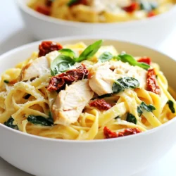 - 2 boneless, skinless chicken breasts - 8 oz (225g) pasta (fettuccine or penne) - 1 cup heavy cream - 1/2 cup sun-dried tomatoes, chopped - 3 cloves garlic, minced - 1/2 cup grated Parmesan cheese - 2 tablespoons olive oil - 1 teaspoon Italian seasoning - Fresh basil for garnish To create a creamy chicken sun-dried tomato pasta, you need a few key ingredients. Start with fresh chicken breasts for protein. Choose pasta like fettuccine or penne for the best texture. The heavy cream gives the dish its rich, creamy base. Next, add flavor with sun-dried tomatoes. They bring a sweet and tangy taste. Garlic enhances the aroma and depth of flavor. Parmesan cheese adds a salty, nutty finish. For seasonings, use olive oil to cook the chicken. Italian seasoning brings warmth and a hint of spice. Fresh basil adds brightness and color to the final dish. Gather these ingredients to make a delightful meal that impresses everyone. This creamy pasta dish is simple yet full of flavor. Happy cooking! {{ingredient_image_1}} - Boiling Preparation: Start by filling a large pot with water. Add a good amount of salt to the water. Bring it to a rolling boil. Once boiling, add your pasta. Use fettuccine or penne for this dish. Cook it according to the package instructions until it is al dente. - Draining and Reserving Pasta Water: After your pasta cooks, drain it in a colander. Remember to save about 1/2 cup of the pasta water. This starchy water will help your sauce later. - Seasoning Techniques: While your pasta cooks, get a large skillet. Heat olive oil over medium-high heat. Take the chicken breasts and season them well with salt, pepper, and Italian seasoning. This will add great flavor. - Cooking Time and Technique: Place the seasoned chicken in the skillet. Cook it for about 6 to 7 minutes on each side. Make sure it is cooked through. Once done, take it out and let it rest before slicing. - Sautéing Garlic and Tomatoes: In the same skillet, lower the heat to medium. Add minced garlic and sauté it for about 1 minute. You want it fragrant but not burned. Then add the chopped sun-dried tomatoes and stir for another minute. - Incorporating Cream and Cheese: Now, pour in the heavy cream. Bring it to a gentle simmer. Stir in the grated Parmesan cheese. Watch it melt into the sauce, making it creamy. If you find the sauce too thick, add some reserved pasta water to adjust. - Tossing Pasta and Spinach: Add the cooked pasta and fresh spinach to the sauce. Toss everything together. Let the spinach wilt down. - Final Preparations: Now, slice the rested chicken. Arrange it over the creamy pasta. For a pop of color, garnish with fresh basil before serving. Enjoy your meal! Adjusting Thickness If your sauce is too thick, add a bit of reserved pasta water. Start with a tablespoon, then stir. This helps create a smooth texture. If it’s too thin, let it simmer longer. This will reduce the liquid and thicken your sauce. Achieving Creaminess Use heavy cream for that rich taste. Stir in the grated Parmesan cheese slowly. This helps it melt evenly. You can also add a splash of chicken broth for extra depth. Just keep stirring until it’s all mixed well. Ensuring Juiciness Always let the chicken rest after cooking. This helps keep the juices inside. Cook each side for about 6-7 minutes. This timing gives you perfectly cooked chicken without drying it out. Proper Slicing Techniques Slice the chicken against the grain. This makes it more tender and easier to chew. Use a sharp knife for clean cuts. Arrange the slices nicely on top of your pasta for a beautiful look. Serving Style Serve the pasta in shallow bowls. This gives it an elegant feel. Place the sliced chicken on top. The contrast of colors makes it more appetizing. Garnishing Ideas Add fresh basil on top as a garnish. This adds a pop of color and flavor. You can also sprinkle more Parmesan cheese for a finishing touch. These small details enhance the overall look and taste. Pro Tips Marinate the Chicken: For extra flavor, consider marinating the chicken breasts in olive oil, garlic, and Italian seasoning for at least 30 minutes before cooking. Use Fresh Ingredients: Fresh spinach and high-quality sun-dried tomatoes can significantly enhance the flavor of your dish, making it more vibrant and delicious. Adjust the Creaminess: If you prefer a lighter sauce, you can substitute half of the heavy cream with chicken broth or a non-dairy alternative. Reheat with Care: When reheating leftovers, do so gently over low heat to prevent the cream from separating and to keep the chicken tender. {{image_2}} Substituting Chicken You can swap chicken for other proteins. Try using turkey or even pork. Each offers a unique taste. Just remember to adjust cooking times as needed. Adding Shrimp or Tofu Shrimp cooks fast and adds a nice touch. Sauté shrimp for just a few minutes. For a vegetarian option, tofu works well too. Use firm tofu and sauté it until golden. Using Vegetable Broth If you want a meat-free dish, replace chicken with vegetable broth. It adds flavor without any meat. This makes the dish light yet tasty. Omitting Chicken You can simply leave out the chicken. The creamy sauce and pasta still shine. Add more sun-dried tomatoes or mushrooms for extra flavor. Gluten-Free or Whole Wheat Options If you need gluten-free pasta, many brands offer great choices. Whole wheat pasta is a healthy alternative too. It gives a nutty flavor and more fiber. Alternative Pasta Shapes Fettuccine is great, but you can use penne or rotini. These shapes hold sauce well, making every bite flavorful. Choose what you like best! To store your Creamy Chicken Sun-Dried Tomato Pasta, use airtight containers. This keeps the pasta fresh. Make sure the pasta cools down before sealing. In the fridge, your pasta will last about 3 to 4 days. If you want it to taste great later, eat it within this time frame. To freeze the pasta, let it cool completely. Then, place it in freezer-safe bags or containers. Remove as much air as you can. This helps prevent freezer burn. When you want to eat it, thaw the pasta overnight in the fridge. To reheat, use a skillet over low heat. Add a splash of water or cream to avoid dryness. You can get creative with leftovers! Mix the pasta into a salad for a new dish. Add some extra veggies or protein like chicken or shrimp. You can also use it in a casserole. Just layer it with cheese and bake until warm and bubbly. This way, you enjoy your meal in a fun, new way! To make your pasta creamier, focus on a few key techniques: - Use heavy cream for a rich base. - Stir in grated Parmesan cheese, which melts well. - If the sauce seems thick, add reserved pasta water gradually. These steps help you achieve a velvety texture. You can also blend the sauce ingredients for an even smoother mix. Yes, you can use fresh sun-dried tomatoes! They add a different flavor and texture. Fresh tomatoes are juicier and less concentrated. If you want to substitute, use about twice the amount of fresh tomatoes. Just be sure to sauté them a bit longer to soften. If you need alternatives to heavy cream, consider these options: - Whole milk: It’s lighter but still creamy. - Cream cheese: Mix it with some milk for a good substitute. - Greek yogurt: This adds creaminess and tang. Each option changes the flavor a bit, so choose based on your taste. Yes, this recipe is great for meal prep! Here are some tips: - Store it in airtight containers for up to 3 days in the fridge. - Reheat on low heat to keep the creaminess. - You can freeze portions too! Just thaw overnight in the fridge before reheating. This dish holds up well and stays tasty! This blog post provided a detailed guide on making a delicious pasta dish with chicken. We explored the main ingredients, flavor enhancers, and seasonings, showing you how to create great taste. I shared step-by-step instructions for cooking the pasta, searing the chicken, and preparing the sauce. You got tips for perfecting the dish and ideas for variations and storage. Remember, you can adjust the recipe to fit your taste. Enjoy your cooking adventure and make this meal your own!