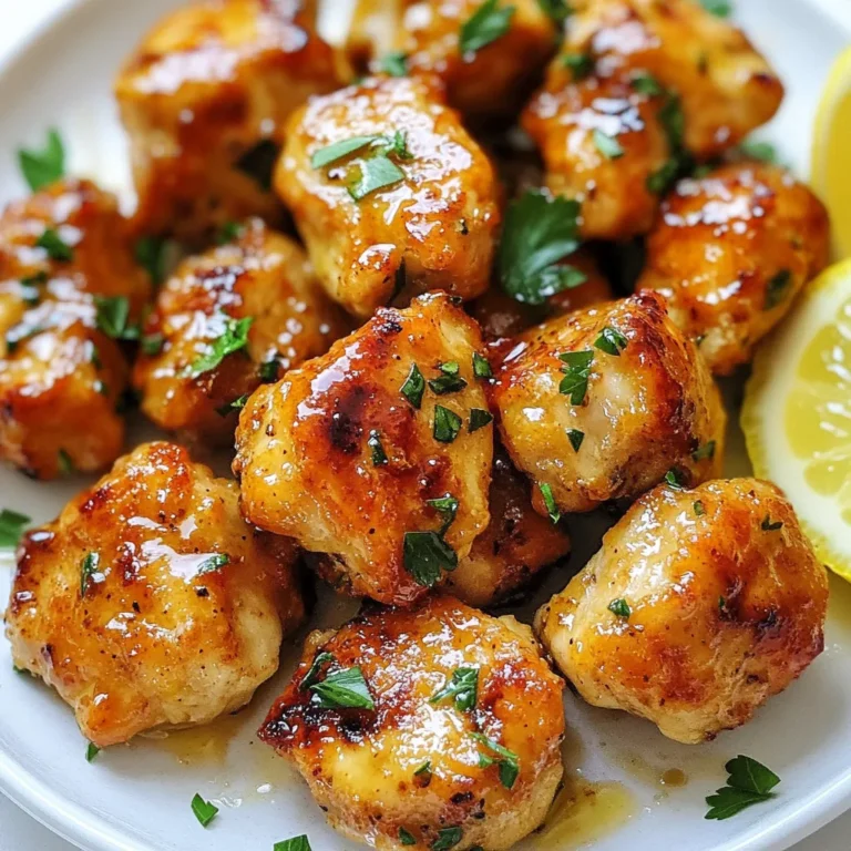 - 1 pound boneless, skinless chicken breasts - Smoked paprika - Dried oregano - Black pepper - Salt I start with chicken breasts. They are tender and cook quickly. Cut them into bite-sized pieces. This makes them easy to eat and helps them cook evenly. For seasoning, I use smoked paprika, dried oregano, black pepper, and salt. These spices add depth to the chicken. Mix them well with the chicken. This step helps the flavors soak in. - 4 tablespoons unsalted butter - 5 cloves garlic, minced Next, I melt some butter in a pan. I always choose unsalted butter for this dish. It lets me control the salt level. After the butter melts, I add minced garlic. Garlic is the star here, bringing a rich aroma. I sauté the garlic for about one minute. Be careful not to burn it. Burnt garlic can taste bitter. - Fresh parsley - Lemon juice - Crushed red pepper flakes (optional) Finally, I think about garnishes. Fresh parsley adds a pop of color and freshness. I also squeeze some lemon juice over the chicken. This brightens the flavors. If you like heat, add crushed red pepper flakes. This step is optional but can make the dish exciting. {{ingredient_image_1}} First, gather your chicken. Cut 1 pound of boneless, skinless chicken breasts into bite-sized pieces. In a bowl, mix the chicken with spices: 1 teaspoon smoked paprika, 1 teaspoon dried oregano, 1/2 teaspoon black pepper, and 1/2 teaspoon salt. Toss it all together to coat the chicken well. Let it marinate for about 10 minutes. This helps the chicken soak up the flavors. Next, grab a large skillet. Place it over medium heat and add 4 tablespoons of unsalted butter. Let the butter melt slowly. After it melts, add 5 cloves of minced garlic. Sauté the garlic for about 1 minute. Stay close and keep an eye on it so it doesn’t burn. You want the garlic to smell amazing. Now, turn up the heat to medium-high. Add the marinated chicken to the skillet. Cook the chicken for about 7-10 minutes. Stir occasionally to make sure it cooks evenly. You want it to turn a lovely golden brown. This means it’s cooked through and ready to eat. Once the chicken is cooked, squeeze the juice of 1 lemon over it. Toss the chicken to mix in the lemon juice. If you like some spice, sprinkle in crushed red pepper flakes to taste. This adds a nice kick to your dish. Finally, it’s time to serve. Remove the skillet from heat and garnish the chicken with fresh chopped parsley. You can serve these tasty bites warm on a bed of rice, alongside veggies, or even as an appetizer with toothpicks. Each bite will burst with flavor! To make the best garlic butter chicken bites, pay attention to cooking time and heat. - Cooking Time: Cook the chicken for about 7-10 minutes. This ensures it cooks through without drying out. - Heat Settings: Start on medium for melting butter and garlic. Then switch to medium-high for the chicken. This helps achieve a golden brown color. Want to boost the taste? Here are some herbs and seasonings to try: - Thyme: A touch of thyme adds a nice earthy flavor. - Rosemary: This herb pairs well with garlic and butter. - Lemon Zest: Grating some lemon zest can brighten the dish. - Crushed Red Pepper Flakes: For some heat, sprinkle these in while cooking. Mix and match these flavors to suit your taste. Sometimes things go wrong. Here’s how to avoid common problems: - Overcooking Garlic: Garlic burns quickly. Sauté on medium heat and watch closely. - Burning Chicken: If the heat is too high, the chicken may burn. Adjust the heat as needed. - Dry Chicken: Make sure to cook just until golden brown. Overcooking makes chicken dry. Follow these tips, and you’ll have a dish that’s tasty and easy to make! Pro Tips Marinate for Maximum Flavor: Allow the chicken to marinate for at least 30 minutes if possible. This will enhance the flavors and make the chicken even more delicious. Use Fresh Garlic: Freshly minced garlic will provide a more robust flavor compared to pre-minced or jarred garlic. It adds a wonderful aroma to the dish. Adjust the Heat: If you enjoy a spicy kick, don't hesitate to add more crushed red pepper flakes or even a dash of cayenne pepper to the chicken while cooking. Perfectly Cooked Chicken: To ensure the chicken is cooked through but remains juicy, use a meat thermometer. The internal temperature should reach 165°F (75°C). {{image_2}} You can switch up the protein in this dish. Shrimp or tofu works great. For shrimp, just peel and devein them first. Cook them for about 3-5 minutes until they turn pink. If you pick tofu, use firm tofu for the best texture. Cut it into bite-sized pieces and pan-fry until golden. Don’t be afraid to get creative with flavors. Try adding different sauces or spices. A splash of soy sauce can add a savory kick. For a spicy twist, use spicy chili sauce or sriracha. You can also mix in some herbs like thyme or basil for fresh taste. You can change how you serve these bites. Skewers are fun for parties. Just thread the cooked chicken onto skewers with veggies like bell peppers or onions. Wraps are another great option. Use lettuce or tortilla wraps to make a tasty handheld meal. Enjoy experimenting with different styles! To keep your garlic butter chicken bites fresh, store them in an airtight container. Place them in the fridge within two hours of cooking. They will stay good for up to three days. Make sure to label the container with the date. This way, you will know when to use them. When you want to enjoy leftovers, reheating is key. Use a skillet over medium heat for the best results. Add a splash of water or broth to keep the chicken moist. Stir occasionally until heated through. You can also use the microwave. Just cover the chicken and heat in short bursts. Stir in between to avoid hot spots. If you want to save some chicken bites for later, freezing works great. First, cool the chicken completely. Then, place it in a freezer-safe bag or container. Remove as much air as possible. Label it with the date before putting it in the freezer. To thaw, move it to the fridge overnight. This keeps the texture nice and tender. Yes, you can use frozen chicken. First, you need to thaw it. Place the frozen chicken in the fridge overnight. If you're short on time, use the microwave's defrost setting. Once thawed, cut it into bite-sized pieces and follow the recipe as usual. Garlic Butter Chicken Bites go well with many sides. Here are some tasty options: - Steamed broccoli - Rice or quinoa - Mixed green salad - Garlic bread - Roasted vegetables These sides help make a full meal. Each one adds flavor and balance to the dish. To add heat to your Garlic Butter Chicken Bites, try these tips: - Add crushed red pepper flakes while cooking. Start with a pinch and adjust to taste. - Mix in some hot sauce before serving for a nice kick. - Use spicy garlic or chili-infused oil for cooking. This adds great flavor and heat. These options let you control the spice level. Enjoy experimenting with your flavors! This post covered how to make tasty Garlic Butter Chicken Bites. We explored the key ingredients, like chicken, spices, and garlic. I shared easy steps for preparing and cooking the chicken perfectly. We discussed tips to enhance flavor and offered ideas for serving. Don't forget to try different proteins for variety. Proper storage and reheating keep your meals fresh. With these insights and simple methods, you'll cook chicken bites that impress. Enjoy experimenting and making this dish your own!