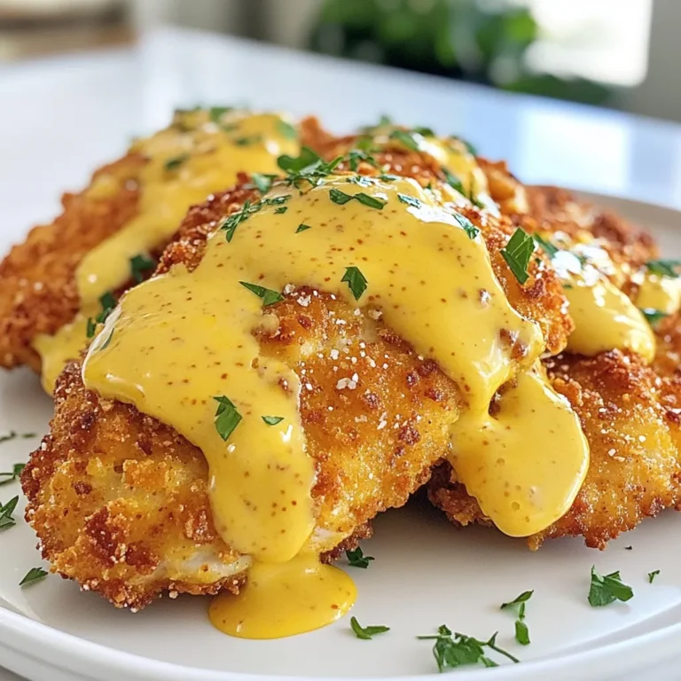 - 2 chicken breasts - 1 cup pretzel crumbs - 1/2 cup all-purpose flour - 1 tablespoon garlic powder - 1 tablespoon paprika - Salt and pepper to taste - 1/4 cup Dijon mustard - 1/4 cup heavy cream - 1 cup shredded cheddar cheese For this recipe, you need basic ingredients that pack a punch. Start with chicken breasts; they are tender and juicy. The pretzel crumbs offer a nice crunch. You can crush pretzels yourself or buy them ready-made. All-purpose flour helps the crust stick, creating that perfect golden layer. Seasoning is key. I use garlic powder for aroma and paprika for color and flavor. Don't forget salt and pepper. They bring all the flavors together. The sauce is a star in this dish. Dijon mustard gives a sharp kick. Mixing it with heavy cream makes it rich and smooth. Shredded cheddar cheese melts beautifully, adding a creamy texture. This sauce will elevate your chicken to a whole new level. {{ingredient_image_1}} 1. First, preheat your oven to 400°F (200°C). This step helps cook the chicken evenly. 2. Next, prepare a baking sheet by lining it with parchment paper. This keeps the chicken from sticking. 1. In a shallow dish, combine all-purpose flour, garlic powder, paprika, salt, and pepper. Mix these well. 2. In another dish, beat two eggs until fully combined. 3. Place the pretzel crumbs in a third dish. This will be the last step for coating. 4. Take each chicken breast. Dip it first into the flour mix, shaking off excess flour. 5. Next, dip the chicken into the beaten eggs. Let any extra egg drip off. 6. Finally, coat the chicken with pretzel crumbs. Press lightly to help the crumbs stick. 1. Heat two tablespoons of olive oil in a large skillet over medium-high heat. 2. Once the oil is hot, add the pretzel-crusted chicken breasts. Cook for 2-3 minutes on each side. Look for a golden brown color but don’t cook them all the way. 3. Transfer the chicken to the prepared baking sheet. Finish cooking in the oven for about 15-20 minutes. Use a meat thermometer to check if it reaches 165°F (75°C). To make the pretzel crust stick well, start by pressing down hard when coating. This helps the crumbs stay on during cooking. If you want a different texture, try using crushed cornflakes or panko breadcrumbs instead. Both can add a nice crunch. If you want a thicker sauce, simmer it longer. This reduces moisture and makes it creamier. For a fun twist, add a splash of hot sauce or some herbs like dill or thyme. These can give the sauce more depth and flavor. Pair your chicken with sides like roasted veggies or mashed potatoes. These add color and balance the meal. For reheating, place the chicken in the oven at 350°F (175°C) for 10-15 minutes. This keeps it crispy and juicy. Pro Tips Use Fresh Pretzels: For the best flavor and texture, use freshly baked pretzels to make your crumbs. This will give your chicken a delicious crunch. Rest the Chicken: Allow the chicken to rest for a few minutes after baking. This helps the juices settle, keeping the meat moist and tender. Customize the Sauce: Feel free to add herbs like thyme or a pinch of cayenne pepper to the mustard cheddar sauce for an extra flavor kick. Serve with Sides: Pair the chicken with a fresh salad or roasted vegetables to balance the richness of the dish. {{image_2}} You can swap chicken breasts for chicken thighs. Thighs are juicier and full of flavor. They cook well and stay moist, which is great for this dish. For mustard, try using honey mustard or whole grain mustard. Both add a nice twist to the flavor. You can even mix different mustards for a unique taste. Adding fresh herbs can boost the flavor of the crust. Try mixing in some chopped parsley or thyme with the pretzel crumbs. They add freshness and color to your dish. You can also use different cheeses. Gouda or pepper jack can give a nice kick to the mustard cheddar sauce. Experimenting with cheese can create a fun flavor profile. Baking is a healthier option, but frying gives a crispier crust. If you bake, cook the chicken in the oven at 400°F (200°C) until golden. For frying, sear each side on medium-high heat for a few minutes, then bake to finish cooking. If you want to use an air fryer, preheat it to 375°F (190°C). Cook the chicken for about 10-12 minutes, flipping halfway through. This method is quick and gives a crispy texture without much oil. To store leftovers, let the chicken cool completely. Place it in an airtight container. Make sure to add the mustard cheddar sauce separately. This helps keep the chicken crispy. Store in the fridge for up to three days. When you are ready to eat, just reheat it. If you want to freeze the chicken, first let it cool. Wrap each piece tightly in plastic wrap. Then, place the wrapped chicken in a freezer bag. Remove as much air as possible. This can help prevent freezer burn. You can freeze the chicken for up to three months. The sauce can also be frozen. Just store it in a separate container. To reheat the chicken, the best method is the oven. Preheat your oven to 350°F (175°C). Place the chicken on a baking sheet. Cover it with foil to keep it moist. Heat for about 15 to 20 minutes. For the sauce, warm it in a small pan on low heat. Stir often until it is heated through. This way, your chicken stays juicy and the crust remains crispy. To keep your chicken juicy, follow these tips: - Use chicken breasts that are about the same size for even cooking. - Brine the chicken in saltwater for 30 minutes before cooking. This adds moisture. - Don't overcook the chicken. Use a meat thermometer to check for 165°F. - Let the chicken rest for a few minutes after cooking. This helps keep the juices inside. When you follow these steps, you will enjoy a tasty, juicy chicken. Yes, you can make the mustard cheddar sauce ahead of time. Here’s how: - Cook the sauce as directed and let it cool. - Store it in an airtight container in the fridge for up to three days. To reheat, warm it gently on the stove. Stir well to keep it smooth. If it’s too thick, add a splash of cream or water. You can serve pretzel crusted chicken with many tasty sides. Here are some ideas: - Crispy french fries for a fun crunch. - Roasted vegetables like broccoli or carrots for a healthy touch. - A fresh salad with your favorite greens and dressing. - Mashed potatoes for a classic comfort food pairing. These sides will complement your meal and make it even better. In this blog post, we explored how to make delicious pretzel crusted chicken. We covered key ingredients like chicken breasts, pretzel crumbs, and a rich mustard cheddar sauce. The step-by-step instructions made cooking clear and easy. We shared tips for perfecting the crust and enhancing the sauce, along with variations to suit your taste. Finally, we provided storage and reheating tips. With these simple steps and ideas, you can create a meal that everyone will love. Enjoy your cooking adventure!