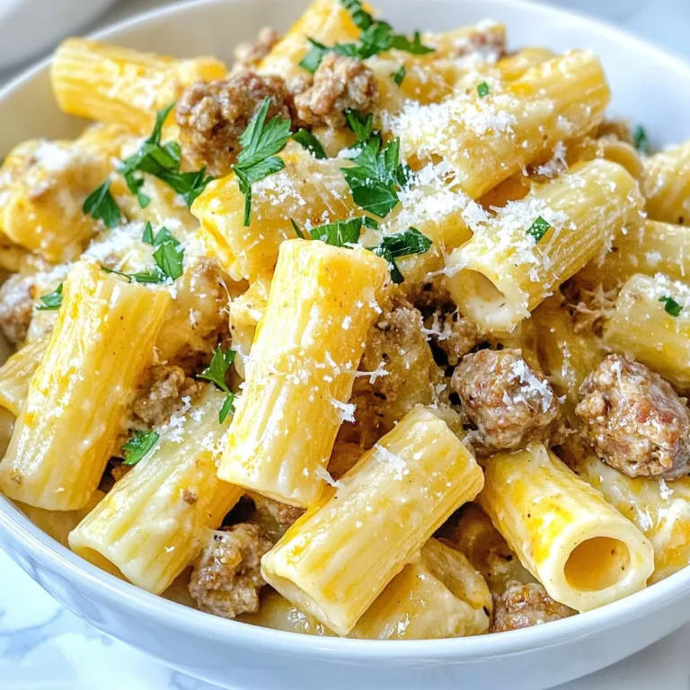To make this rich dish, you will need the following key ingredients: - 12 oz rigatoni pasta - 1 lb Italian sausage (choose mild or spicy) - 1 tablespoon olive oil - 1 small onion, finely chopped - 3 cloves garlic, minced - 1 cup heavy cream - 1 cup chicken broth - 1 cup grated Parmesan cheese - 1 teaspoon dried Italian herbs (like oregano or basil) - Salt and pepper, to taste - Fresh parsley, chopped (for garnish) These ingredients create a creamy, savory sauce that perfectly coats the rigatoni. The sausage adds a hearty flavor, while the cream brings a smooth texture. You can add a few optional ingredients to boost the taste: - Red pepper flakes for heat - Fresh basil or spinach for color - Sun-dried tomatoes for sweetness These additions can elevate your dish and make it even more delicious. To prepare Creamy Italian Sausage Rigatoni, gather these tools: - Large pot for boiling pasta - Large skillet for cooking sausage and sauce - Wooden spoon for stirring - Measuring cups and spoons - Colander for draining pasta Using the right tools helps make the cooking process smooth and enjoyable. Enjoy cooking! {{ingredient_image_1}} First, fill a large pot with water. Add a generous amount of salt to the water. Bring it to a rolling boil. Once boiling, add the rigatoni pasta. Cook it according to the package directions until it is al dente. This usually takes around 10-12 minutes. After the pasta cooks, reserve 1/2 cup of the pasta water. Then, drain the rest and set the pasta aside. This method keeps the pasta firm and helps it hold the sauce. Next, heat a large skillet over medium heat. Add the tablespoon of olive oil. While the oil heats, remove the casing from the Italian sausage. Crumble the sausage into the hot skillet. Cook it for about 5-7 minutes. Stir it often until it is browned and fully cooked. This step adds great flavor to your dish. Once the sausage is cooked, add the finely chopped onion to the skillet. Sauté it for 3-4 minutes until it turns translucent. Then, stir in the minced garlic and cook for one more minute. The garlic will smell wonderful! After that, pour in the chicken broth and bring the mixture to a gentle simmer. Reduce the heat and add the heavy cream. Stir well to combine everything. Let it simmer for 2-3 minutes until it thickens slightly. Finally, mix in the cooked rigatoni and the grated Parmesan cheese. If the sauce is too thick, add the reserved pasta water little by little until you reach your desired consistency. Season with dried Italian herbs, salt, and pepper to taste. To get the right sauce texture, start by simmering the chicken broth before adding the cream. This step brings out the flavor. After adding the heavy cream, stir well and let it thicken for a few minutes. If the sauce seems too thick, add some reserved pasta water. This will help you reach that creamy, smooth feel. You want the sauce to lightly coat the pasta, not drown it. Choosing the sausage is key. Mild sausage gives a rich flavor without heat. It works well with the creaminess of the dish. If you like spice, go for spicy sausage. It adds a kick that pairs well with the creamy sauce. You can mix both to create your perfect blend. Always taste as you cook, so you can adjust the heat to your liking. Presentation makes a big difference. Serve the rigatoni in deep bowls for a cozy look. Top with extra grated Parmesan for added flavor. A sprinkle of fresh parsley adds a pop of color. For extra richness, drizzle a little olive oil on top. This not only looks great but also enhances the taste. Enjoy this dish immediately for the best experience! Pro Tips Use Fresh Herbs: Fresh herbs like basil or parsley can elevate the dish's flavor and presentation. Add them just before serving for a burst of freshness. Choose Quality Sausage: Opt for high-quality Italian sausage for the best taste. If possible, try to find locally made varieties for a more authentic flavor. Adjust Creaminess: If you prefer a lighter sauce, you can substitute half of the heavy cream with Greek yogurt or a lower-fat cream alternative without compromising on flavor. Make Ahead: This dish can be made ahead of time. Just reheat gently on the stove and add a splash of reserved pasta water to loosen the sauce if needed. {{image_2}} You can easily make a vegetarian version of creamy rigatoni. Just swap the Italian sausage for a plant-based meat alternative. Many brands offer great-tasting options that mimic the flavor and texture of sausage. You can also use mushrooms for a hearty, umami-rich substitute. Just sauté them until they are golden brown for the best flavor. Adding vegetables boosts the nutrition of your creamy rigatoni. Consider using spinach, zucchini, or bell peppers. You can sauté these with the onion and garlic. This adds color and texture to your dish. Not only does this make it healthier, but it also makes it more vibrant. If you like spice, there are easy ways to add heat to your dish. You can choose spicy Italian sausage instead of mild. For an extra kick, add red pepper flakes while cooking. Just a pinch can transform the flavor. You can also stir in some diced jalapeños or hot sauce to raise the heat level. Adjust these to your liking to create the perfect spicy creamy rigatoni. To store your creamy Italian sausage rigatoni, let it cool first. Use an airtight container. This helps keep the flavors fresh. You can store leftovers in the fridge for up to three days. If you plan to eat it later, do not add parsley or extra cheese yet. These toppings taste best fresh. To reheat your rigatoni, use a skillet for best results. Add a splash of chicken broth or water. This keeps the pasta from getting dry. Heat it over medium-low heat. Stir often until it's warm. You can also use the microwave. Place the rigatoni in a bowl, cover it, and heat in short bursts. Stir in between to ensure even heating. You can freeze creamy Italian sausage rigatoni if you have extra. Use a freezer-safe container. Leave some space at the top for expansion. It keeps well for about two months. When ready to eat, thaw it in the fridge overnight. Reheat it in a skillet with a bit of broth. This brings back its creamy texture. Yes, you can make Creamy Italian Sausage Rigatoni ahead. Just cook it, cool it, and store it in an airtight container. It stays fresh for up to three days in the fridge. When you want to eat it, reheat gently on the stove or in the microwave. You may need to add a splash of water or broth to keep it creamy. If you need a substitute for heavy cream, try whole milk mixed with butter. Use three parts milk and one part melted butter. You can also use half-and-half for a rich taste. For a lighter option, use Greek yogurt, but be careful not to heat it too much to avoid curdling. Yes, this dish is great for meal prep. It holds up well in the fridge and reheats nicely. Just divide it into meal-sized portions. This makes it easy to enjoy a hearty meal on busy days. Store it in separate containers for easy grabbing. Creamy Italian Sausage Rigatoni is a fun dish to make. We covered how to choose ingredients, cook the pasta, and make a rich sauce. I shared tips for the best sauce and how to customize your meal. You can store and reheat leftovers easily, too. Enjoy experimenting with flavors and enhancing your rigatoni. This recipe is sure to please your taste buds, whether you choose spicy or mild sausage. Get ready to enjoy a warm, hearty meal that everyone will love!