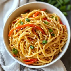 To make savory sesame peanut noodles, you need simple ingredients. Here they are: - 8 oz (225g) spaghetti or rice noodles - 1/4 cup creamy peanut butter - 2 tablespoons sesame oil - 2 tablespoons soy sauce (or tamari for gluten-free) - 1 tablespoon rice vinegar - 1 tablespoon maple syrup (or honey) - 1 clove garlic, minced - 1 teaspoon fresh ginger, grated - 1/4 cup warm water (adjust for desired sauce consistency) - 1 cup shredded carrots - 1 red bell pepper, thinly sliced - 2 green onions, chopped - 1/4 cup roasted sesame seeds You will need a few handy tools to make this dish: - Large pot for boiling noodles - Medium bowl for mixing the sauce - Whisk or fork for blending - Large mixing bowl for combining ingredients - Measuring cups and spoons for accuracy - Knife and cutting board for chopping veggies For extra flavor and fun, consider these optional garnishes: - Fresh cilantro - Crushed red pepper flakes for heat - Lime wedges for a citrus kick - Extra sesame seeds for crunch {{ingredient_image_1}} First, cook the noodles. Use spaghetti or rice noodles, about 8 oz. Boil water in a pot. Add a pinch of salt. Cook the noodles as per package instructions. It usually takes around 8 to 10 minutes. When they are done, drain and rinse them under cold water. This stops the cooking and cools them down. Set the noodles aside in a large bowl. Now, let’s make the peanut sauce. In a medium bowl, add 1/4 cup of creamy peanut butter. Then pour in 2 tablespoons of sesame oil and 2 tablespoons of soy sauce. Add 1 tablespoon of rice vinegar and 1 tablespoon of maple syrup for a touch of sweetness. Next, include 1 clove of minced garlic and 1 teaspoon of grated fresh ginger. Whisk everything together until it’s smooth. If the sauce is too thick, add 1/4 cup of warm water. Mix until you get the right consistency. Time to mix! In the large bowl with your noodles, add 1 cup of shredded carrots, 1 sliced red bell pepper, and 2 chopped green onions. These will add great crunch and flavor. Pour the peanut sauce over the noodle mixture. Toss everything together until the noodles are well coated. Sprinkle 1/4 cup of roasted sesame seeds on top. Toss again to combine. You can adjust the taste with more soy sauce or crushed red pepper flakes if you like it spicy. Serve the noodles chilled or at room temperature. If you want, add fresh cilantro for garnish. Enjoy your meal! To make great sesame peanut noodles, cook your noodles just right. Follow the package directions for timing. Don’t overcook! Drain them well and rinse under cold water. This stops cooking and helps prevent sticking. For a fun twist, try rice noodles for a gluten-free option. They add a lovely texture. The sauce is key to this dish. Start with peanut butter and other ingredients in a bowl. If your sauce seems thick, add warm water slowly. Stir until you reach a smooth texture. You want it creamy but pourable. Taste it! If you want more flavor, add a little soy sauce or maple syrup. Serve your sesame peanut noodles in a big bowl. Toss them with fresh veggies like carrots, bell peppers, and green onions. They add color and crunch! Top with roasted sesame seeds for a nutty touch. You can also sprinkle crushed red pepper flakes if you like heat. For a fresh finish, add cilantro and lime wedges on the side. Enjoy your meal! Pro Tips Adjust Sauce Thickness: If your sauce is too thick, gradually add warm water until you reach the desired consistency, ensuring it coats the noodles perfectly. Vegetable Variations: Feel free to mix in other vegetables like snap peas, broccoli, or cucumbers for added crunch and nutrition. Flavor Enhancements: For an extra burst of flavor, consider adding lime juice or zest, which pairs wonderfully with the peanut sauce. Meal Prep Friendly: This dish can be made ahead of time and stored in the fridge, making it a great option for meal prep or quick lunches. {{image_2}} You can make Sesame Peanut Noodles vegetarian or vegan easily. Just swap honey for maple syrup. Use tamari instead of soy sauce for gluten-free noodles. This keeps the dish creamy and rich without animal products. To make this dish gluten-free, choose rice noodles or gluten-free spaghetti. Tamari is a great soy sauce alternative. Check labels on all sauces to ensure they are gluten-free. This way, everyone can enjoy the meal. Want to boost protein? Add cooked chicken, shrimp, or tofu. Chickpeas also work well for a plant-based option. For veggies, toss in snap peas, broccoli, or bell peppers. They add color and crunch. Mix and match based on what you have at home. This keeps the dish fresh and exciting every time! To keep your leftover Sesame Peanut Noodles fresh, place them in an airtight container. Make sure they cool first. This helps prevent sogginess. Store them in the fridge for up to three days. If you want to keep them longer, freezing is a great option. When you’re ready to enjoy your noodles again, you can reheat them easily. Use a microwave-safe bowl. Heat them for 30 seconds, then stir. If they feel dry, add a splash of water. You can also reheat them in a pan over low heat. Stir gently until warm. Leftover Sesame Peanut Noodles last about three days in the fridge. If you freeze them, they can last up to three months. To freeze, store them in a freezer-safe bag or container. Thaw them overnight in the fridge before reheating. This keeps them tasty and fresh. You can use spaghetti or rice noodles for this dish. Spaghetti gives a nice chewy texture. Rice noodles are great if you want a gluten-free option. Both types hold the sauce well. Choose what you like best! Yes, you can prepare this dish ahead of time. Cook the noodles and veggies, then store them in the fridge. Keep the sauce separate to avoid soggy noodles. Mix everything together just before serving for the best taste. To spice up your sauce, add crushed red pepper flakes. Start with a pinch and taste as you go. You can also add hot sauce for more heat. Adjust to your liking for a kick that suits your taste buds! You now have all the steps to make delicious Sesame Peanut Noodles. We covered ingredients, tools, and garnishes. You learned how to cook the noodles and make the sauce. Don't forget the tips to improve your dish! Try the variations to suit your taste or diet needs. Store leftovers properly to enjoy later. Make this dish your own, and don't hesitate to experiment. Enjoy your cooking and savor every bite!