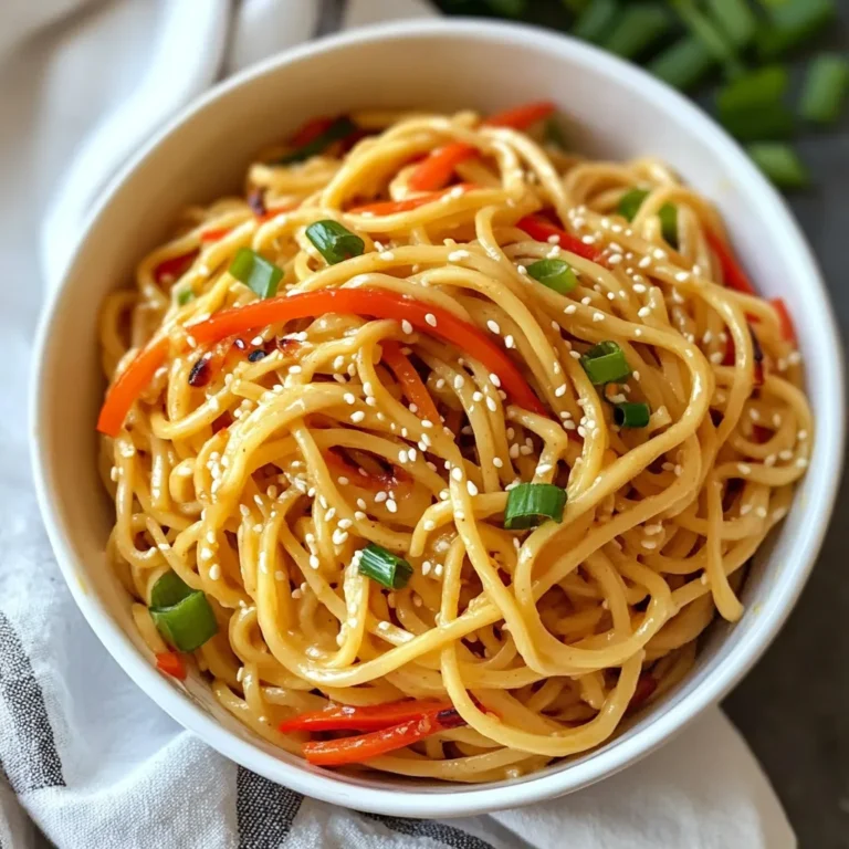 To make savory sesame peanut noodles, you need simple ingredients. Here they are: - 8 oz (225g) spaghetti or rice noodles - 1/4 cup creamy peanut butter - 2 tablespoons sesame oil - 2 tablespoons soy sauce (or tamari for gluten-free) - 1 tablespoon rice vinegar - 1 tablespoon maple syrup (or honey) - 1 clove garlic, minced - 1 teaspoon fresh ginger, grated - 1/4 cup warm water (adjust for desired sauce consistency) - 1 cup shredded carrots - 1 red bell pepper, thinly sliced - 2 green onions, chopped - 1/4 cup roasted sesame seeds You will need a few handy tools to make this dish: - Large pot for boiling noodles - Medium bowl for mixing the sauce - Whisk or fork for blending - Large mixing bowl for combining ingredients - Measuring cups and spoons for accuracy - Knife and cutting board for chopping veggies For extra flavor and fun, consider these optional garnishes: - Fresh cilantro - Crushed red pepper flakes for heat - Lime wedges for a citrus kick - Extra sesame seeds for crunch {{ingredient_image_1}} First, cook the noodles. Use spaghetti or rice noodles, about 8 oz. Boil water in a pot. Add a pinch of salt. Cook the noodles as per package instructions. It usually takes around 8 to 10 minutes. When they are done, drain and rinse them under cold water. This stops the cooking and cools them down. Set the noodles aside in a large bowl. Now, let’s make the peanut sauce. In a medium bowl, add 1/4 cup of creamy peanut butter. Then pour in 2 tablespoons of sesame oil and 2 tablespoons of soy sauce. Add 1 tablespoon of rice vinegar and 1 tablespoon of maple syrup for a touch of sweetness. Next, include 1 clove of minced garlic and 1 teaspoon of grated fresh ginger. Whisk everything together until it’s smooth. If the sauce is too thick, add 1/4 cup of warm water. Mix until you get the right consistency. Time to mix! In the large bowl with your noodles, add 1 cup of shredded carrots, 1 sliced red bell pepper, and 2 chopped green onions. These will add great crunch and flavor. Pour the peanut sauce over the noodle mixture. Toss everything together until the noodles are well coated. Sprinkle 1/4 cup of roasted sesame seeds on top. Toss again to combine. You can adjust the taste with more soy sauce or crushed red pepper flakes if you like it spicy. Serve the noodles chilled or at room temperature. If you want, add fresh cilantro for garnish. Enjoy your meal! To make great sesame peanut noodles, cook your noodles just right. Follow the package directions for timing. Don’t overcook! Drain them well and rinse under cold water. This stops cooking and helps prevent sticking. For a fun twist, try rice noodles for a gluten-free option. They add a lovely texture. The sauce is key to this dish. Start with peanut butter and other ingredients in a bowl. If your sauce seems thick, add warm water slowly. Stir until you reach a smooth texture. You want it creamy but pourable. Taste it! If you want more flavor, add a little soy sauce or maple syrup. Serve your sesame peanut noodles in a big bowl. Toss them with fresh veggies like carrots, bell peppers, and green onions. They add color and crunch! Top with roasted sesame seeds for a nutty touch. You can also sprinkle crushed red pepper flakes if you like heat. For a fresh finish, add cilantro and lime wedges on the side. Enjoy your meal! Pro Tips Adjust Sauce Thickness: If your sauce is too thick, gradually add warm water until you reach the desired consistency, ensuring it coats the noodles perfectly. Vegetable Variations: Feel free to mix in other vegetables like snap peas, broccoli, or cucumbers for added crunch and nutrition. Flavor Enhancements: For an extra burst of flavor, consider adding lime juice or zest, which pairs wonderfully with the peanut sauce. Meal Prep Friendly: This dish can be made ahead of time and stored in the fridge, making it a great option for meal prep or quick lunches. {{image_2}} You can make Sesame Peanut Noodles vegetarian or vegan easily. Just swap honey for maple syrup. Use tamari instead of soy sauce for gluten-free noodles. This keeps the dish creamy and rich without animal products. To make this dish gluten-free, choose rice noodles or gluten-free spaghetti. Tamari is a great soy sauce alternative. Check labels on all sauces to ensure they are gluten-free. This way, everyone can enjoy the meal. Want to boost protein? Add cooked chicken, shrimp, or tofu. Chickpeas also work well for a plant-based option. For veggies, toss in snap peas, broccoli, or bell peppers. They add color and crunch. Mix and match based on what you have at home. This keeps the dish fresh and exciting every time! To keep your leftover Sesame Peanut Noodles fresh, place them in an airtight container. Make sure they cool first. This helps prevent sogginess. Store them in the fridge for up to three days. If you want to keep them longer, freezing is a great option. When you’re ready to enjoy your noodles again, you can reheat them easily. Use a microwave-safe bowl. Heat them for 30 seconds, then stir. If they feel dry, add a splash of water. You can also reheat them in a pan over low heat. Stir gently until warm. Leftover Sesame Peanut Noodles last about three days in the fridge. If you freeze them, they can last up to three months. To freeze, store them in a freezer-safe bag or container. Thaw them overnight in the fridge before reheating. This keeps them tasty and fresh. You can use spaghetti or rice noodles for this dish. Spaghetti gives a nice chewy texture. Rice noodles are great if you want a gluten-free option. Both types hold the sauce well. Choose what you like best! Yes, you can prepare this dish ahead of time. Cook the noodles and veggies, then store them in the fridge. Keep the sauce separate to avoid soggy noodles. Mix everything together just before serving for the best taste. To spice up your sauce, add crushed red pepper flakes. Start with a pinch and taste as you go. You can also add hot sauce for more heat. Adjust to your liking for a kick that suits your taste buds! You now have all the steps to make delicious Sesame Peanut Noodles. We covered ingredients, tools, and garnishes. You learned how to cook the noodles and make the sauce. Don't forget the tips to improve your dish! Try the variations to suit your taste or diet needs. Store leftovers properly to enjoy later. Make this dish your own, and don't hesitate to experiment. Enjoy your cooking and savor every bite!