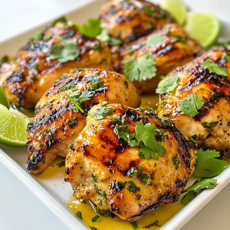 - 4 boneless, skinless chicken thighs - 2 stalks of fresh lemongrass, finely chopped (tender white parts only) - 3 cloves garlic, minced - 1-inch piece of ginger, grated - 2 tablespoons fish sauce - 1 tablespoon soy sauce - 1 tablespoon honey - Juice of 1 lime - 1 teaspoon chili flakes (adjust to taste) - Salt and pepper to taste - Fresh cilantro, for garnish - Lime wedges, for serving Gather these ingredients before you start. I love using boneless, skinless chicken thighs because they stay juicy. Fresh lemongrass adds a bright, citrusy flavor. Make sure to chop only the tender white parts for the best taste. The garlic and ginger give depth to the dish. Fish sauce and soy sauce mix well to create a savory base. Honey balances the flavors with sweetness. Lime juice adds a refreshing zing, while chili flakes give a nice kick. Don’t forget salt and pepper to enhance the taste! Garnishing with fresh cilantro and lime wedges makes the dish pop. They add color and freshness. Enjoy this combination for a delightful meal! {{ingredient_image_1}} To start, gather your ingredients. You need lemongrass, garlic, ginger, fish sauce, soy sauce, honey, lime juice, chili flakes, salt, and pepper. In a large bowl, mix these ingredients well. This step creates a flavorful marinade. Make sure the chicken is well-coated. This helps the chicken soak up all those tasty flavors. How long should you marinate the chicken? I recommend at least one hour. If you have time, marinate for up to four hours. Marination is key for flavor. It allows the chicken to absorb the marinade deeply. This makes each bite packed with zest and spice. Preheat your grill to medium-high heat. If using charcoal, let the coals glow white. This will give you even heat. Remove the chicken from the marinade. Let any extra marinade drip off. Save some marinade for basting while grilling. Place the chicken thighs on the grill. Cook for about six to seven minutes on each side. Aim for an internal temperature of 165°F (75°C). Baste with the reserved marinade a few times. This adds even more flavor to your chicken. After grilling, let the chicken rest for five minutes. Resting is important. It helps the juices settle back into the meat. For plating, arrange the sliced chicken on a wooden platter. Drizzle some reserved marinade over it. Scatter fresh cilantro on top. Add lime wedges on the side for a pop of color. This presentation will impress your guests! To grill chicken perfectly, aim for medium-high heat. This temperature helps the chicken cook evenly. A good grill temperature is around 375°F to 400°F. Always check the internal temperature of your chicken. Use a meat thermometer to make sure it reaches 165°F. This rule ensures the chicken is safe to eat. Do not over-marinade the chicken. Marinating for too long can make it mushy. Aim for 1 to 4 hours for the best texture and flavor. After grilling, let the chicken rest for about 5 minutes. Resting allows the juices to settle. This step keeps the chicken moist and flavorful. You can add extra ingredients for a fun twist. Try adding sliced jalapeños or fresh mint to the marinade. These additions can bring new flavors to your dish. For deeper flavors, consider marinating overnight. This longer marination allows the spices to soak in. You’ll enjoy a richer taste with every bite. Pro Tips Marinate for Maximum Flavor: Allow the chicken to marinate for at least 4 hours to enhance the flavor. If you have time, marinating overnight will yield even more delicious results. Check Grill Temperature: Make sure your grill is at medium-high heat before adding the chicken. This helps achieve a nice sear and prevents the meat from sticking. Use a Meat Thermometer: To ensure your chicken is perfectly cooked, use a meat thermometer to check that it reaches an internal temperature of 165°F (75°C). Garnish Creatively: For a beautiful presentation, consider garnishing with additional fresh herbs or colorful vegetables alongside the cilantro and lime wedges. {{image_2}} You can swap chicken thighs for chicken breasts or tofu. Chicken breasts cook faster, so watch the grill closely. Tofu absorbs flavors well, making it a great substitute. Just make sure to press the tofu first to remove extra water. Adjust the marinade to fit your protein. For chicken, keep the same recipe. For tofu, use the same marinade but add a touch more soy sauce for extra flavor. Want some heat? Add spicy elements like sriracha or more chili flakes. You can also experiment with different herbs and spices. Try adding fresh basil or mint for a twist. A dash of cumin or coriander can add a unique taste. These changes make the dish exciting and personal. Pair your grilled lemongrass chicken with fresh sides. A simple cucumber salad adds crunch. Jasmine rice or sticky rice complements the meal well. Grilled vegetables, like bell peppers and zucchini, bring color and health. For a full meal, consider a bright mango salsa. This adds sweetness and balances the flavors perfectly. To keep your grilled lemongrass chicken fresh, follow these tips: - Refrigeration: Place leftover chicken in an airtight container. It will stay fresh for up to 3 days in the fridge. - Freezing: For longer storage, wrap the chicken tightly in plastic wrap, then place it in a freezer bag. It can last up to 3 months in the freezer. When you’re ready to enjoy it again, simply thaw it in the fridge overnight. To reheat your grilled chicken and keep it tasty, use these methods: - Oven: Preheat your oven to 350°F (175°C). Place the chicken in a baking dish, cover it with foil, and heat for 15-20 minutes. This keeps the chicken moist. - Stovetop: Heat a skillet over medium heat. Add a splash of water or broth, then cover the skillet. Heat for 5-7 minutes, flipping the chicken halfway. Avoid drying out the chicken by checking it often. Enjoy it just like fresh! Marinate the chicken for at least 1 hour. For deeper flavor, aim for 4 hours. The longer you marinate, the more the chicken absorbs the tasty lemongrass and other flavors. If you’re short on time, don’t worry. Even 30 minutes will still enhance the taste. Yes, you can use a grill pan. Heat it over medium-high heat and add a bit of oil. Cook the chicken just like you would on an outdoor grill. Cooking times may vary slightly. Always check that the chicken reaches an internal temperature of 165°F (75°C) for safety. Leftover lemongrass can add zest to many dishes. You can: - Use it in soups for flavor. - Make lemongrass tea by boiling it in water. - Add it to stir-fries for a fresh twist. - Freeze it for later use in future recipes. Yes, grilled lemongrass chicken is healthy. It’s low in fat and high in protein. The marinade adds flavor without too many calories. Lemongrass has health benefits, too. It can aid digestion and has anti-inflammatory properties. Just watch the amount of fish sauce and honey for sodium and sugar. Grilled lemongrass chicken is a delicious dish with easy steps. Start by preparing a tasty marinade. Marinate the chicken to lock in flavor and grill it to perfection. Remember to rest the chicken after grilling for the best taste. You can adjust the recipe with other proteins or spices. Whether you enjoy leftovers or explore new pairings, you can make this dish shine. With these tips, you are set for a great meal. Enjoy creating and savoring every bite.