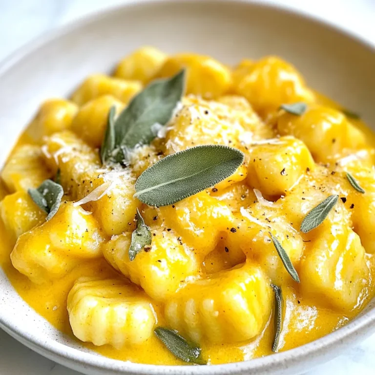 To make your Pumpkin Sage Alfredo Gnocchi, gather these simple items: - 1 pound potato gnocchi - 1 cup pumpkin puree (canned or homemade) - 1 cup heavy cream - 1/2 cup grated Parmesan cheese - 1 clove garlic, minced - 1 tablespoon fresh sage, chopped - 2 tablespoons butter - Salt and pepper to taste - 1/4 teaspoon nutmeg (optional) - 1 tablespoon olive oil You can swap some ingredients if needed. Here are a few ideas: - Use butternut squash puree instead of pumpkin puree for a different flavor. - Swap heavy cream with coconut cream for a dairy-free option. - If you don’t have Parmesan, try pecorino cheese. - For a vegan version, use nutritional yeast instead of cheese. Choosing fresh ingredients makes your dish even better. Here are some tips: - Gnocchi: Look for gnocchi that feels soft and is not sticky. Fresh gnocchi cooks quicker. - Pumpkin Puree: If using canned, check for 100% pumpkin. Avoid added sugars or spices. - Sage: Fresh sage should look bright green and smell fragrant. Avoid wilted leaves. - Cream: Fresh heavy cream should be thick and smooth. Check the expiration date. - Garlic: Choose firm bulbs without any sprouting for the best flavor. These tips will help you pick the best ingredients for your dish. Enjoy the process of cooking! {{ingredient_image_1}} Start by boiling a large pot of salted water. Once the water boils, add 1 pound of potato gnocchi. Cook the gnocchi for about 2-3 minutes. They will float to the top when done. Use a slotted spoon to scoop them out. Set them aside on a plate. This step gives a nice base for your dish. In a large skillet, heat 2 tablespoons of butter and 1 tablespoon of olive oil over medium heat. Add 1 minced garlic clove and sauté for about 1 minute. This will make your kitchen smell amazing! Now, stir in 1 cup of pumpkin puree. Cook it for another 2-3 minutes to warm it up. Next, lower the heat and slowly whisk in 1 cup of heavy cream. Keep stirring until the sauce is smooth. Add 1/2 cup of grated Parmesan cheese and mix until it melts into a creamy sauce. To give it flavor, toss in 1 tablespoon of chopped fresh sage, 1/4 teaspoon of nutmeg (if you like), salt, and pepper to taste. Let the sauce simmer for about 5 minutes. This allows all the flavors to blend well. Gently add the cooked gnocchi to your sauce. Use a spatula to fold it in carefully. Make sure all the gnocchi pieces are coated with sauce. Cook for an additional 2 minutes to heat everything through. This will ensure that the gnocchi absorbs some of that rich sauce. Now, your Pumpkin Sage Alfredo Gnocchi is ready to serve! To get a creamy sauce, focus on your heat. Start with medium heat, then lower it when adding cream. This keeps the sauce smooth. Whisk slowly as you add the heavy cream. It helps mix the pumpkin and cheese well. If the sauce is too thick, add a splash of water or more cream. If it’s too thin, let it simmer a bit longer until it thickens. Cook gnocchi in salted boiling water. This adds flavor. When they float, they are done, which takes about 2-3 minutes. Use a slotted spoon to lift them out. Avoid overcooking, as they can become mushy. Toss them in a little olive oil after cooking. This prevents sticking and keeps them fresh until you mix them into your sauce. Add more depth to your sauce with spices. Sage is a star here, but you can try thyme or rosemary too. A pinch of nutmeg gives warmth and pairs well with pumpkin. For heat, red pepper flakes can spice things up. Taste the sauce before serving; adjust salt and pepper as needed. This will help you find the perfect balance of flavors. Pro Tips Use Fresh Sage: Fresh sage adds a vibrant flavor to the dish. If you can, use fresh instead of dried for the best taste. Adjust the Creaminess: If you prefer a lighter sauce, you can substitute half of the heavy cream with vegetable broth for a less rich flavor. Perfectly Cooked Gnocchi: Make sure to remove the gnocchi from boiling water as soon as they float to the top to prevent them from becoming too soft. Garnish Wisely: A sprinkle of toasted pumpkin seeds on top of the dish adds a delightful crunch and enhances the fall theme. {{image_2}} You can easily make this dish vegetarian. Just omit the Parmesan cheese. Use a vegan cheese that melts well for a creamy taste. Also, replace heavy cream with coconut cream or a nut-based cream. This keeps the sauce rich while being dairy-free. To add protein, try cooked chicken or turkey. Shredded rotisserie chicken works great. You can also add sautéed shrimp for a seafood twist. If you want a meat-free option, add cooked lentils or chickpeas. They provide a nice texture and boost the protein. Experiment with different flavors by swapping some ingredients. Try butternut squash instead of pumpkin for a sweeter taste. You can also use sage oil if you can't find fresh sage. For a kick, add a pinch of red pepper flakes to the sauce. It adds warmth without overpowering the dish. After enjoying your Pumpkin Sage Alfredo Gnocchi, store any leftovers in an airtight container. Keep it in the fridge for up to three days. Make sure it cools to room temperature before sealing. This helps keep the sauce creamy and the gnocchi tender. To reheat, place the gnocchi in a skillet over low heat. Add a splash of cream or water to keep it moist. Stir gently until heated through. You can also microwave it, but cover it to keep the moisture in. Heat in short bursts, stirring in between. You can freeze both the gnocchi and sauce. For the gnocchi, place them in a single layer on a baking sheet. Once frozen, transfer to a freezer bag. For the sauce, cool it completely and store in a freezer-safe container. It will last for up to three months. When ready to use, thaw in the fridge overnight and reheat as mentioned above. Yes, you can use fresh gnocchi. Fresh gnocchi cooks faster than potato gnocchi. You should boil it for only 1-2 minutes. Fresh gnocchi will give your dish a soft and tender texture. Just be sure to check the package for specific cooking times. To make this recipe gluten-free, use gluten-free gnocchi. Many brands offer gluten-free options made from rice or other flours. Check the labels to ensure they fit your needs. The rest of the ingredients in the recipe are gluten-free, so you’re all set! This dish pairs well with a simple green salad. A salad with mixed greens and vinaigrette adds freshness. You can also serve it with crusty bread to soak up the creamy sauce. For extra flavor, try adding roasted vegetables on the side. Enjoy your delicious meal! In this blog post, we explored making Pumpkin Sage Alfredo Gnocchi. We covered essential ingredients and their substitutions, and shared tips for picking fresh items. You learned step-by-step instructions to cook gnocchi, make the sauce, and blend them perfectly. We shared tricks for the best sauce and creative modifications. You also found tips for storing leftovers and reheating. This dish is flexible and fun. Enjoy creating your own version of this tasty meal!