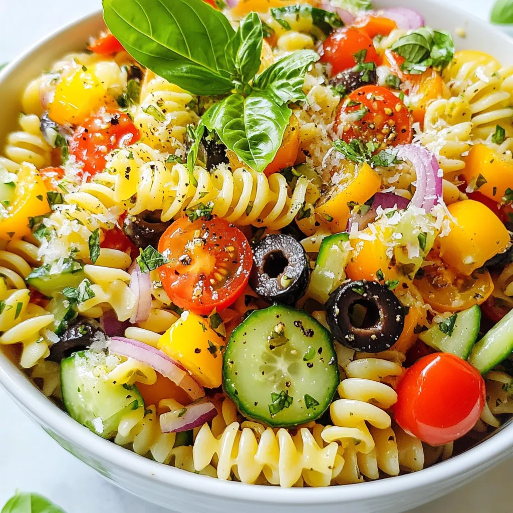 - 8 oz fusilli pasta - 1 cup cherry tomatoes, halved - 1 cup cucumber, diced - 1 bell pepper, chopped - ½ cup red onion, finely chopped - ½ cup black olives, sliced - ½ cup pepperoncini peppers, sliced The main ingredients create a tasty base. Fusilli pasta holds dressing well. Cherry tomatoes add sweetness. Cucumbers bring crispness. Bell peppers add color and crunch. Red onion gives a nice bite. Black olives add saltiness. Pepperoncini peppers add a little heat. - 1 cup Italian dressing (store-bought or homemade) - 1 teaspoon dried oregano - ½ teaspoon garlic powder - Salt and pepper to taste The seasonings make your salad pop. Italian dressing coats every bite. Dried oregano gives an earthy flavor. Garlic powder adds a nice kick. Salt and pepper balance the taste. You can adjust these to fit your liking. - Fresh basil leaves - Grated Parmesan cheese Optional toppings enhance the dish. Fresh basil adds a bright note. Grated Parmesan brings creaminess. Both toppings make your salad look great and taste even better. You can skip them or use your favorites. {{ingredient_image_1}} 1. Fill a large pot with water and add salt. Bring it to a boil. 2. Add the 8 oz of fusilli pasta to the boiling water. Cook it according to the package instructions until it is al dente. 3. Once done, drain the pasta in a colander. Rinse it under cold water to stop the cooking. Set it aside. 1. While the pasta cooks, grab your knife and cutting board. 2. Chop 1 cup of cherry tomatoes in half. Dice 1 cup of cucumber. Chop 1 bell pepper of any color. 3. Finely chop ½ cup of red onion. Slice ½ cup of black olives and ½ cup of pepperoncini peppers. 1. In a large mixing bowl, combine the cooled pasta with the chopped vegetables. 2. In a separate bowl, whisk together 1 cup of Italian dressing, 1 teaspoon of dried oregano, ½ teaspoon of garlic powder, and salt and pepper to taste. 3. Pour the dressing over the pasta and vegetable mix. 1. Cover the bowl with plastic wrap. Place it in the refrigerator for at least 30 minutes. This helps the flavors meld together. 2. When ready to serve, give the salad a quick toss. Transfer it to a serving bowl. 3. Optionally, sprinkle grated Parmesan cheese on top and garnish with fresh basil leaves. To get the best texture for your grinder pasta salad, you want the pasta to be al dente. This means it should be tender but still firm when you bite it. Here’s how to achieve that: - Boil salted water in a big pot. - Add the fusilli pasta and cook it according to the package instructions. - Test the pasta a minute or two before the time is up. It should have a slight bite to it. - After cooking, drain the pasta right away. Rinse it under cold water to stop the cooking process. This helps keep the pasta firm. Rinsing your pasta is key. It cools it down fast and keeps it from getting sticky. It also washes away some starch, which can make the salad creamy. To boost the taste of your grinder pasta salad, think about adding herbs and spices. Fresh basil can add a nice touch. Dried oregano brings an Italian twist. Garlic powder adds depth but use it wisely. When it comes to cheese, grated Parmesan is a fantastic option. You can also try feta or mozzarella for different flavors. Add these just before serving for maximum freshness. Making your salad look good is just as important as how it tastes. Consider these ideas: - Serve your salad in a clear bowl to showcase the colors. - Use colorful ingredients like bell peppers and cherry tomatoes to create a vibrant dish. - Garnish with fresh basil leaves for a pop of green on top. You can even serve it in individual cups for fun. This makes it easy for guests to grab and enjoy. Pro Tips Cook Pasta Al Dente: Ensure you cook the fusilli pasta just until al dente for the best texture in your salad. Chill for Flavor: Allow the pasta salad to chill in the refrigerator for at least 30 minutes to enhance the flavors. Customize Your Veggies: Feel free to add or substitute your favorite vegetables, like carrots or zucchini, for extra crunch. Dress Just Before Serving: For optimal freshness, consider dressing the salad right before serving to prevent sogginess. {{image_2}} You can change the pasta if you need a gluten-free option. Try using gluten-free fusilli or penne. Other shapes work well too. You can also swap out vegetables based on what you have. Try adding: - Zucchini, diced - Carrots, shredded - Broccoli florets These swaps add flavor and color. Feel free to mix your favorite vegetables. Want to make your own Italian dressing? It’s easy! Mix: - ½ cup olive oil - ¼ cup red wine vinegar - 1 teaspoon dried oregano - 1 teaspoon garlic powder - Salt and pepper to taste This homemade dressing tastes fresh and bright. You can also try other dressings like: - Balsamic vinaigrette - Creamy ranch dressing Each dressing gives the salad a different twist. Adding protein makes your salad even heartier. Grilled chicken or shrimp works great. For a vegetarian option, try: - Chickpeas - Black beans - Tofu These protein sources add great texture and flavor. They help fill you up too! To keep your Grinder Pasta Salad fresh, store it in the fridge right away. Place it in a sealed container. A glass or plastic container with a tight lid works best. This helps keep out air and moisture. Make sure to leave some space at the top for the salad to expand. Your salad will last about 3 to 5 days in the fridge. Check for signs of spoilage before eating. If you see mold or a strange smell, it’s time to toss it. Slimy or off-colored ingredients are also bad signs. You can freeze pasta salad, but it may change texture. If you want to freeze it, use an airtight container. Leave space for the salad to expand as it freezes. When you're ready to eat, thaw it in the fridge overnight. Avoid reheating, as it may become mushy. Grinder Pasta Salad is a vibrant dish made with fusilli pasta and fresh veggies. It includes cherry tomatoes, cucumbers, bell peppers, red onion, black olives, and pepperoncini. The salad gets its flavor from a tangy Italian dressing, along with dried oregano and garlic powder. This salad is colorful and packed with crunch, making it a great side or main dish. Yes, you can make this salad ahead of time. I recommend chilling it for at least 30 minutes before serving. This helps the flavors mix well. You can store it in the fridge for up to three days. Just keep it covered to stay fresh. It’s best to keep pasta salad out for no more than two hours. If the room is hot, reduce that time to one hour. After that, harmful bacteria can grow. Always store leftovers in the fridge to stay safe. Absolutely! You can try different pasta shapes like penne or rotini. Each shape gives a unique texture to the salad. Just make sure to cook your pasta according to package directions until it’s al dente. This way, it holds up well with the veggies and dressing. In summary, we explored how to make a delicious grinder pasta salad with simple ingredients. You learned about the essential vegetables, dressings, and optional toppings to enhance the flavor. Cooking tips helped you achieve the perfect pasta texture and presented the salad beautifully. Consider variations and storage tips for convenience. This salad is easy, flexible, and perfect for any meal. Enjoy making it and impressing your friends and family!