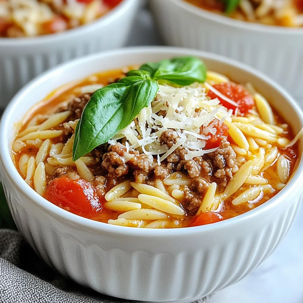- 1 pound ground beef - 1 cup uncooked orzo pasta - 2 cups beef broth - 1 can (14 oz) diced tomatoes (with juices) - 1 cup heavy cream - 1 small onion, finely chopped - 3 cloves garlic, minced - 2 tablespoons olive oil - 1 teaspoon Italian seasoning - ½ teaspoon red pepper flakes (optional) - Salt and pepper to taste These main ingredients create a rich and creamy dish. Each component plays a key role. The beef adds protein and flavor. The orzo acts as the comforting base. Diced tomatoes bring acidity and sweetness. Heavy cream gives it that luxurious texture. Onion and garlic build a strong flavor foundation. - ½ teaspoon red pepper flakes - Additional spices like oregano or thyme Red pepper flakes add heat. Adjust this based on your taste. Extra spices can boost the flavor profile. Feel free to experiment! - Fresh basil leaves - Grated Parmesan cheese Garnishes elevate your dish. Fresh basil adds a pop of color and freshness. Parmesan cheese adds a savory note and creaminess. Together, they make your creamy tomato ground beef orzo look and taste gourmet. {{ingredient_image_1}} Start by heating two tablespoons of olive oil in a large skillet over medium heat. Once the oil is hot, add one small onion, finely chopped. Sauté the onion for about three to four minutes. You want it to turn translucent and soft. Next, add three cloves of minced garlic and cook for one more minute. This will make your kitchen smell amazing. Now it’s time for the star of the show: the ground beef. Turn the heat up to medium-high and add one pound of ground beef to the skillet. Season it with salt, pepper, one teaspoon of Italian seasoning, and half a teaspoon of red pepper flakes if you like a bit of heat. Cook the beef for about six to eight minutes, breaking it up as it cooks. Once the beef is browned, drain any excess fat from the pan. Next, stir in one can of diced tomatoes with their juices and two cups of beef broth. Bring this mixture to a boil. When it’s boiling, add one cup of uncooked orzo pasta. Lower the heat and let it simmer without a lid for about ten to twelve minutes. Stir occasionally until the orzo is tender and most of the liquid is absorbed. Once the orzo is cooked, reduce the heat to low and mix in one cup of heavy cream. Cook for another two to three minutes until everything is creamy and heated through. Taste and adjust the seasoning if needed. Let it sit for a couple of minutes before serving. To boost the flavor of your creamy tomato ground beef orzo, try adding fresh herbs. Basil or parsley adds brightness. A splash of balsamic vinegar can also deepen the taste. If you like it spicy, add more red pepper flakes. This dish loves bold flavors. Sauté the onion and garlic in olive oil for sweetness. Be sure to brown the ground beef well. This adds a rich flavor. Stir the orzo often as it cooks. This prevents it from sticking. Cooking it uncovered helps the liquid reduce, making it creamy. Serve your orzo in deep bowls. This makes it look nice. Top each bowl with fresh basil and grated Parmesan cheese. A drizzle of olive oil adds a nice touch. Pair it with a simple green salad for a complete meal. Enjoy! Pro Tips Use Fresh Ingredients: Opt for fresh basil and high-quality canned tomatoes for the best flavor. Control the Creaminess: Adjust the amount of heavy cream based on your preference for creaminess. Perfectly Cooked Orzo: Stir the orzo occasionally while it simmers to prevent it from sticking to the bottom of the skillet. Customize the Heat: Adjust the red pepper flakes according to your heat preference or omit them for a milder dish. {{image_2}} To make a vegetarian version, swap the ground beef for a mix of mushrooms and lentils. Use 1 cup of finely chopped mushrooms and 1 cup of cooked lentils. Sauté the mushrooms until soft, then add the lentils. This adds great flavor and texture while keeping it hearty. For a spicy kick, keep the red pepper flakes and add chopped jalapeños or diced green chilies. You can also use spicy Italian sausage instead of ground beef. This adds heat and depth to the dish without overpowering the creamy sauce. Feel free to swap ingredients based on your taste or what you have. Instead of beef broth, use vegetable broth for a lighter taste. If you want a dairy-free option, replace heavy cream with coconut milk. This change gives a unique flavor and keeps the dish creamy. You can also swap orzo for another pasta, like penne or fusilli, to change the shape and texture. Store leftover creamy tomato ground beef orzo in an airtight container. It stays fresh for up to three days. Make sure to let it cool completely before sealing. This helps prevent moisture buildup, which can make your dish soggy. When you’re ready to eat, just take it out and enjoy! You can freeze creamy tomato ground beef orzo for up to three months. Use a freezer-safe container or bag to keep it safe. Before freezing, let it cool completely. Portion it into smaller servings for easy thawing later. When you’re ready to cook it, move it to the fridge overnight to thaw. To reheat, you have a few options. The microwave works well; just heat in 30-second intervals, stirring in between. You can also use a skillet on low heat. Add a splash of beef broth or cream to keep it moist. Stir often until it’s heated through. Enjoy your meal just like it was fresh! Yes, you can use other pasta! Short pastas like penne or fusilli work well. Just adjust the cooking time as needed. Check the package for cook times. You want the pasta to be tender but not mushy. If you need a lighter option, try half-and-half or whole milk. You can also use coconut milk for a dairy-free choice. For a thick texture, blend silken tofu with a bit of milk. This keeps the dish creamy without the heavy cream. To boost nutrition, add more veggies like spinach or zucchini. You can use lean ground turkey instead of beef. This cuts down on fat while keeping flavor. Also, try whole grain orzo for extra fiber. You can reduce the cream or use low-fat options too. This blog post covered a tasty recipe using simple steps. We looked at key ingredients, ways to cook, and tips to boost flavor. You can customize the dish with fun variations and store leftovers easily. My final thought? Cooking is for everyone, so do not be afraid to try! Enjoy making this dish your own.