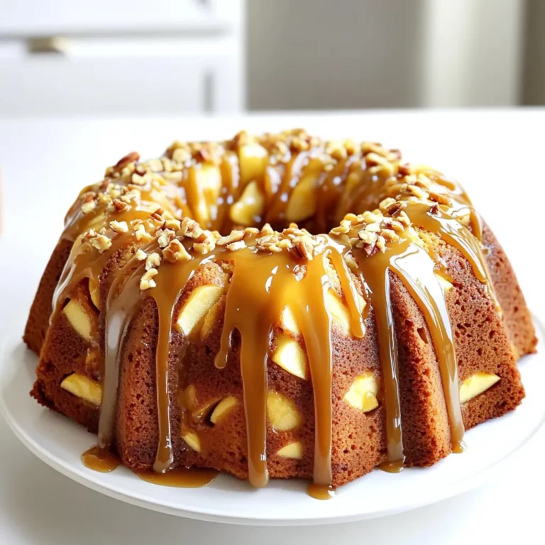 To make a delicious Caramel Apple Pound Cake, you need some simple ingredients. Here is what you will need: - 1 cup unsalted butter, softened - 2 cups granulated sugar - 4 large eggs - 3 cups all-purpose flour - 1/2 teaspoon baking powder - 1/2 teaspoon baking soda - 1 teaspoon ground cinnamon - 1/2 teaspoon salt - 1 cup sour cream - 2 cups peeled and diced apples (Granny Smith or Honeycrisp) - 1/2 cup caramel sauce (store-bought or homemade) - Optional: chopped pecans or walnuts for topping These ingredients create a sweet and rich cake. The butter and sugar give it a soft and fluffy texture. The eggs help bind everything together. The apples add moisture and flavor. The caramel sauce makes it a true delight. You can use any apples you love. Granny Smith apples give a nice tartness. Honeycrisp apples add sweetness. For a crunchy topping, try adding chopped nuts. Each ingredient plays a big role in this tasty cake. Enjoy gathering these items for your baking adventure! Start by preheating your oven to 350°F (175°C). While it heats, take a 10-inch bundt pan and grease it well. Next, dust it with flour. This step helps the cake come out easily. In a large bowl, add 1 cup of softened unsalted butter and 2 cups of granulated sugar. Use a mixer to beat them together until the mix looks light and fluffy. This usually takes about 4 to 5 minutes. Now, add 4 large eggs to the butter and sugar mix. Do this one egg at a time. Make sure to mix well after adding each egg. This step helps the batter stay smooth and rich. In a separate bowl, whisk together 3 cups of all-purpose flour, 1/2 teaspoon of baking powder, 1/2 teaspoon of baking soda, 1 teaspoon of ground cinnamon, and 1/2 teaspoon of salt. Mixing these dry items first helps them blend well later. Gradually add the dry mix to the butter mixture. Alternate adding the dry mix with 1 cup of sour cream. Start and end with the flour mix. Mix until just combined. Don’t overmix; you want it to be tender. Gently fold in 2 cups of peeled and diced apples and 1/4 cup of caramel sauce. Make sure they are evenly mixed into the batter. If you want, add chopped nuts for a nice crunch. Pour the batter into your prepared bundt pan. Smooth the top with a spatula. Place it in the oven and bake for 55 to 60 minutes. Check it by inserting a toothpick in the center. If it comes out clean, your cake is done. Once baked, let the cake cool in the pan for 15 minutes. Then, flip it onto a wire rack to cool completely. After it cools, drizzle the remaining caramel sauce over the top for a sweet finish. To bake a perfect pound cake, follow these tips: - Use room temperature ingredients: Let the butter, eggs, and sour cream warm up before mixing. This helps the batter blend smoothly. - Measure flour correctly: Spoon the flour into the measuring cup and level it off. Too much flour makes the cake dry. - Don’t overmix: Mix just until you see no dry flour. Overmixing can lead to a dense cake. - Check for doneness: Insert a toothpick in the center. It should come out clean when the cake is done. Choosing the right apples is key for flavor. Here’s how to pick the best ones: - Go for tart varieties: Granny Smith or Honeycrisp apples work great. Their tartness balances the sweet cake. - Look for firmness: Choose apples that feel firm and have no bruises. This ensures they hold their shape in the cake. - Pick fresh apples: Buy apples that are in season. They taste better and add more flavor to your cake. Properly storing leftovers keeps your cake fresh. Here’s what to do: - Cover with plastic wrap: Wrap the cake tightly in plastic wrap to keep moisture in. - Store in a cool place: Keep it at room temperature for up to three days. - Refrigerate for longer storage: If you need to keep it for more than three days, refrigerate it. It will stay fresh for up to a week. Serve your caramel apple pound cake in fun and tasty ways: - Drizzle extra caramel: Pour more caramel sauce on top for a sweet touch. - Add a scoop of ice cream: Vanilla or caramel ice cream pairs well with the cake. - Top with nuts: Chopped pecans or walnuts add great crunch. Sprinkle them over the cake before serving. {{image_2}} You can add nuts or dried fruits to your caramel apple pound cake for extra crunch and flavor. Chopped pecans or walnuts blend well with apples. Just mix in about 1/2 cup of your choice when you fold in the apples. Dried cranberries or raisins also work great. They add a hint of sweetness and chewiness. Try mixing and matching to find your favorite combo! Frosting can change the whole flavor of your cake. You can use cream cheese frosting for a tangy kick. Just mix 8 ounces of cream cheese with 1/2 cup of butter, then add powdered sugar. For a simpler option, drizzle more caramel sauce on top. It adds a rich, sweet finish. You can also try a chocolate ganache for a decadent touch. Melt chocolate with cream, then pour it over the cooled cake. Spices can take your cake to the next level. Besides cinnamon, add nutmeg or allspice for a warm flavor. Use about 1/4 teaspoon of each to keep it balanced. You may also try ginger for a spicy twist. These small changes can transform your cake into a whole new treat. Experiment with different spices to find your perfect mix! To keep your caramel apple pound cake fresh, store it in an airtight container. You can also wrap it tightly in plastic wrap. This method helps seal in moisture. Keep the cake at room temperature for up to three days. For longer storage, consider refrigerating it. Just remember, the cake might dry out a bit in the fridge. If you want to save some cake for later, freezing is a great option. First, let the cake cool completely. Then, slice it into individual pieces. Wrap each slice in plastic wrap, then place them in a freezer bag. Squeeze out as much air as you can. The cake can stay frozen for up to three months. When you’re ready to enjoy it, thaw at room temperature or microwave it for a few seconds. The shelf life of your caramel apple pound cake really depends on how you store it. If kept at room temperature, the cake lasts about three days. In the fridge, it can last up to a week. In the freezer, it will stay good for three months. Always check for any signs of spoilage, like a change in smell or texture. Enjoy your delicious cake! Yes, you can use other apples. I love Granny Smith and Honeycrisp for their sweet and tart taste. Other good choices are Fuji, Gala, or Braeburn. Each type gives a different flavor and texture, so feel free to explore. To check if the cake is done, insert a toothpick in the center. If it comes out clean or with a few crumbs, the cake is ready. The top should also be golden brown and spring back when lightly pressed. Absolutely! You can bake the cake a day in advance. Just store it in an airtight container at room temperature. If you want, wait to add the caramel sauce until you serve it. If you don’t have sour cream, you can use plain yogurt. Greek yogurt works well too. Both will give the cake a nice, moist texture while keeping the flavor rich. Making caramel sauce is easy! You need 1 cup of sugar and 6 tablespoons of butter. Heat sugar in a pan until it melts and turns golden brown. Remove from heat and stir in butter. Then add 1/2 cup of cream slowly. Let it cool before using. Enjoy your homemade sauce! This blog post covered how to make a delicious caramel apple pound cake. You learned about the key ingredients, step-by-step instructions, and helpful tips for baking. We talked about variations to make it your own and how to properly store leftovers. In closing, making this cake is easy and fun. You can enjoy it with family or friends. Don't hesitate to try different flavors and toppings. Happy baking!