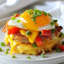 - 4 large frozen hash brown patties - 1 cup shredded cheddar cheese - 1/2 cup cooked and crumbled sausage (or vegetarian substitute) - 1/2 cup diced bell peppers (red and green) - 1/4 cup chopped green onions - 4 large eggs - 1 tablespoon olive oil - Salt and pepper to taste For a tasty Loaded Hashbrown Patty Breakfast, you need simple and fresh ingredients. Start with frozen hash brown patties. They are quick and easy, giving you a crispy base. I recommend using a good quality brand for the best texture. Next, grab shredded cheddar cheese. It melts beautifully and adds great flavor. You can also use different cheeses if you prefer. For protein, cook and crumble some sausage. If you want a vegetarian meal, use a plant-based sausage substitute. This gives the dish a nice heartiness. Diced bell peppers add color and crunch. I like using red and green for a vibrant look. Chopped green onions provide a fresh finish. They brighten the dish and complement the flavors well. You will need large eggs, too. They make the dish rich and filling. Use fresh eggs for the best taste. Lastly, a bit of olive oil helps with cooking. It adds flavor, and you can adjust the amount to your liking. Don’t forget salt and pepper to season your mix! Optional toppings like sour cream or Greek yogurt can make this meal even better. They add creaminess and balance the dish. With these ingredients, you will create a Loaded Hashbrown Patty Breakfast that is both delightful and simple! {{ingredient_image_1}} - First, preheat your oven to 425°F (220°C). - Line a baking sheet with parchment paper. This helps with easy cleanup. - Place the frozen hash brown patties on the sheet. Spread them out evenly. - Bake the patties for 20 minutes. Flip them halfway through to ensure they crisp up on both sides. - While the hash browns bake, heat one tablespoon of olive oil in a skillet over medium heat. - Add the diced bell peppers to the skillet. Sauté them for about 3-4 minutes until they soften. - Next, add the cooked and crumbled sausage to the skillet. Cook for another 3-4 minutes until heated. - Season this mixture with salt and pepper to taste. Remove it from heat and set it aside. - Once the hash brown patties are golden, take them out of the oven. - Sprinkle a generous amount of shredded cheddar cheese on each patty. - Top each patty with the sautéed bell pepper and sausage mix. - Crack a large egg on top of each loaded patty. Season the eggs with a pinch of salt and pepper. - Return the baking sheet to the oven. Bake for an additional 8-10 minutes. This will cook the eggs to your desired doneness. - Remove the baking sheet from the oven. Garnish with chopped green onions for a fresh touch. To get crispy hash browns, start with the right oven settings. Preheat your oven to 425°F (220°C). Place the frozen hash brown patties on a lined baking sheet. Bake for 20 minutes. Halfway through, flip them over for even cooking. This step is key for crispiness. Eggs can change the whole dish. For soft yolks, bake them for about 8-10 minutes. If you like fully cooked yolks, leave them in a bit longer. To avoid overcooking, watch them closely. Pull them out once they look just right. Seasonings can boost your dish. I recommend salt, pepper, and maybe a dash of paprika for warmth. You can also add fresh herbs like parsley or cilantro for brightness. For toppings, consider adding jalapeños for heat or avocado slices for creaminess. A dollop of sour cream or Greek yogurt also adds a nice touch. Pro Tips Ensure Even Cooking: To achieve perfectly crispy hash brown patties, make sure to flip them halfway through baking for uniform browning. Customize Your Toppings: Feel free to swap out the sausage for bacon, ham, or plant-based alternatives to suit your dietary preferences. Perfect Egg Doneness: Keep an eye on the eggs during the last baking phase; 8 minutes will give you a runny yolk, while 10 minutes will yield a firmer yolk. Add Extra Flavor: For a kick, incorporate some spices like paprika or cayenne pepper when sautéing the bell peppers and sausage. {{image_2}} You can easily make this dish vegetarian or vegan. For a vegetarian option, swap the sausage for a plant-based sausage. Shredded cheese can be replaced with a vegan cheese. This still gives you that creamy, cheesy taste. For toppings, try diced avocados or fresh salsa. These add flavor and a nice pop of color. You can also use salsa verde for a zesty twist. Want to spice things up? Add diced jalapeños to the sautéed bell peppers. This gives your breakfast a nice kick. You can also mix in hot sauce for extra heat. Different types of cheese can also elevate your dish. Try using pepper jack for a spicy twist or gouda for a smoky flavor. Each cheese brings a new taste to your loaded hash brown patty. Feel free to add more veggies to your dish. Spinach, mushrooms, or zucchini make great choices. These add nutrition and flavor. Seasonal variations can keep things fresh. In fall, add roasted butternut squash. In summer, fresh tomatoes or corn work well. Each season offers unique flavors to explore. To keep your loaded hashbrown patties fresh, place leftovers in an airtight container. Store them in the fridge. They stay good for up to three days. Make sure to let them cool before sealing. This helps keep them crispy. When you reheat, aim for the best texture. Use an oven for even heating. Preheat your oven to 350°F (175°C). Place the patties on a baking sheet. Heat for about 10 to 15 minutes. Check often to avoid overcooking. You can also use a toaster oven for quick reheating. You can freeze unbaked patties for later. Lay them on a baking sheet, freeze until solid, then transfer to a zip-top bag. They can last up to three months in the freezer. To thaw, place them in the fridge overnight before baking. This keeps them from getting soggy. Yes, you can use fresh hash browns. Fresh needs more prep, but it's worth it. Pros of fresh hash browns: - They taste fresher and have a better texture. - You control the cut size and thickness. Cons of fresh hash browns: - They take longer to cook. - You may need to squeeze out excess moisture. Frozen hash browns are quick and easy. They come ready to bake, saving time. You have many options if you want to skip eggs. Egg alternatives include: - Silken tofu. Blend it until smooth for a similar texture. - Chia seeds. Mix one tablespoon with three tablespoons of water. Let it sit until it thickens. - Flaxseed meal. Use one tablespoon of flaxseed with three tablespoons of water, similar to chia seeds. For a vegan dish, these swaps work well. Leftovers last about three to four days in the fridge. Storage tips: - Keep them in an airtight container. - Let them cool before storing. Check for signs of spoilage before eating. If they smell off or look strange, toss them. Now you know how to make loaded hash brown breakfast patties. We covered essential ingredients, detailed steps, and helpful tips for a great dish. You also explored variations for different diets and learned about storage methods. With practice, you will nail this recipe. Enjoy customizing it to fit your taste. A delicious breakfast is just a bake away!
