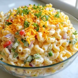 - 3 cups elbow macaroni - 1/2 cup mayonnaise - 1/2 cup sour cream - 1 tablespoon Dijon mustard - 1 tablespoon apple cider vinegar - 1/2 cup red bell pepper, finely chopped - 1/2 cup green bell pepper, finely chopped - 1/2 cup red onion, finely chopped - 1/2 cup celery, diced - 1/4 cup dill pickles, diced - 1/2 cup shredded cheddar cheese - 1/4 cup green onions, sliced - 1 teaspoon garlic powder - 1 teaspoon smoked paprika - Salt and pepper to taste You can swap out elbow macaroni for rotini or penne. Greek yogurt can replace sour cream for tang. If you want a kick, try spicy mustard instead of Dijon. Use white vinegar if you don't have apple cider vinegar. For less crunch, skip the celery. You can use any cheese you like, such as mozzarella or pepper jack. Elbow macaroni forms the base of this dish, giving it that classic look. Mayonnaise and sour cream add creaminess, while Dijon mustard brings a hint of spice. The red and green bell peppers give a fresh crunch and bright color. Garlic powder and smoked paprika add depth and warmth. Dill pickles offer a zesty bite, making each spoonful delightful. {{ingredient_image_1}} Start by boiling water in a large pot. Add 3 cups of elbow macaroni. Cook it until it is al dente, which usually takes about 8 to 10 minutes. Drain the macaroni in a colander. Rinse it under cold water to cool it down. This helps stop the cooking process and keeps it firm. In a big mixing bowl, add 1/2 cup of mayonnaise and 1/2 cup of sour cream. Then, mix in 1 tablespoon of Dijon mustard and 1 tablespoon of apple cider vinegar. Whisk these ingredients together until they blend well. This creamy dressing is key to a great macaroni salad. Now, add the chopped veggies: 1/2 cup each of red and green bell peppers, 1/2 cup of red onion, and 1/2 cup of diced celery. Toss in 1/4 cup of diced dill pickles too. Stir this mix into the dressing until everything is coated. Next, add the cooled macaroni and fold it in gently. Then, add 1/2 cup of shredded cheddar cheese and 1/4 cup of sliced green onions. Sprinkle in 1 teaspoon of garlic powder and 1 teaspoon of smoked paprika. Mix gently to combine all the flavors. Finally, season with salt and pepper to taste. Cover the bowl and chill the salad in the fridge for at least 1 hour. Give it one last stir before you serve it. Enjoy! To make the best Guy Fieri macaroni salad, start with fresh ingredients. Use ripe, colorful bell peppers for sweetness and crunch. The combination of sour cream and mayonnaise brings creaminess. The Dijon mustard adds a nice zing. A splash of apple cider vinegar brightens the flavor. Don’t skip the smoked paprika; it gives a unique, savory taste. Always taste and adjust salt and pepper to your liking. Presentation matters! Serve the salad in a large glass bowl to show off its colors. Garnish with a sprinkle of smoked paprika and sliced green onions for a pop of color. Chill the salad for at least one hour before serving. This step helps the flavors blend nicely. If you want to impress, use a fancy serving spoon. You can easily adjust this recipe for dietary needs. For a lighter option, use Greek yogurt instead of mayonnaise. If you need a vegan version, swap in vegan mayo and dairy-free cheese. Gluten-free pasta works well if you want to avoid gluten. Just ensure all other ingredients are also gluten-free. Enjoy customizing the salad to fit your taste! Pro Tips Chill for Flavor: Allow the macaroni salad to chill in the refrigerator for at least one hour. This helps the flavors meld together beautifully, enhancing the overall taste. Ingredient Variations: Feel free to add in other ingredients like diced ham, cooked bacon, or even diced apples for a sweet twist. Tailor the salad to your taste preferences! Perfect Pasta: When cooking the elbow macaroni, ensure it's cooked al dente. This prevents it from becoming mushy when mixed with the dressing and other ingredients. Garnish for Appeal: For a pop of color, garnish the salad with extra sliced green onions and a sprinkle of smoked paprika just before serving. This not only enhances presentation but adds extra flavor! {{image_2}} You can really jazz up your macaroni salad. Try adding in some cooked bacon bits for a salty crunch. Chopped hard-boiled eggs bring creaminess and protein. For a spicy kick, add diced jalapeños or a splash of hot sauce. You can also add sweet corn or peas for a pop of color and sweetness. Each of these choices enhances the salad's flavor and fun. Cheese can change the taste of your salad. While cheddar cheese is classic, you can use colby jack or pepper jack for a twist. If you want a richer flavor, try crumbled feta or goat cheese. These cheeses add creaminess and tang. You can even mix different cheeses for a unique blend that suits your taste. If you need gluten-free options, use gluten-free macaroni. They taste just as good and keep the dish hearty. For a vegan version, swap the mayonnaise and sour cream with plant-based alternatives. Look for vegan mayo and coconut yogurt. You can also replace the cheese with nutritional yeast for a cheesy flavor. These swaps keep the salad delicious while fitting your diet. To keep your macaroni salad fresh, store it in an airtight container. This will prevent it from absorbing other flavors in your fridge. Make sure to seal the lid tightly. You can enjoy it for up to three days after making it. If you notice any changes in smell or texture, it's best to toss it. I do not recommend freezing this macaroni salad. The creamy dressing may separate when thawed. This can affect the taste and texture. It's best to enjoy it fresh or as leftovers in the fridge. If you want to serve leftover macaroni salad, take it out of the fridge first. Allow it to sit at room temperature for about 15 minutes. This helps the flavors come back. If it seems dry, add a little more mayo or sour cream. Mix well before serving. Enjoy your tasty dish! Guy Fieri's Macaroni Salad stands out for its bold flavors and crunchy texture. It uses both mayonnaise and sour cream for a creamy base. The addition of Dijon mustard and apple cider vinegar adds a kick of tanginess. Fresh vegetables like red and green bell peppers, onions, and celery give a nice crunch. The smoked paprika and garlic powder bring warmth and depth. Finally, the shredded cheddar cheese adds richness, making this salad a delightful dish. You can keep macaroni salad in the fridge for about three to five days. Store it in an airtight container to keep it fresh. Be sure to check for any signs of spoilage before eating. If it smells off or looks strange, it's better to toss it. Yes, you can make macaroni salad a day in advance. In fact, making it ahead helps the flavors blend better. Just remember to cover it and chill it in the fridge. Before serving, give it a good stir to mix everything up again. This salad is perfect for parties, picnics, or family gatherings! In this article, we explored the core ingredients needed for a great macaroni salad. We discussed step-by-step instructions to make the dish easy. I shared tips to enhance flavor and presentation, plus variations for different diets. Learning how to store leftovers and handle common questions helps you master this recipe. With these insights, you can create a tasty and unique macaroni salad for any occasion. Enjoy making it your own!