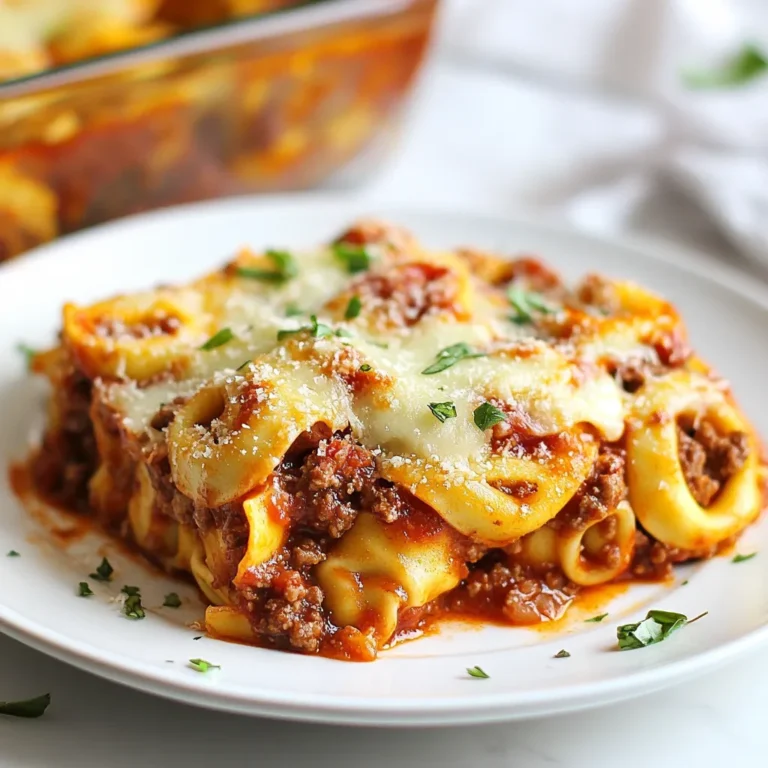 For a tasty One Pan Beefy Tortellini Bake, you will need the following: - 1 lb ground beef - 1 onion, chopped - 2 garlic cloves, minced - 1 bell pepper, diced (any color) - 2 cups marinara sauce - 2 cups beef broth - 1 package (9 oz) refrigerated cheese tortellini - 1 cup shredded mozzarella cheese - ½ cup grated Parmesan cheese - 1 teaspoon Italian seasoning - Salt and pepper to taste - Fresh basil for garnish (optional) These ingredients come together to create a warm, hearty dish. The ground beef adds protein and flavor. Chopped onion, minced garlic, and diced bell pepper bring a nice crunch and sweetness. The marinara sauce and beef broth form a rich base that coats the tortellini perfectly. Cheesy goodness comes from the mozzarella and Parmesan. Italian seasoning gives it a classic touch. Finally, a sprinkle of fresh basil adds brightness to the finished dish. This recipe balances flavors and textures, making it a hit at any dinner table. {{ingredient_image_1}} First, set your oven to 375°F (190°C). This step is key for even cooking. A hot oven helps the cheese melt and bubble nicely. Next, take a large oven-safe skillet. Place it on medium heat and add 1 pound of ground beef. Cook this for about 5-7 minutes. You want it to turn a nice brown color. If there is extra fat, drain it off. This keeps your dish from being too greasy. Now, add chopped onion, minced garlic, and diced bell pepper to the skillet. Sauté these for about 3-4 minutes. You want them to soften and smell great. The onion will become clear, and the garlic will get fragrant. Pour in 2 cups of marinara sauce and 2 cups of beef broth. Stir in a package of refrigerated cheese tortellini. Add 1 teaspoon of Italian seasoning, salt, and pepper to taste. Mix everything well and let it simmer gently for a few minutes. The tortellini will start to soften in this tasty mix. Once the tortellini is slightly soft, it’s cheese time! Sprinkle 1 cup of shredded mozzarella and ½ cup of grated Parmesan cheese on top. This will melt and create a delicious crust. Now, carefully transfer the skillet to your preheated oven. Bake for 20-25 minutes. You can watch for the cheese to become bubbly and golden brown. This is when it’s ready to come out. When you take it out, let it cool for a few minutes. If you like, add fresh basil on top for a nice touch. This step adds color and flavor. Your One Pan Beefy Tortellini Bake is now ready to enjoy! To make the beef tasty, start with good ground beef. Use 80/20 beef for the best mix of flavor and fat. Browning the beef well adds depth. Drain any extra fat after cooking. This keeps the dish from being too greasy. When using tortellini, don't overcook it. Add it to the skillet and let it simmer for about 5 minutes. This gives it a soft texture but keeps it firm. You want the tortellini to soak up the sauce but not fall apart. Cheese can change the taste a lot. I love mixing mozzarella and Parmesan. Try using smoked cheese for a unique twist. You can even add goat cheese for a tangy flavor. Play with different cheese types to find your favorite blend. Fresh herbs really brighten the dish. I like to use basil as a garnish. You can also stir in some fresh parsley or oregano before baking. These herbs add a nice aroma and make each bite more exciting. Pro Tips Use Fresh Herbs: Adding fresh basil or parsley right before serving enhances flavor and adds a beautiful touch to your dish. Choose the Right Skillet: Make sure to use an oven-safe skillet to avoid transferring the mixture to a baking dish. Customize Your Veggies: Feel free to add other vegetables like mushrooms or zucchini for extra nutrition and flavor. Make it Ahead: This dish can be prepared in advance and stored in the refrigerator for up to a day before baking. {{image_2}} You can switch out the ground beef for other proteins. Ground turkey works well and is leaner. Chicken is another tasty choice, giving a lighter flavor. For a hearty dish, try Italian sausage. Just cook it until browned, just like the beef. If you want a meatless meal, replace the beef with mushrooms or lentils. Both add great texture and flavor. You can also use plant-based ground meat for a similar taste. Don't forget to increase the seasoning to enhance those flavors. Cheese can change the whole dish. Try using cheddar for a sharp taste. You can mix in ricotta for creaminess. Feta adds a nice tang, while gouda brings a smokey flavor. Feel free to mix your favorites! Boost nutrition by adding more veggies. Spinach is a great choice; it wilts down nicely. Zucchini and carrots add sweetness and color. You can also toss in peas or corn for a pop of texture. Simply sauté them with the other veggies. After you enjoy your One Pan Beefy Tortellini Bake, let any leftovers cool. Use an airtight container to keep them fresh. Store them in the fridge for up to three days. This dish is great for quick meals later in the week. You can freeze the leftovers too! Portion them into freezer-safe containers. Make sure to leave some space for expansion. Label the containers with the date. They will stay good for up to three months. When you’re ready to eat, just thaw them overnight in the fridge. Reheating is easy! You can use the microwave or oven. If using a microwave, heat in short bursts. Stir in between to warm evenly. If using the oven, preheat to 350°F (175°C). Bake for about 15-20 minutes, or until hot. Cover with foil to keep cheese from burning. Enjoy the flavors again! You can use ground turkey or chicken instead of beef. They both work well. You can also try plant-based meat options for a vegetarian dish. Each option gives a different taste, but the recipe will still be tasty. Yes, you can use frozen tortellini. Just add a few extra minutes to the cooking time. It will still cook well in the marinara sauce. Frozen tortellini can be a great way to save time. To add some heat, try adding red pepper flakes. You can also use a spicy marinara sauce. For a bolder flavor, add diced jalapeños or hot sauce to the mix. Adjust to your heat level for a perfect kick. Yes, you can prep this dish ahead of time. Cook the beef and veggies, then combine with the sauce. Store it in the fridge for up to a day. When ready, just sprinkle cheese on top and bake. This makes weeknight dinners easier! This blog post covered key ingredients like ground beef, veggies, and cheese for a tasty dish. I shared step-by-step instructions to help you prepare and bake it just right. Tips on ensuring your beef is flavorful and your tortellini is perfect added extra value. Don't forget the many variations and storage tips to fit your needs. In my view, this recipe is both fun and flexible. You can easily make it your own. Enjoy cooking!