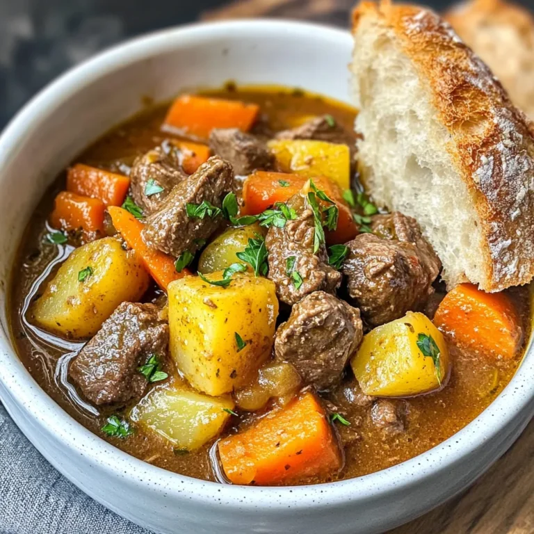 For a tasty beef stew, you need a few key items: - 2 pounds beef chuck, cut into 1-inch cubes - 3 tablespoons olive oil - 1 large onion, chopped - 4 cloves garlic, minced - 4 medium carrots, sliced - 3 medium potatoes, diced - 2 cups beef broth - 1 tablespoon tomato paste These ingredients create a rich, savory base for your stew. The beef chuck is tender and flavorful. The carrots and potatoes add nice texture and sweetness. You can enhance your stew with some optional items: - 1 teaspoon dried thyme - 1 teaspoon dried rosemary - 2 bay leaves - 2 tablespoons cornstarch (for thickening) - 2 tablespoons water (for thickening) Adding herbs like thyme and rosemary brings warmth and depth. Bay leaves give a subtle earthy note. If you like your stew thick, use cornstarch and water. Seasoning is key to a great stew. You should use: - Salt and pepper to taste Simple seasoning can make a big impact. Start small, then taste as you go. Adjust to fit your taste buds. A perfect balance will make your stew shine. {{ingredient_image_1}} Start by gathering all your ingredients. You will need: - 2 pounds beef chuck, cut into 1-inch cubes - 3 tablespoons olive oil - 1 large onion, chopped - 4 cloves garlic, minced - 4 medium carrots, sliced - 3 medium potatoes, diced - 2 cups beef broth - 1 tablespoon tomato paste - 1 teaspoon dried thyme - 1 teaspoon dried rosemary - 2 bay leaves - Salt and pepper to taste - 2 tablespoons cornstarch (optional, for thickening) - 2 tablespoons water (optional, for thickening) Make sure to wash the vegetables well. Chop the onion, mince the garlic, slice the carrots, and dice the potatoes. This prep makes cooking easier. Turn your Instant Pot to the sauté mode. Pour in the olive oil and let it heat. When the oil is hot, add the beef cubes. Do this in batches to avoid crowding. Brown the beef on all sides, which takes about 4-5 minutes per batch. Remove the beef and set it aside. Next, add the chopped onion to the pot. Sauté for about 3 minutes until it softens. Then, add the minced garlic for 1 more minute. This mix smells great! Stir in the sliced carrots and diced potatoes. Mix everything well for even flavor. Now, it’s time to bring everything together. Add the browned beef back into the pot. Pour in the beef broth and add the tomato paste. Sprinkle in the thyme and rosemary. Toss in the bay leaves and season with salt and pepper. Close the Instant Pot lid. Make sure the valve is set to sealing. Pressure cook on high for 35 minutes. When the timer goes off, let the pot release pressure naturally for 10 minutes. After that, carefully do a quick release for any remaining pressure. Remove the bay leaves. If you like a thicker stew, mix the cornstarch with water to form a slurry. Stir it into the stew. Turn on the sauté mode again and stir until the sauce thickens, which takes about 2-3 minutes. Searing beef gives it a rich flavor. Start by heating the olive oil until hot. Add the beef in small batches. This helps the beef brown evenly. Don’t crowd the pot. Each piece should touch the bottom. Sear for about 4-5 minutes on each side. When done, remove the beef and set it aside. This step adds depth to your stew. To get the right stew texture, use the correct amount of broth. For thicker stew, mix cornstarch with water. Stir this slurry into the stew after cooking. Turn on the sauté mode again. Stir until the liquid thickens, about 2-3 minutes. If the stew is too thick, add a bit more broth. This way, you control the consistency. Boost the flavor with herbs and spices. Use fresh thyme and rosemary if you can. These herbs add freshness. You can also add a splash of red wine for depth. If you want more warmth, try adding a pinch of paprika. Lastly, serve the stew with fresh parsley on top. This adds a nice touch and flavor. Pro Tips Brown the Beef Well: Taking the time to brown the beef cubes on all sides enhances the flavor of the stew, giving it a rich and hearty taste. Use Fresh Herbs: If possible, substitute dried herbs with fresh ones for a more vibrant flavor. Add fresh thyme and rosemary at the end of cooking for a fragrant finish. Customize Your Veggies: Feel free to add other vegetables like peas, parsnips, or mushrooms to suit your taste and increase the nutritional value of the stew. Let It Rest: Allowing the stew to sit for a few minutes after cooking lets the flavors meld together, making each bite deliciously satisfying. {{image_2}} You can change the veggies in this stew based on what you like. Try using sweet potatoes instead of regular potatoes for a sweeter taste. Squash, parsnips, or peas also work great. They add a unique twist to your stew. To change the flavor, play with spices and herbs. If you want a bit of heat, add a pinch of cayenne pepper. You can swap thyme and rosemary for Italian seasoning or even curry powder for a different vibe. Adjust the amounts based on your taste. If you need a gluten-free option, use certified gluten-free beef broth. You can also replace beef with chicken or a plant-based protein like lentils. For a lower-carb stew, skip the potatoes and add more veggies instead. This way, everyone can enjoy a hearty meal. To keep your beef stew fresh, let it cool first. Use airtight containers for storage. You can store it in the fridge for up to 3 days. If you plan to eat it later, consider freezing. Avoid keeping it in the pot for long. This can lead to soggy vegetables. When ready to enjoy your stew again, use the microwave or stovetop. For the microwave, heat in short bursts of 1-2 minutes. Stir in between to ensure even heating. On the stovetop, warm it slowly in a pot over low heat. Add a splash of beef broth if it looks too thick. Freezing is a great way to save your beef stew. Pour cooled stew into freezer-safe bags, leaving space for expansion. Seal tightly and label with the date. It can last up to 3 months in the freezer. To thaw, place in the fridge overnight or use the microwave. It takes about 1 hour and 10 minutes to make Instant Pot beef stew. This includes prep time and cooking time. The pressure cooking itself is 35 minutes, which makes it quick for a hearty meal. Yes, you can use frozen beef in this recipe. However, it will take longer to cook. The Instant Pot should still be able to handle it well. Just make sure the beef is in smaller chunks. If your stew is too salty, add a few potatoes. They soak up salt as they cook. You can also add more beef broth or water to balance the flavor. To thicken beef stew without cornstarch, mash some of the potatoes. This will add thickness. Another option is to use a flour slurry. Mix equal parts flour and water, then stir it in while cooking. You can skip browning the meat if you want. However, browning adds flavor to the stew. If you are in a hurry, it’s okay to cook it without this step. The stew will still taste good. To sum up, this guide helps you make tasty Instant Pot beef stew with ease. You learned the key ingredients, cooking steps, and tips for great results. I shared ways to adapt the stew for your tastes and diet. Remember, good storage keeps your leftovers fresh. Use these methods to enjoy beef stew any time. Try new flavors and variations to make it your own. Now, you can impress your family and friends with perfect beef stew every time. Happy cooking!