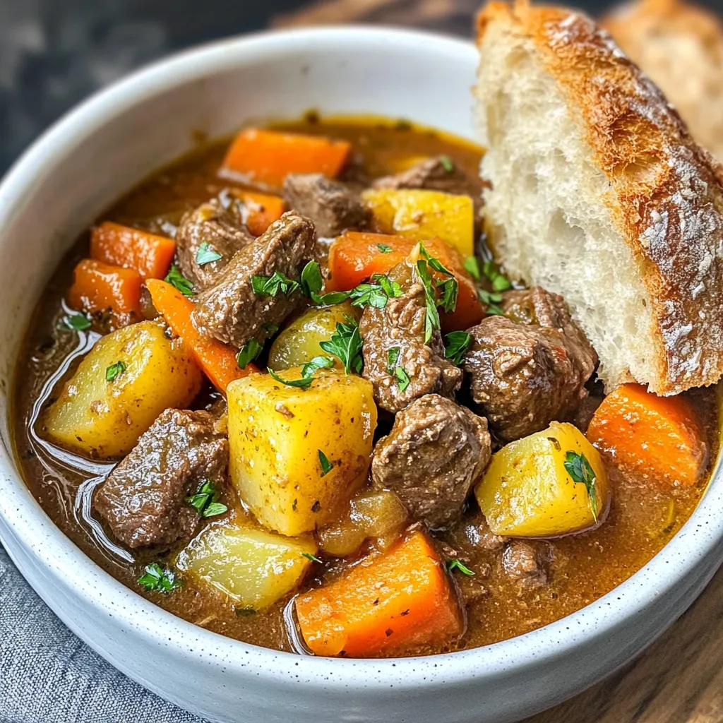 For a tasty beef stew, you need a few key items: - 2 pounds beef chuck, cut into 1-inch cubes - 3 tablespoons olive oil - 1 large onion, chopped - 4 cloves garlic, minced - 4 medium carrots, sliced - 3 medium potatoes, diced - 2 cups beef broth - 1 tablespoon tomato paste These ingredients create a rich, savory base for your stew. The beef chuck is tender and flavorful. The carrots and potatoes add nice texture and sweetness. You can enhance your stew with some optional items: - 1 teaspoon dried thyme - 1 teaspoon dried rosemary - 2 bay leaves - 2 tablespoons cornstarch (for thickening) - 2 tablespoons water (for thickening) Adding herbs like thyme and rosemary brings warmth and depth. Bay leaves give a subtle earthy note. If you like your stew thick, use cornstarch and water. Seasoning is key to a great stew. You should use: - Salt and pepper to taste Simple seasoning can make a big impact. Start small, then taste as you go. Adjust to fit your taste buds. A perfect balance will make your stew shine. {{ingredient_image_1}} Start by gathering all your ingredients. You will need: - 2 pounds beef chuck, cut into 1-inch cubes - 3 tablespoons olive oil - 1 large onion, chopped - 4 cloves garlic, minced - 4 medium carrots, sliced - 3 medium potatoes, diced - 2 cups beef broth - 1 tablespoon tomato paste - 1 teaspoon dried thyme - 1 teaspoon dried rosemary - 2 bay leaves - Salt and pepper to taste - 2 tablespoons cornstarch (optional, for thickening) - 2 tablespoons water (optional, for thickening) Make sure to wash the vegetables well. Chop the onion, mince the garlic, slice the carrots, and dice the potatoes. This prep makes cooking easier. Turn your Instant Pot to the sauté mode. Pour in the olive oil and let it heat. When the oil is hot, add the beef cubes. Do this in batches to avoid crowding. Brown the beef on all sides, which takes about 4-5 minutes per batch. Remove the beef and set it aside. Next, add the chopped onion to the pot. Sauté for about 3 minutes until it softens. Then, add the minced garlic for 1 more minute. This mix smells great! Stir in the sliced carrots and diced potatoes. Mix everything well for even flavor. Now, it’s time to bring everything together. Add the browned beef back into the pot. Pour in the beef broth and add the tomato paste. Sprinkle in the thyme and rosemary. Toss in the bay leaves and season with salt and pepper. Close the Instant Pot lid. Make sure the valve is set to sealing. Pressure cook on high for 35 minutes. When the timer goes off, let the pot release pressure naturally for 10 minutes. After that, carefully do a quick release for any remaining pressure. Remove the bay leaves. If you like a thicker stew, mix the cornstarch with water to form a slurry. Stir it into the stew. Turn on the sauté mode again and stir until the sauce thickens, which takes about 2-3 minutes. Searing beef gives it a rich flavor. Start by heating the olive oil until hot. Add the beef in small batches. This helps the beef brown evenly. Don’t crowd the pot. Each piece should touch the bottom. Sear for about 4-5 minutes on each side. When done, remove the beef and set it aside. This step adds depth to your stew. To get the right stew texture, use the correct amount of broth. For thicker stew, mix cornstarch with water. Stir this slurry into the stew after cooking. Turn on the sauté mode again. Stir until the liquid thickens, about 2-3 minutes. If the stew is too thick, add a bit more broth. This way, you control the consistency. Boost the flavor with herbs and spices. Use fresh thyme and rosemary if you can. These herbs add freshness. You can also add a splash of red wine for depth. If you want more warmth, try adding a pinch of paprika. Lastly, serve the stew with fresh parsley on top. This adds a nice touch and flavor. Pro Tips Brown the Beef Well: Taking the time to brown the beef cubes on all sides enhances the flavor of the stew, giving it a rich and hearty taste. Use Fresh Herbs: If possible, substitute dried herbs with fresh ones for a more vibrant flavor. Add fresh thyme and rosemary at the end of cooking for a fragrant finish. Customize Your Veggies: Feel free to add other vegetables like peas, parsnips, or mushrooms to suit your taste and increase the nutritional value of the stew. Let It Rest: Allowing the stew to sit for a few minutes after cooking lets the flavors meld together, making each bite deliciously satisfying. {{image_2}} You can change the veggies in this stew based on what you like. Try using sweet potatoes instead of regular potatoes for a sweeter taste. Squash, parsnips, or peas also work great. They add a unique twist to your stew. To change the flavor, play with spices and herbs. If you want a bit of heat, add a pinch of cayenne pepper. You can swap thyme and rosemary for Italian seasoning or even curry powder for a different vibe. Adjust the amounts based on your taste. If you need a gluten-free option, use certified gluten-free beef broth. You can also replace beef with chicken or a plant-based protein like lentils. For a lower-carb stew, skip the potatoes and add more veggies instead. This way, everyone can enjoy a hearty meal. To keep your beef stew fresh, let it cool first. Use airtight containers for storage. You can store it in the fridge for up to 3 days. If you plan to eat it later, consider freezing. Avoid keeping it in the pot for long. This can lead to soggy vegetables. When ready to enjoy your stew again, use the microwave or stovetop. For the microwave, heat in short bursts of 1-2 minutes. Stir in between to ensure even heating. On the stovetop, warm it slowly in a pot over low heat. Add a splash of beef broth if it looks too thick. Freezing is a great way to save your beef stew. Pour cooled stew into freezer-safe bags, leaving space for expansion. Seal tightly and label with the date. It can last up to 3 months in the freezer. To thaw, place in the fridge overnight or use the microwave. It takes about 1 hour and 10 minutes to make Instant Pot beef stew. This includes prep time and cooking time. The pressure cooking itself is 35 minutes, which makes it quick for a hearty meal. Yes, you can use frozen beef in this recipe. However, it will take longer to cook. The Instant Pot should still be able to handle it well. Just make sure the beef is in smaller chunks. If your stew is too salty, add a few potatoes. They soak up salt as they cook. You can also add more beef broth or water to balance the flavor. To thicken beef stew without cornstarch, mash some of the potatoes. This will add thickness. Another option is to use a flour slurry. Mix equal parts flour and water, then stir it in while cooking. You can skip browning the meat if you want. However, browning adds flavor to the stew. If you are in a hurry, it’s okay to cook it without this step. The stew will still taste good. To sum up, this guide helps you make tasty Instant Pot beef stew with ease. You learned the key ingredients, cooking steps, and tips for great results. I shared ways to adapt the stew for your tastes and diet. Remember, good storage keeps your leftovers fresh. Use these methods to enjoy beef stew any time. Try new flavors and variations to make it your own. Now, you can impress your family and friends with perfect beef stew every time. Happy cooking!
