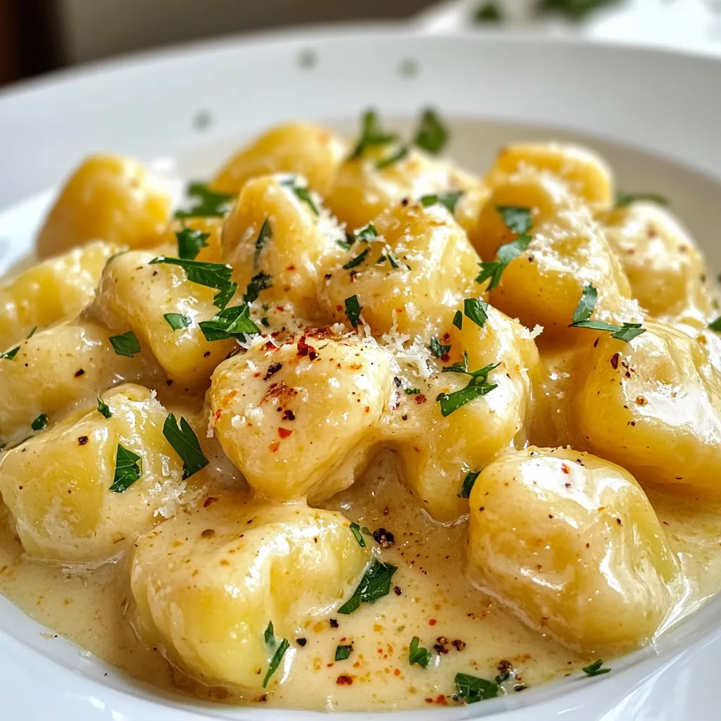 To make this dish, you need a few key items: - 1 package (16 oz) potato gnocchi - 4 cloves garlic, minced - 2 cups heavy cream - 1 cup grated Parmesan cheese - 3 tablespoons butter - Salt and pepper to taste - Fresh parsley, chopped (for garnish) - 1/2 teaspoon red pepper flakes (optional, for a kick) Each ingredient plays a big role. For instance, the gnocchi provides a soft base. The garlic adds a rich flavor that shines through. Heavy cream makes the sauce creamy. Parmesan brings a salty, nutty taste. Butter adds richness and helps sauté the garlic. You can boost the flavor by adding: - Fresh basil for a herbaceous note - Cherry tomatoes for a burst of sweetness - Spinach for a nutritious touch These extras can elevate the dish. Fresh basil gives a nice aroma. Cherry tomatoes add color and a sweet contrast. Spinach not only looks good but also packs nutrients. If you can’t find something, here are some swaps: - Use ricotta cheese if you want a lighter flavor. - Swap heavy cream for half-and-half for fewer calories. - Use olive oil instead of butter for a vegan option. These substitutions can help fit dietary needs. Ricotta offers a creamy texture without being too rich. Half-and-half lightens the sauce without losing too much creaminess. Olive oil keeps things plant-based while adding flavor. {{ingredient_image_1}} To cook the gnocchi, fill a large pot with water. Add a good amount of salt to the water and bring it to a boil. This step is key for flavor. Once boiling, add the package of potato gnocchi. Watch closely; they will float to the top in about 2-3 minutes. This floating means they are ready. Drain the gnocchi and set them aside. Make sure not to overcook them to keep their light texture. Next, we need to sauté the garlic. Take a large skillet and melt 3 tablespoons of butter over medium heat. Once the butter is melted, add the 4 cloves of minced garlic. Stir the garlic for about one minute. You want the garlic to smell good, but it should not turn brown. This step adds a deep flavor that makes the dish special. Now let’s make the cream sauce. Turn the heat to low and slowly pour in 2 cups of heavy cream. Keep stirring the sauce to mix it well. Let it simmer for about 2-3 minutes. This helps the sauce thicken slightly. After that, add 1 cup of grated Parmesan cheese. Stir until the cheese melts completely. Season with salt and pepper to your taste, and if you like heat, toss in 1/2 teaspoon of red pepper flakes. This will give the sauce a nice kick. To make your sauce creamy, start with low heat. High heat can cause the cream to separate. Stir the cream slowly into the pan with the melted butter and garlic. This helps mix the flavors well. Always use fresh heavy cream for the best taste. Adding the Parmesan cheese gradually is key to a smooth sauce. Stir continuously until it melts completely. If the sauce feels too thick, add a splash of water or more cream. One common mistake is not cooking the gnocchi properly. Make sure they float in the water before removing them. Overheating the garlic can also ruin your dish. You want the garlic to be fragrant, not brown. If you add salt too early, it can make the sauce grainy. Wait until the cheese is in the sauce before seasoning. Lastly, avoid letting the sauce sit too long before adding the gnocchi. The longer it sits, the thicker it gets. You can add so much to this dish! For a fresh taste, try adding spinach or peas. They will brighten the meal. If you want more protein, consider grilled chicken or shrimp. Both pair well with the creamy sauce. For a little heat, toss in some red pepper flakes. This will give your dish a nice kick. Fresh herbs like basil or thyme also work great. They add depth and flavor that will impress anyone you serve. Pro Tips Use Fresh Garlic: Freshly minced garlic enhances the flavor of the sauce significantly compared to pre-minced or jarred options. Don’t Overcook Gnocchi: Gnocchi are done when they float to the top; overcooking can make them mushy. Adjust the Creaminess: For a lighter sauce, you can substitute half of the heavy cream with chicken or vegetable broth. Experiment with Cheese: While Parmesan is classic, mixing in other cheeses like mozzarella or asiago can add depth to the flavor. {{image_2}} You can make this dish vegetarian by skipping the meat. Use the same creamy sauce and gnocchi. Add veggies like spinach, mushrooms, or peas. These add color and flavor. You can sauté them with garlic for a tasty twist. For extra protein, add cooked chicken, shrimp, or bacon. Cook chicken in the skillet first, then add garlic. For shrimp, just sauté until they turn pink. If you prefer bacon, cook it until crisp and crumble it in. Each option will give the dish a new taste. Want to add some heat? Just mix in red pepper flakes. They add a nice kick without being too spicy. You can also try adding some lemon zest for freshness. If you like herbs, use fresh basil or thyme. They bring a bright flavor that enhances the creamy sauce. To keep your creamy garlic Parmesan gnocchi fresh, store it in an airtight container. Let the dish cool to room temperature first. Then, place it in the fridge. It will stay good for about 3 to 4 days. Always check for any signs of spoilage before you eat. When you are ready to enjoy leftovers, reheat the gnocchi on the stove. Place it in a skillet over low heat. Add a splash of cream or water to help thin the sauce. Stir often to heat it evenly. You can also microwave it, but the stovetop method keeps it creamier. Heat it in 30-second intervals, stirring each time. If you want to save the gnocchi for later, freezing is a great option. First, let it cool completely. Then, transfer it to a freezer-safe container or bag. It can last for up to 2 months in the freezer. When you are ready to eat, thaw it in the fridge overnight before reheating. Yes, you can! While Parmesan gives a rich flavor, you can try other cheeses. Pecorino Romano adds a salty kick. Mozzarella will make it stretchy and creamy. Cheddar will give a sharper taste. Mix and match to find your favorite combo. This dish pairs well with many sides. A fresh green salad adds crunch. Roasted vegetables bring color and flavor. Garlic bread is always a hit for extra garlic goodness. You could even add grilled chicken or shrimp for protein. To lighten up this dish, use less cream. Swap heavy cream for half-and-half or a plant-based milk. You can add more veggies, like spinach or mushrooms, for added nutrients. Reducing the butter or using a healthier fat can also help. Absolutely! Making gnocchi is fun and simple. You need potatoes, flour, and egg. Boil the potatoes, then mash them. Mix with flour and egg to form dough. Roll and cut into small pieces, then cook. Homemade gnocchi tastes amazing! Creamy garlic parmesan gnocchi is easy to make and fun to share. You learned about key ingredients, proper cooking methods, and tips to avoid common mistakes. Variations let you customize the dish to your liking. Remember to follow storage tips for leftovers. With this knowledge, you can create a delicious meal every time. Enjoy your cooking and impress friends with your skills!