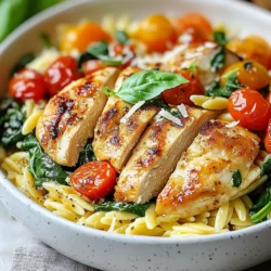 - 2 boneless, skinless chicken breasts - 1 cup orzo pasta - 2 tablespoons olive oil - 3 cloves garlic, minced - 1 cup cherry tomatoes, halved - 1 cup fresh spinach - 1 cup heavy cream - ½ cup grated Parmesan cheese - 1 teaspoon Italian seasoning - Salt and pepper to taste - Fresh basil leaves for garnish You might want to swap heavy cream. Use coconut milk or cashew cream for a lighter touch. If you need gluten-free options, look for rice or quinoa pasta instead of orzo. You can also use tofu or chickpeas as chicken substitutes for a vegetarian twist. Each swap can still keep the dish tasty and satisfying. {{ingredient_image_1}} Cooking the chicken Start by heating olive oil in a large skillet over medium heat. Season the chicken breasts with salt, pepper, and Italian seasoning. Place the chicken in the skillet and cook for 6-7 minutes on each side. The chicken should be golden brown and cooked through. Remove the chicken and let it rest. Preparing the orzo While the chicken cooks, boil water in a separate pot. Add 1 cup of orzo pasta and cook according to package instructions. Stir occasionally to prevent sticking. Drain the orzo and set aside. Sautéing garlic and tomatoes In the same skillet used for the chicken, add minced garlic. Cook for 30 seconds until fragrant. Next, add halved cherry tomatoes and sauté for 3-4 minutes until they soften. Mixing in spinach and cream Add fresh spinach to the skillet and cook until it wilts. Pour in 1 cup of heavy cream and bring the mixture to a gentle simmer. This creates a rich and creamy base for your dish. Incorporating Parmesan cheese Stir in ½ cup of grated Parmesan cheese. Keep stirring until the cheese melts into the sauce. This adds depth and flavor to your creamy sauce. Final assembly of the dish Add the cooked orzo to the skillet and mix everything well. Slice the rested chicken and place it on top of the creamy orzo mixture. Let it cook for an additional 2-3 minutes. This helps all the flavors meld together. Plating the Creamy Tuscan Chicken Orzo Serve the dish in bowls for a cozy presentation. Make sure to place the sliced chicken on top of the creamy orzo. Garnishing tips and tricks Top with freshly chopped basil and an extra sprinkle of Parmesan cheese. This adds color and enhances the dish's flavor. Suggestions for side dishes Pair with a simple green salad or garlic bread. These sides balance the richness of the orzo and make for a complete meal. - Ensuring perfectly cooked chicken: Cook the chicken for 6-7 minutes on each side. Check that the inside is no longer pink. A meat thermometer should read 165°F. - Achieving the right creaminess: Use heavy cream for a rich texture. Stir in the cream slowly and let it simmer to thicken. - Tips for flavor enhancement: Add extra Italian seasoning to the sauce. Fresh basil at the end brightens the dish. - Recommended skillet types: A large non-stick skillet works best. It helps prevent sticking and makes cleanup easier. - Useful tools for cooking orzo: Use a pot to boil water for the orzo. A slotted spoon helps to drain it easily. - Serving utensils: Use a large serving spoon for the orzo. A sharp knife is needed to slice the chicken. - Overcooking the chicken: Keep an eye on the chicken. Overcooked chicken can be dry. - Underseasoning the dish: Taste the dish before serving. A pinch more salt can make a big difference. - Incorrect pasta cooking techniques: Follow the package instructions for cooking orzo. It should be al dente, so avoid cooking it too long. Pro Tips Rest the Chicken: After cooking, let the chicken rest for a few minutes to retain its juices and ensure tenderness. Cook orzo Al Dente: For the best texture, cook orzo until al dente, as it will continue to absorb liquid after being added to the sauce. Use Fresh Ingredients: Fresh garlic, tomatoes, and spinach will enhance the flavor of the dish, making it taste more vibrant and delicious. Customize the Creaminess: Adjust the amount of heavy cream and Parmesan to achieve your desired level of creaminess in the sauce. {{image_2}} You can easily change this dish to suit your taste. Adding vegetables is a great way to boost nutrition. I love using zucchini, bell peppers, or mushrooms. These veggies add color and flavor. You can toss them in with the garlic and tomatoes. For protein variations, consider using shrimp or sausage. Shrimp cooks fast and adds a nice twist. Sausage brings a hearty touch. Just cook it before adding the rest of the ingredients. Adjusting seasoning can also change the dish's vibe. For a spicier kick, add crushed red pepper flakes. If you prefer a milder taste, use less Italian seasoning. If you're looking to make it low-carb, you can swap orzo for cauliflower rice. This keeps the meal light yet filling. Just sauté the cauliflower until tender. For vegan adaptations, replace chicken with chickpeas or tofu. Use coconut cream instead of heavy cream. You can also skip the cheese or use a vegan cheese option. For dairy-free substitutions, almond milk or oat milk works well. They can mimic cream's texture without the dairy. Just be sure to adjust the seasonings to match. Using seasonal ingredients enhances flavor and freshness. In spring, fresh asparagus or peas add brightness. In summer, ripe tomatoes and basil shine. You can also use butternut squash in fall for a sweet touch. Fresh herbs make a big difference. Basil and parsley are great for garnish. You can even mix herbs into the dish for added flavor. Experiment with what’s in season for the best taste. To store leftovers, let the Creamy Tuscan Chicken Orzo cool off. Place it in an airtight container. This keeps it fresh and tasty. Use glass or plastic containers with tight lids for best results. You can freeze Creamy Tuscan Chicken Orzo if needed. First, cool it down completely. Then, use freezer-safe containers. Label them with the date for easy tracking. When it’s time to eat, thaw it in the fridge overnight. Reheat it in a skillet over low heat, adding a splash of cream for moisture. In the fridge, this dish lasts about three to four days. Always check for signs of spoilage. Look for an off smell, changes in color, or mold. If you see any of these signs, it’s best to toss it. Enjoy your delicious meal safely! How long does it take to cook Creamy Tuscan Chicken Orzo? It takes about 30 minutes to cook Creamy Tuscan Chicken Orzo. This includes prep time and cooking time. You can have a delicious meal ready in no time! Can I use cooked chicken instead of raw? Yes, you can use cooked chicken. Just chop it into pieces and add it when you mix in the cream and orzo. This saves time and still tastes great! What can I serve alongside this dish? You can serve a simple green salad or some crusty bread. Both add a nice touch and help balance the meal. Can I make this dish in advance? Yes, you can make this dish in advance. Just store it in the fridge after cooking. Reheat it gently when you are ready to eat. How do I thicken the sauce if needed? If you want a thicker sauce, add more Parmesan cheese. You can also simmer it longer to reduce it. Both ways will give you a creamier texture. Can I use a different type of pasta? Absolutely! You can use any small pasta like penne or fusilli. Just keep an eye on the cooking time, as it may vary. Can I substitute heavy cream with something else? Yes, you can use half-and-half for a lighter option. You can also use coconut milk for a dairy-free choice, but it will change the flavor slightly. Is there a way to make this recipe spicy? To add spice, mix in red pepper flakes or diced jalapeños. Start small and taste as you go to get your desired heat level. This blog post covered a tasty recipe for Creamy Tuscan Chicken Orzo. We discussed ingredients, cooking steps, and how to avoid common mistakes. You learned tips for variations, storage, and useful kitchen tools. In my experience, this dish is both satisfying and easy to make. With a few changes, it can suit any diet. Enjoy cooking and experimenting to make this meal your own!