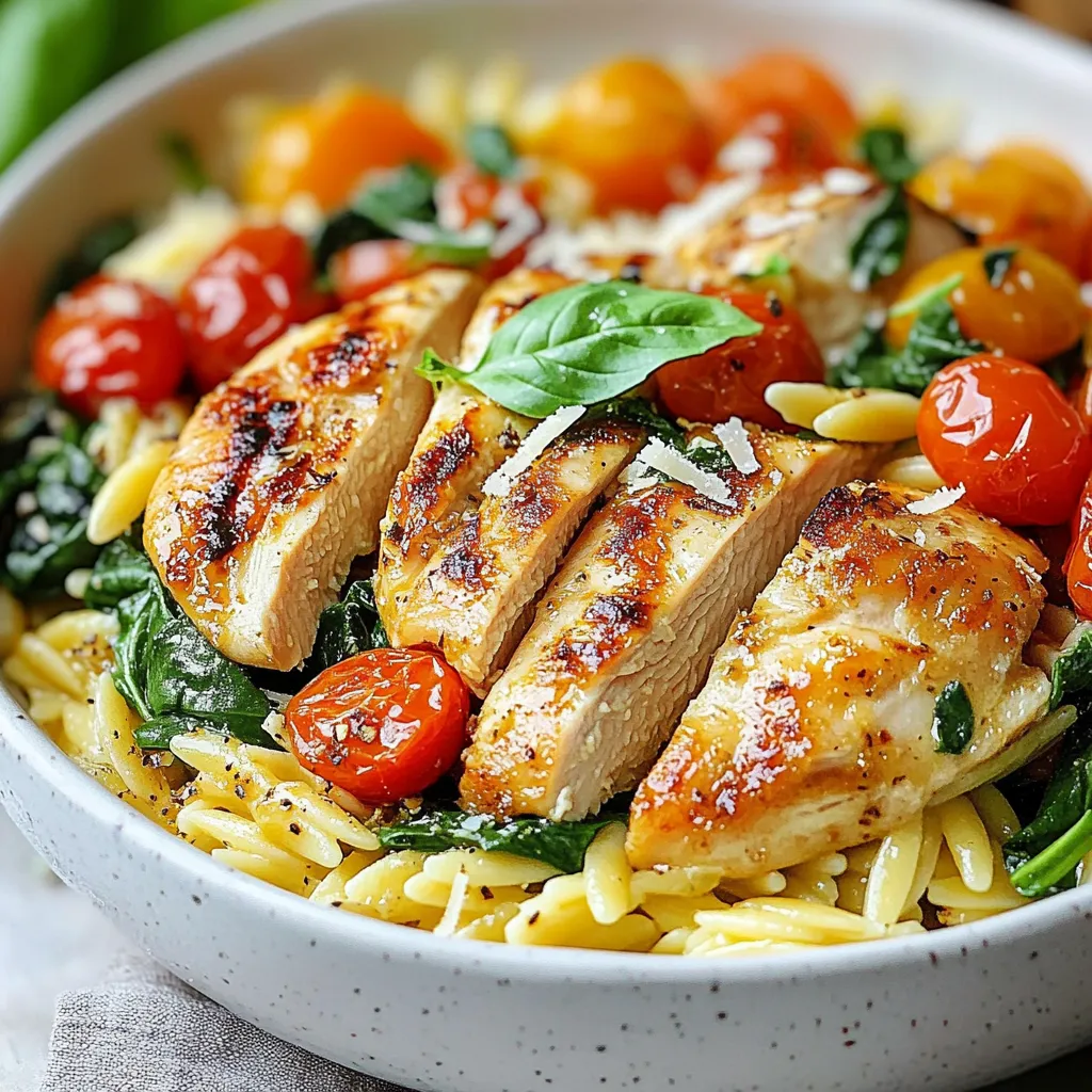 - 2 boneless, skinless chicken breasts - 1 cup orzo pasta - 2 tablespoons olive oil - 3 cloves garlic, minced - 1 cup cherry tomatoes, halved - 1 cup fresh spinach - 1 cup heavy cream - ½ cup grated Parmesan cheese - 1 teaspoon Italian seasoning - Salt and pepper to taste - Fresh basil leaves for garnish You might want to swap heavy cream. Use coconut milk or cashew cream for a lighter touch. If you need gluten-free options, look for rice or quinoa pasta instead of orzo. You can also use tofu or chickpeas as chicken substitutes for a vegetarian twist. Each swap can still keep the dish tasty and satisfying. {{ingredient_image_1}} Cooking the chicken Start by heating olive oil in a large skillet over medium heat. Season the chicken breasts with salt, pepper, and Italian seasoning. Place the chicken in the skillet and cook for 6-7 minutes on each side. The chicken should be golden brown and cooked through. Remove the chicken and let it rest. Preparing the orzo While the chicken cooks, boil water in a separate pot. Add 1 cup of orzo pasta and cook according to package instructions. Stir occasionally to prevent sticking. Drain the orzo and set aside. Sautéing garlic and tomatoes In the same skillet used for the chicken, add minced garlic. Cook for 30 seconds until fragrant. Next, add halved cherry tomatoes and sauté for 3-4 minutes until they soften. Mixing in spinach and cream Add fresh spinach to the skillet and cook until it wilts. Pour in 1 cup of heavy cream and bring the mixture to a gentle simmer. This creates a rich and creamy base for your dish. Incorporating Parmesan cheese Stir in ½ cup of grated Parmesan cheese. Keep stirring until the cheese melts into the sauce. This adds depth and flavor to your creamy sauce. Final assembly of the dish Add the cooked orzo to the skillet and mix everything well. Slice the rested chicken and place it on top of the creamy orzo mixture. Let it cook for an additional 2-3 minutes. This helps all the flavors meld together. Plating the Creamy Tuscan Chicken Orzo Serve the dish in bowls for a cozy presentation. Make sure to place the sliced chicken on top of the creamy orzo. Garnishing tips and tricks Top with freshly chopped basil and an extra sprinkle of Parmesan cheese. This adds color and enhances the dish's flavor. Suggestions for side dishes Pair with a simple green salad or garlic bread. These sides balance the richness of the orzo and make for a complete meal. - Ensuring perfectly cooked chicken: Cook the chicken for 6-7 minutes on each side. Check that the inside is no longer pink. A meat thermometer should read 165°F. - Achieving the right creaminess: Use heavy cream for a rich texture. Stir in the cream slowly and let it simmer to thicken. - Tips for flavor enhancement: Add extra Italian seasoning to the sauce. Fresh basil at the end brightens the dish. - Recommended skillet types: A large non-stick skillet works best. It helps prevent sticking and makes cleanup easier. - Useful tools for cooking orzo: Use a pot to boil water for the orzo. A slotted spoon helps to drain it easily. - Serving utensils: Use a large serving spoon for the orzo. A sharp knife is needed to slice the chicken. - Overcooking the chicken: Keep an eye on the chicken. Overcooked chicken can be dry. - Underseasoning the dish: Taste the dish before serving. A pinch more salt can make a big difference. - Incorrect pasta cooking techniques: Follow the package instructions for cooking orzo. It should be al dente, so avoid cooking it too long. Pro Tips Rest the Chicken: After cooking, let the chicken rest for a few minutes to retain its juices and ensure tenderness. Cook orzo Al Dente: For the best texture, cook orzo until al dente, as it will continue to absorb liquid after being added to the sauce. Use Fresh Ingredients: Fresh garlic, tomatoes, and spinach will enhance the flavor of the dish, making it taste more vibrant and delicious. Customize the Creaminess: Adjust the amount of heavy cream and Parmesan to achieve your desired level of creaminess in the sauce. {{image_2}} You can easily change this dish to suit your taste. Adding vegetables is a great way to boost nutrition. I love using zucchini, bell peppers, or mushrooms. These veggies add color and flavor. You can toss them in with the garlic and tomatoes. For protein variations, consider using shrimp or sausage. Shrimp cooks fast and adds a nice twist. Sausage brings a hearty touch. Just cook it before adding the rest of the ingredients. Adjusting seasoning can also change the dish's vibe. For a spicier kick, add crushed red pepper flakes. If you prefer a milder taste, use less Italian seasoning. If you're looking to make it low-carb, you can swap orzo for cauliflower rice. This keeps the meal light yet filling. Just sauté the cauliflower until tender. For vegan adaptations, replace chicken with chickpeas or tofu. Use coconut cream instead of heavy cream. You can also skip the cheese or use a vegan cheese option. For dairy-free substitutions, almond milk or oat milk works well. They can mimic cream's texture without the dairy. Just be sure to adjust the seasonings to match. Using seasonal ingredients enhances flavor and freshness. In spring, fresh asparagus or peas add brightness. In summer, ripe tomatoes and basil shine. You can also use butternut squash in fall for a sweet touch. Fresh herbs make a big difference. Basil and parsley are great for garnish. You can even mix herbs into the dish for added flavor. Experiment with what’s in season for the best taste. To store leftovers, let the Creamy Tuscan Chicken Orzo cool off. Place it in an airtight container. This keeps it fresh and tasty. Use glass or plastic containers with tight lids for best results. You can freeze Creamy Tuscan Chicken Orzo if needed. First, cool it down completely. Then, use freezer-safe containers. Label them with the date for easy tracking. When it’s time to eat, thaw it in the fridge overnight. Reheat it in a skillet over low heat, adding a splash of cream for moisture. In the fridge, this dish lasts about three to four days. Always check for signs of spoilage. Look for an off smell, changes in color, or mold. If you see any of these signs, it’s best to toss it. Enjoy your delicious meal safely! How long does it take to cook Creamy Tuscan Chicken Orzo? It takes about 30 minutes to cook Creamy Tuscan Chicken Orzo. This includes prep time and cooking time. You can have a delicious meal ready in no time! Can I use cooked chicken instead of raw? Yes, you can use cooked chicken. Just chop it into pieces and add it when you mix in the cream and orzo. This saves time and still tastes great! What can I serve alongside this dish? You can serve a simple green salad or some crusty bread. Both add a nice touch and help balance the meal. Can I make this dish in advance? Yes, you can make this dish in advance. Just store it in the fridge after cooking. Reheat it gently when you are ready to eat. How do I thicken the sauce if needed? If you want a thicker sauce, add more Parmesan cheese. You can also simmer it longer to reduce it. Both ways will give you a creamier texture. Can I use a different type of pasta? Absolutely! You can use any small pasta like penne or fusilli. Just keep an eye on the cooking time, as it may vary. Can I substitute heavy cream with something else? Yes, you can use half-and-half for a lighter option. You can also use coconut milk for a dairy-free choice, but it will change the flavor slightly. Is there a way to make this recipe spicy? To add spice, mix in red pepper flakes or diced jalapeños. Start small and taste as you go to get your desired heat level. This blog post covered a tasty recipe for Creamy Tuscan Chicken Orzo. We discussed ingredients, cooking steps, and how to avoid common mistakes. You learned tips for variations, storage, and useful kitchen tools. In my experience, this dish is both satisfying and easy to make. With a few changes, it can suit any diet. Enjoy cooking and experimenting to make this meal your own!