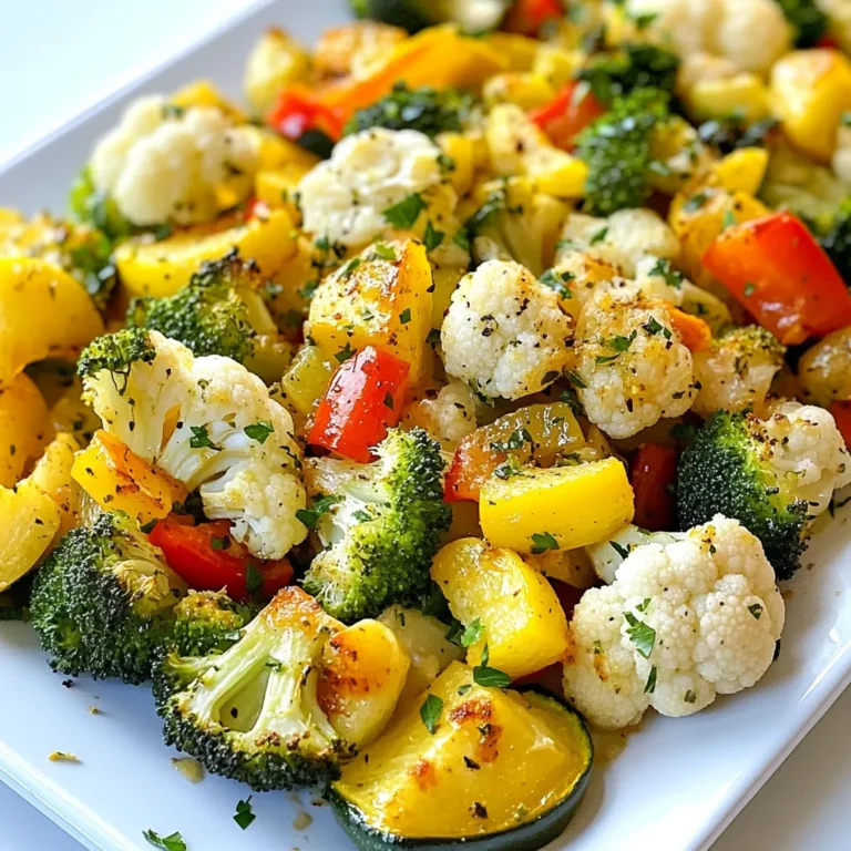 - 2 cups broccoli florets - 2 cups cauliflower florets - 1 red bell pepper, chopped - 1 yellow squash, sliced - 1 zucchini, sliced - 6 cloves garlic, minced - 3 tablespoons olive oil - 1 teaspoon dried oregano - 1 teaspoon smoked paprika - Salt and pepper to taste - Fresh parsley, chopped When you gather these ingredients, you set the stage for a tasty dish. The mix of colorful veggies not only looks good but also packs a healthy punch. Broccoli and cauliflower add crunch and nutrients. The red bell pepper brightens the dish with sweetness. Yellow squash and zucchini bring a mild flavor, making everything blend well. Next, the seasoning makes this dish special. Minced garlic adds a strong, lovely taste. Olive oil helps the veggies roast nicely and keep them moist. Dried oregano gives a hint of earthiness, while smoked paprika adds a warm, smoky touch. Don’t forget salt and pepper! They enhance all the flavors. Lastly, fresh parsley brightens the dish, making it look fresh and inviting when you serve it. With these ingredients, you can create a dish that is both flavorful and healthy. It’s perfect for any meal! {{ingredient_image_1}} - Preheat the oven to 425°F (220°C). - Prepare and chop all vegetables. Start with broccoli and cauliflower. - Chop the red bell pepper into small pieces. - Slice the yellow squash and zucchini into thin rounds. - Combine all the vegetables in a large mixing bowl. - In a small bowl, whisk together 6 minced garlic cloves and 3 tablespoons of olive oil. - Add 1 teaspoon of dried oregano and 1 teaspoon of smoked paprika. - Season with salt and pepper to your taste. - Pour the garlic-oil mixture over the veggies. - Toss the vegetables until they are well-coated. - Spread them evenly on a baking sheet lined with parchment paper. - Roast the vegetables in the preheated oven for 25-30 minutes. - Stir halfway through to ensure even cooking. - Once they are tender and slightly caramelized, remove them from the oven. - Let them cool a few minutes before serving. - Garnish with chopped fresh parsley for a pop of color. To get great garlic roasted vegetables, keep them in a single layer on the baking sheet. This helps them cook evenly and get crispy. If you crowd the pan, they will steam instead of roast. Stir the veggies halfway through cooking. This ensures every piece gets that nice browning. You can add more herbs or spices to boost the taste. Try a sprinkle of thyme or rosemary for a fresh kick. Adjust the cooking time based on how you like your veggies. If you want them softer, roast longer. If you prefer them crisp, check them early. Garlic roasted vegetables pair well with proteins like chicken or fish. You can serve them as a side dish or on top of salads. For a lovely presentation, use a colorful serving platter. Garnish with fresh parsley for a pop of color and flavor. Pro Tips Cut Vegetables Evenly: Ensure that all the vegetables are cut into similar sizes for uniform cooking and even roasting. Use Fresh Garlic: Freshly minced garlic will provide a more intense flavor compared to pre-minced alternatives. Don't Overcrowd the Pan: Spread the vegetables out in a single layer to allow them to roast instead of steam, enhancing their texture. Experiment with Spices: Feel free to add your favorite spices or herbs to customize the flavor profile of your roasted veggies. {{image_2}} You can mix many veggies for garlic roasted vegetables. Seasonal choices add fresh flavors. Try carrots, Brussels sprouts, or sweet potatoes. If you want to avoid certain veggies, swap them out. For instance, use asparagus instead of zucchini. You can also use green beans or eggplant. Each veggie brings its own taste and texture. Want to make it richer? Add cheese or nuts! Parmesan cheese gives a salty bite. Feta can add creaminess. You might also use nuts like almonds or walnuts. They add crunch and healthy fats. For oils, try avocado or sesame oil. Each oil has a unique taste that can change your dish. If you want a quicker way, try air frying. It cooks faster and can make veggies crispy. You can also grill your garlic roasted veggies. Grilling gives a smoky flavor. Just toss the veggies in a grill basket. Cook on medium heat for about 10-15 minutes. No matter how you cook them, they’ll taste amazing! Store your leftover garlic roasted vegetables in an airtight container. This keeps them fresh. You can use glass or plastic containers. Glass is great for reheating. Make sure to cool the veggies completely before sealing. This helps stop moisture build-up. When reheating, the oven works best. Preheat it to 350°F (175°C). Spread the veggies on a baking sheet. Bake them for about 10 minutes. This helps keep them crispy. You can also use a microwave. Heat them in short bursts, stirring in between. Avoid overcooking, which can make them mushy. You can freeze garlic roasted vegetables for later use. First, let them cool completely. Then, place them in freezer-safe bags. Remove as much air as you can before sealing. This prevents freezer burn. When you thaw, do it in the fridge overnight. This keeps their texture and flavor intact. Garlic roasted vegetables can last about 3 to 5 days in the fridge. Store them in an airtight container. Check for signs of spoilage, like a sour smell or mushy texture. If they smell off or look slimy, it's best to toss them. Always trust your senses when it comes to food safety. Yes, you can use frozen vegetables. If you do, adjust the cooking time. Frozen veggies may need a few extra minutes to cook through. Also, drain any excess moisture to avoid soggy results. Keep in mind, frozen vegetables might not get as crispy as fresh ones, but they can still taste great. Garlic roasted vegetables work well with many dishes. Here are some ideas: - Serve alongside grilled chicken or fish for a healthy meal. - Toss them into pasta for added flavor and texture. - Add them to a grain bowl with quinoa or rice. - Use them as a topping for pizzas or flatbreads. These pairings can elevate your meal and add delicious flavors. This article covered how to make tasty garlic roasted vegetables. We explored main ingredients like broccoli, cauliflower, and peppers, plus seasonings that add flavor. I shared step-by-step instructions, tips for perfect roasting, and ideas for variations. Proper storage and reheating methods keep leftovers tasty. Roasting vegetables is simple and enjoyable. You can experiment with different veggies and flavors. These tips ensure a delicious dish every time. Enjoy your cooking!