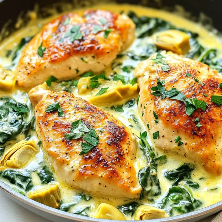- 2 boneless, skinless chicken breasts - 1 cup fresh spinach, chopped - 1 cup canned artichoke hearts, drained and chopped - 1/2 cup cream cheese, softened - 1/2 cup Greek yogurt - 1/2 cup shredded mozzarella cheese - 1/4 cup grated Parmesan cheese - 2 cloves garlic, minced - 1 tablespoon olive oil - 1/2 teaspoon dried oregano - Salt and pepper to taste - Fresh parsley for garnish When making creamy spinach artichoke chicken skillet, gather these ingredients first. You need the chicken for the main protein source. Fresh spinach adds color and nutrients. Artichoke hearts bring a unique flavor that pairs well with the creamy sauce. Next, cream cheese and Greek yogurt create a rich base. Mozzarella and Parmesan add cheesy goodness. These dairy components make the dish extra creamy and delicious. Lastly, don’t forget the garlic, olive oil, and oregano. They bring great flavor and aroma. Salt and pepper will help to enhance all the tastes. Use fresh parsley as a bright garnish that looks good and adds flavor. With these ingredients, you're ready to create a delightful meal. Each component plays its part in making this dish a hit. {{ingredient_image_1}} - Start by seasoning the chicken breasts. Use salt, pepper, and oregano on both sides. This adds flavor. - Heat olive oil in a large skillet over medium heat. Cook the chicken for about 6-7 minutes on each side. Look for a golden crust. The chicken should be fully cooked. Remove it from the skillet and set it aside. - Next, sauté the minced garlic in the same skillet. Cook it for about 1 minute until it smells good. - Lower the heat, then add the cream cheese and Greek yogurt to the skillet. Stir until they melt together. This creates a rich, creamy sauce. - Now, mix in the chopped spinach and artichoke hearts. Stir until the spinach wilts and everything blends well. - Add the mozzarella and Parmesan cheese. Mix until the cheeses melt into the sauce. This makes it extra creamy. - Return the cooked chicken to the skillet. Spoon the creamy mixture over it. Cook for another 2-3 minutes to heat the chicken through. - Taste for seasoning. Add more salt and pepper if needed. Garnish with fresh parsley before serving. Enjoy your creamy spinach artichoke chicken skillet! To get the best creaminess, set your heat to low when mixing in the cream cheese and Greek yogurt. This keeps the sauce from getting too hot too fast. Stir often to ensure a smooth texture. If you find it too thick, add a splash of chicken broth for extra creaminess. Make sure the chicken is cooked to a safe temperature of 165°F. Use a meat thermometer for accuracy. To avoid dryness, do not overcook the chicken. Cook it just until it is golden brown on both sides. Letting it rest before slicing helps retain its juices. For a zesty kick, squeeze in some fresh lemon juice. You can also sprinkle in red pepper flakes for heat. If you want to mix up the herbs, try using fresh basil or thyme. These can add new layers of flavor to your dish. Pro Tips Chicken Temperature: Ensure the internal temperature of the chicken reaches 165°F (75°C) for safe consumption. Fresh Herbs: For added flavor, consider using fresh oregano or basil instead of dried herbs. Cheese Variations: Experiment with different cheeses like feta or gouda for a unique taste profile. Make Ahead: This dish can be made ahead of time and reheated; it also freezes well for future meals. {{image_2}} You can switch chicken for other proteins. Turkey works well and stays tender. Shrimp is another good choice. It cooks fast and adds a nice taste. For a vegetarian option, use tofu. Tofu soaks up flavors, making it a great substitute. If you want dairy-free options, try cashew cream instead of cream cheese. For Greek yogurt, use coconut yogurt. Both options keep the dish creamy. You can also experiment with different cheeses. Try goat cheese for a tangy twist or cheddar for a sharper bite. You can make this dish even better with add-ins. Sun-dried tomatoes give a burst of flavor. Mushrooms add a nice texture and earthiness. You could also sprinkle nuts on top. Almonds or walnuts add a great crunch and flavor contrast. To keep your creamy spinach artichoke chicken skillet fresh, follow these steps: - Cool completely: Let the dish cool down before storing. - Use airtight containers: Choose containers that seal tightly to keep moisture out. - Refrigerate: Place the containers in the fridge right after cooling. This dish lasts for 3 to 4 days in the fridge. Always check for any off smells or changes in color before eating. If you want to save some for later, freezing is a great option. Here’s how to do it: - Cool first: Ensure the dish is completely cool before freezing. - Portion it out: Divide the dish into smaller servings for easy reheating. - Wrap well: Use freezer-safe containers or heavy-duty freezer bags. Remove as much air as possible. For reheating, simply thaw in the fridge overnight. Then, heat it in a skillet over medium-low heat until warmed through. You can also microwave it in short bursts, stirring in between. To make cooking easier, consider prepping ingredients ahead of time: - Chop veggies: Prepare spinach and artichokes a day before. - Measure dairy: Get cream cheese, Greek yogurt, and cheeses ready to go. - Season in advance: Mix garlic, salt, pepper, and oregano for quick use. For storage, use glass or BPA-free plastic containers. These are safe and keep food fresh longer. Making this dish takes about 30 minutes total. You spend 10 minutes prepping the food. The cooking time is around 20 minutes. This quick time makes it perfect for busy nights. Yes, you can use frozen spinach or artichokes. Make sure to thaw and drain them well. This helps avoid extra water in your dish. Frozen veggies can save time and still taste great. This creamy chicken skillet pairs well with various sides. You could serve it with rice or pasta. A simple salad also complements it nicely. Garlic bread is another tasty option to soak up the creamy sauce. This blog post covers everything you need to make creamy spinach artichoke chicken skillet. We outlined the main ingredients and gave step-by-step instructions to help you cook it perfectly. You learned helpful tips to enhance flavor and texture, plus storage advice for leftovers. Remember, you can try different proteins, cheeses, and add-ins to make this dish your own. Enjoy exploring the flavors and impressing your family or friends. Happy cooking!